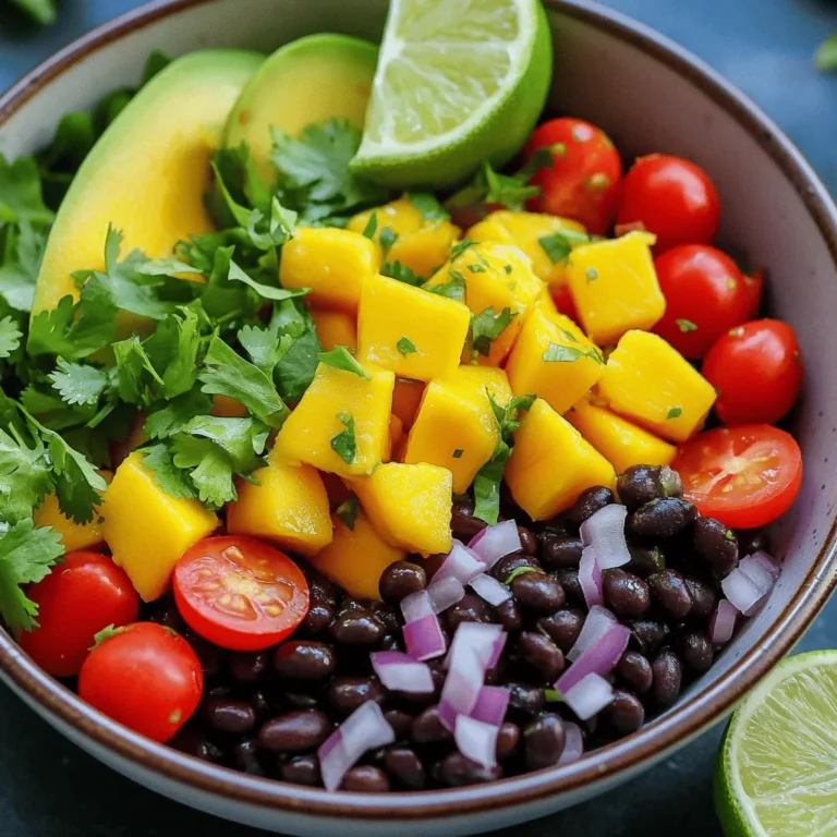 For a bright and fresh Mango Avocado Black Bean Salad, gather these key ingredients: - 1 ripe mango, diced - 1 ripe avocado, diced - 1 can (15 oz) black beans, rinsed and drained - 1 red bell pepper, diced - 1 cup cherry tomatoes, halved - 1/4 cup red onion, finely chopped - 1-2 tablespoons fresh cilantro, chopped - 1 lime, juiced - 2 tablespoons olive oil - Salt and pepper to taste - Optional: 1 jalapeño, minced (for heat) Each ingredient adds a unique flavor and texture. The mango brings sweetness, while the avocado adds creaminess. Black beans provide protein and a hearty feel. The bell pepper and tomatoes add crunch and freshness. Red onions give a slight bite, and cilantro adds a fresh herb note. Lime juice and olive oil tie everything together, giving the salad a zesty dressing. If you want some heat, the jalapeño is a great choice. Adjust the amount based on your spice preference. Enjoy the mix of flavors and colors in this delicious salad! 1. Combining main ingredients in a bowl Start by taking a large mixing bowl. Add the diced mango, diced avocado, and black beans. Mix them together gently. The mango and avocado add great flavor and creaminess. 2. Adding additional vegetables Now, it is time to add more color and crunch. Stir in the diced red bell pepper, halved cherry tomatoes, and chopped red onion. If you like heat, add minced jalapeño. This spice can really wake up the dish! 3. Preparing and adding dressing In a small bowl, whisk together the lime juice, olive oil, salt, and pepper. This dressing adds a bright, tangy flavor. Pour it over the salad mixture. 4. Tossing the salad gently Using a large spoon, toss the salad gently. Be careful not to mash the avocado. You want everything to mix well while keeping the avocado intact. This keeps the salad fresh and vibrant. Enjoy this colorful salad as a side or a light meal. Each bite brings a burst of flavor! - Choosing ripe mangoes and avocados: Look for mangoes that feel soft but not squishy. The skin should have a slight give when you press it. For avocados, choose ones that yield slightly to pressure. A ripe avocado is key for creamy texture. - How to properly wash and prepare black beans: If you use canned black beans, rinse them well under cold water. This removes excess salt and keeps your salad fresh. Drain them well to avoid extra liquid in your bowl. - Adjusting seasoning for taste: After mixing all ingredients, taste the salad. Add more salt or pepper as needed. If you want a zesty kick, squeeze in more lime juice. Remember, it's all about your personal taste! - Serving suggestions for appeal: Serve your salad in a large bowl or on individual plates. This makes it easy for guests to help themselves. Arrange it so the colors shine through, creating a feast for the eyes. - Garnishing with cilantro and lime: Top the salad with extra cilantro for a pop of green. Add lime wedges on the side for a burst of fresh flavor. This small touch makes your dish look more appealing and inviting! {{image_2}} You can easily make this salad fit your diet. - Vegan options: This recipe is already vegan! It uses fruits and veggies, plus black beans. - Gluten-free substitutions: All the ingredients are gluten-free. Enjoy without worry! You can add fun twists to your salad. - Other ingredients to customize: Try corn for sweetness or diced cucumber for crunch. - Creative variations for seasonal changes: In fall, add diced apples or pears. In winter, toss in roasted butternut squash. Feel free to mix and match! Each change brings new flavor. To keep your Mango Avocado Black Bean Salad fresh, store it in the fridge. Use an airtight container. This keeps moisture in and air out. The salad tastes best within two days. To keep the avocado from browning, use some lime juice. This citrus not only adds flavor but also slows browning. If you prepare the salad ahead, add the avocado just before serving. This keeps it bright and green. You can prepare this salad ahead for easy meals. Dice the mango, avocado, and other veggies in advance. Store them in separate containers. This way, you can mix them when you are ready to eat. For the dressing, keep it separate until serving. Whisk together lime juice, olive oil, salt, and pepper. Store it in a small jar. Shake it up before you pour it on the salad. This keeps everything fresh and tasty! Can I use frozen mango or avocado? Yes, you can use frozen mango or avocado. However, fresh fruit gives better taste and texture. Frozen fruit may become mushy when thawed. If you use frozen, let it thaw in the fridge first. How long does this salad last in the fridge? The salad lasts about two days in the fridge. After that, the avocado may brown. To slow browning, sprinkle lime juice on the avocado before mixing. Can I make it ahead of time? You can make it ahead of time. Just keep the dressing separate until you're ready to serve. This keeps the salad fresh and crisp. Mix the salad and dressing just before eating. What can I serve with it? This salad pairs well with grilled chicken or fish. It also makes a great side for tacos or burritos. Enjoy it with tortilla chips for a crunchy bite! This blog post covered a tasty mango avocado black bean salad. We detailed the ingredients, offered step-by-step instructions, and shared useful tips for perfecting your dish. You learned about dietary variations and how to store your salad properly. Remember, you can customize this salad to fit your taste. Enjoy the fresh flavors and make it your own! Cooking should be fun, so explore new ingredients and share your creations with friends.