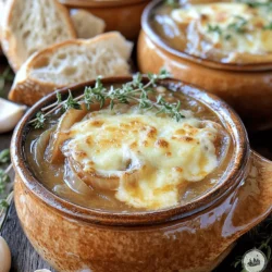 For my Crockpot French Onion Soup, you need a few key ingredients: - 4 large yellow onions, thinly sliced - 4 cloves garlic, minced - 4 cups low-sodium beef broth - 1 cup vegetable broth - 1 tablespoon olive oil - 1 tablespoon butter - 2 teaspoons dried thyme - 1 teaspoon sugar - Salt and pepper to taste - 1 French baguette, sliced - 2 cups shredded Gruyère cheese - 1 cup shredded mozzarella cheese These ingredients create a rich and savory flavor. Yellow onions are the star here. They turn sweet as they cook. Garlic adds depth, while the broths bring warmth. Adding fresh herbs and spices makes a big difference. Here are some you might enjoy: - Fresh thyme, for a bright touch - Fresh parsley, for color and flavor - Bay leaves, for added aroma Feel free to mix and match. Fresh herbs can boost the taste of your soup. Cheese is vital for French onion soup. Here are some tasty options: - Gruyère cheese, for a classic flavor - Mozzarella cheese, for meltiness - Parmesan cheese, for a sharp kick You can use one or combine them. The cheesy toast will melt perfectly, adding a delicious finish to your soup. To make great French onion soup, start with the onions. You will need four large yellow onions. Slice them thinly so they cook evenly. Heat a large skillet over medium heat. Add one tablespoon of butter and one tablespoon of olive oil. Once melted, add the onions to the pan. Stir them often for about ten minutes. They should start to soften. Next, add four cloves of minced garlic and one teaspoon of sugar. Continue to cook for another fifteen to twenty minutes. Keep stirring until the onions turn golden brown and develop a sweet flavor. This step is key to a rich soup. Once your onions are caramelized, it’s time to move them to the crockpot. Transfer the onions and garlic into the crockpot carefully. Pour in four cups of low-sodium beef broth and one cup of vegetable broth. These broths give the soup depth. Now, add two teaspoons of dried thyme, along with salt and pepper to taste. Stir everything well to mix the flavors. Make sure all the ingredients are combined. This helps the soup taste amazing. Now, it’s time to let the crockpot do its magic. Cover the crockpot and set it to cook on low heat for six to eight hours. If you are short on time, you can set it on high for three to four hours. The longer you cook, the better the flavors blend together. When the cooking time is up, taste your soup. Adjust the seasoning with more salt or pepper if needed. You want it to taste just right before serving. To caramelize onions, start with yellow onions. They have the best sweetness. Slice them thin. Use a large skillet over medium heat. Melt butter and olive oil together. Add the sliced onions and cook for about 10 minutes. Stir often until they soften. Then, add minced garlic and sugar. The sugar helps the onions brown. Cook for another 15-20 minutes. Keep stirring until the onions turn golden brown. This process brings out their sweet flavor. After cooking the soup, taste it. You can always add more salt or pepper. If it’s too salty, add a bit more broth or water. For extra flavor, try adding a pinch of dried thyme. If you want a hint of sweetness, stir in a little more sugar. Remember, start with small amounts. You can always add more, but you can’t take it away. Serve the soup in oven-safe bowls for a nice touch. Top each bowl with a slice of cheesy baguette. Broil the bread until the cheese is bubbly and golden. This adds a lovely crust to the soup. For a finishing touch, garnish with fresh thyme sprigs. It makes the dish look fresh and inviting. Enjoy your beautiful and tasty creation! {{image_2}} You can easily make a tasty vegetarian French onion soup. Just swap the beef broth for vegetable broth. Use low-sodium broth for a lighter taste. The caramelized onions still shine through, giving you that sweet flavor. Adding a bit of miso paste can deepen the umami taste, too. It makes the soup hearty and satisfying without meat. Cheese is key to a great French onion soup. Gruyère is classic, but you can mix it up! Try using Comté or Fontina for a creamy texture. Goat cheese adds a tangy twist, while cheddar gives a sharp bite. Mixing cheeses can create a richer topping. Just remember, the cheese should melt well and get bubbly! To boost your soup’s flavor, consider adding a splash of white wine. This adds acidity and depth. Dry sherry or port can also enhance the taste. Fresh herbs like rosemary or bay leaves can bring in new notes. Thyme is great, but don’t be afraid to experiment! Just remember to remove whole herbs before serving. These additions make your soup unique and delicious! To keep your leftover soup fresh, let it cool first. Pour it into an airtight container. Make sure to leave some space at the top. This helps prevent spills when it freezes. Store the container in the fridge. It will stay good for 3 to 4 days. If you want to keep it longer, consider freezing. When you’re ready to enjoy the soup again, take it out of the fridge. Pour it into a pot over medium heat. Stir it often to warm it evenly. If it seems thick, add a splash of broth or water. Heat until it’s hot, but don’t let it boil. This keeps the flavors nice and fresh. To freeze the soup, follow these steps. First, cool it down completely. Use freezer-safe containers or bags. Portion it into smaller amounts for easy serving. Label each bag or container with the date. The soup can last for up to 3 months in the freezer. When you want to eat it, thaw it in the fridge overnight. Then reheat as described above. Enjoy a warm bowl of comfort anytime! Yes, you can use pre-packaged caramelized onions. They save time and effort. Just add them to your crockpot with the broth and spices. This shortcut makes cooking easier, especially on busy days. However, fresh onions bring a deeper flavor. If you want a richer taste, I suggest making your own. French onion soup can last up to five days in the fridge. Store it in an airtight container to keep it fresh. Make sure to let it cool before sealing. If you want to keep it longer, consider freezing it. Just remember to leave out the cheese and bread until you serve it. You can serve many sides with Crockpot French onion soup. Here are some ideas: - A fresh green salad - Crusty bread or baguette slices - A light sandwich, like a turkey or ham sandwich - Cheese sticks for a fun twist These sides complement the rich flavors of the soup well. Enjoy experimenting with your favorites! You’ve learned about the key ingredients for Crockpot French Onion Soup, from its main components to great cheese options. We explored easy steps for caramelizing onions and cooking your soup to perfection. I shared tips for adjusting flavors and presenting your dish beautifully. We even talked about tasty variations and proper storage methods. Now you have the tools to make this comforting soup at home. Enjoy making it your own!