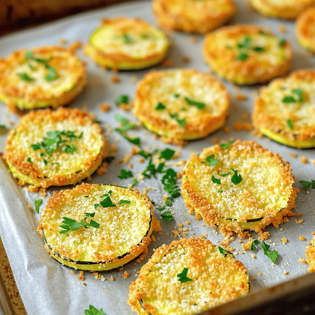 - 2 large zucchinis - 1 cup breadcrumbs - 1/2 cup grated Parmesan cheese - 1 teaspoon garlic powder - 1 teaspoon onion powder - 1 teaspoon Italian seasoning - 1/2 teaspoon salt - 1/4 teaspoon black pepper - 2 eggs, beaten - 2 tablespoons olive oil - Optional garnish: fresh parsley To make crispy baked Parmesan zucchini, gather these fresh ingredients first. You need two large zucchinis. These squash are key for a tasty treat. They should be firm and vibrant in color. Next, you’ll need one cup of breadcrumbs. Panko breadcrumbs work best for extra crunch. Then, grab half a cup of grated Parmesan cheese. This cheese adds a rich flavor. You will also need one teaspoon each of garlic powder and onion powder. Both spices enhance the taste and make it more savory. Add one teaspoon of Italian seasoning for a hint of herbs. For seasoning, you will need half a teaspoon of salt and a quarter teaspoon of black pepper. These will balance the flavors. You also need two eggs, beaten. The eggs help the breadcrumbs stick to the zucchini. Finally, use two tablespoons of olive oil to add moisture and flavor. If you want a pop of color, chop some fresh parsley for garnish. Having all these ingredients ready makes the process smooth and fun! Set your oven temperature to 425°F (220°C). This high heat helps make the zucchini crispy. Next, take a baking sheet and line it with parchment paper. This keeps the zucchini from sticking and makes cleanup easy. In a medium bowl, mix together the breadcrumbs, grated Parmesan cheese, garlic powder, onion powder, Italian seasoning, salt, and black pepper. Stir until everything blends well. In another bowl, beat the eggs and add the olive oil. Mix these two until they are combined. Take each zucchini slice and dip it into the egg mixture. Make sure to let any extra egg drip off. Now, coat the zucchini in the breadcrumb mix. Press lightly so the crumbs stick well. Repeat this step for all the slices. Place the coated zucchini rounds in a single layer on the prepared baking sheet. Make sure they are not touching each other. Bake them in the preheated oven for 20 to 25 minutes. Flip them halfway through to ensure even cooking. They should turn golden brown and crispy. When done, take them out and let them cool for a couple of minutes before you enjoy! To get the best crunch, use panko breadcrumbs. They have a light and airy texture. This gives your zucchini that perfect crunch. The egg mixture is also key. It helps the breadcrumbs stick. Just beat two eggs and mix in olive oil. This will coat the zucchini well. Dipping sauces can enhance your dish. Try marinara, ranch, or a spicy aioli. They add flavor and fun. You can pair baked zucchini with grilled chicken or fish. It adds color and taste to your meal. Zucchini is low in calories but high in nutrients. It has vitamins A and C. Plus, it contains fiber, which is good for digestion. Baking zucchini is healthier than frying. You avoid extra fat and calories. Baked zucchini still tastes great and keeps its nutrients. {{image_2}} You can boost the flavor of your crispy baked Parmesan zucchini by adding spices or herbs. Try adding crushed red pepper for heat or smoked paprika for a smoky taste. Fresh herbs like basil or thyme also work well. You can mix these into your breadcrumb mix or sprinkle them on top before baking. Experimenting with different cheeses can also transform your dish. Try mixing in some sharp cheddar or crumbled feta for a new twist. Each cheese brings a unique flavor, so feel free to get creative! If you're looking for gluten-free options, use crushed rice cereal or ground almonds instead of breadcrumbs. These alternatives provide great texture and flavor while keeping the dish gluten-free. Using crushed nuts instead of breadcrumbs is another fun way to change the dish. Almonds or walnuts add a nice crunch and nutty flavor. Just be sure to chop them finely so they stick well to the zucchini. The air fryer is a great tool for making crispy baked Parmesan zucchini. Preheat your air fryer to 400°F (200°C). Place the coated zucchini slices in a single layer in the basket. Cook them for about 10-12 minutes, flipping halfway through. You’ll achieve a great crunch with less oil! Grilling zucchini slices is another tasty option. Preheat your grill to medium heat. Brush the zucchini with olive oil and place them on the grill. Cook for about 3-4 minutes per side. This method adds a lovely smoky flavor that pairs well with the Parmesan. To keep your crispy baked Parmesan zucchini fresh, store them in an airtight container. This helps retain their crunch. Place a paper towel inside the container to absorb moisture. This method works well for keeping zucchini crispy. You can store leftovers in the fridge for up to three days. When it's time to enjoy your leftovers, reheating properly is key. The oven is best for maintaining that crunchy texture. Preheat your oven to 375°F (190°C). Place the zucchini on a baking sheet and heat for about 10 minutes. This will help them regain their crispiness. You can also use the microwave, but it won’t keep the crunch. If you choose this method, heat them for 30 seconds at a time. Check often to avoid sogginess. Enjoy your delicious zucchini, no matter how you heat them! You can use several alternatives for coating. Try crushed cornflakes, ground nuts, or oat flour. These options add crunch and flavor. Each gives a unique taste. Adjust seasonings to match your choice. For example, if using nuts, add salt and spices to enhance the flavor. You can use frozen zucchini, but it may change the texture. Frozen zucchini holds more moisture, which can make it soggy when baked. To reduce moisture, thaw and squeeze out excess water. You may need to increase cooking time slightly to ensure it cooks through. Baked zucchini pairs well with many dishes. Try serving it with marinara sauce for dipping. You can also serve it alongside grilled chicken or fish. A fresh salad or pasta is another great option. Consider adding a sprinkle of lemon juice for extra zest. This blog post covered a tasty baked zucchini recipe. We explored the required ingredients, step-by-step instructions, and helpful tips. I shared ways to ensure crispiness and suggested serving options. Several variations included flavor boosts and alternative coatings. Finally, we discussed storage and reheating tips. Baking zucchini is easy and healthy. It offers a great way to enjoy this veggie. Try it out, and remember to have fun experimenting! You'll discover new favorites. Happy cooking!