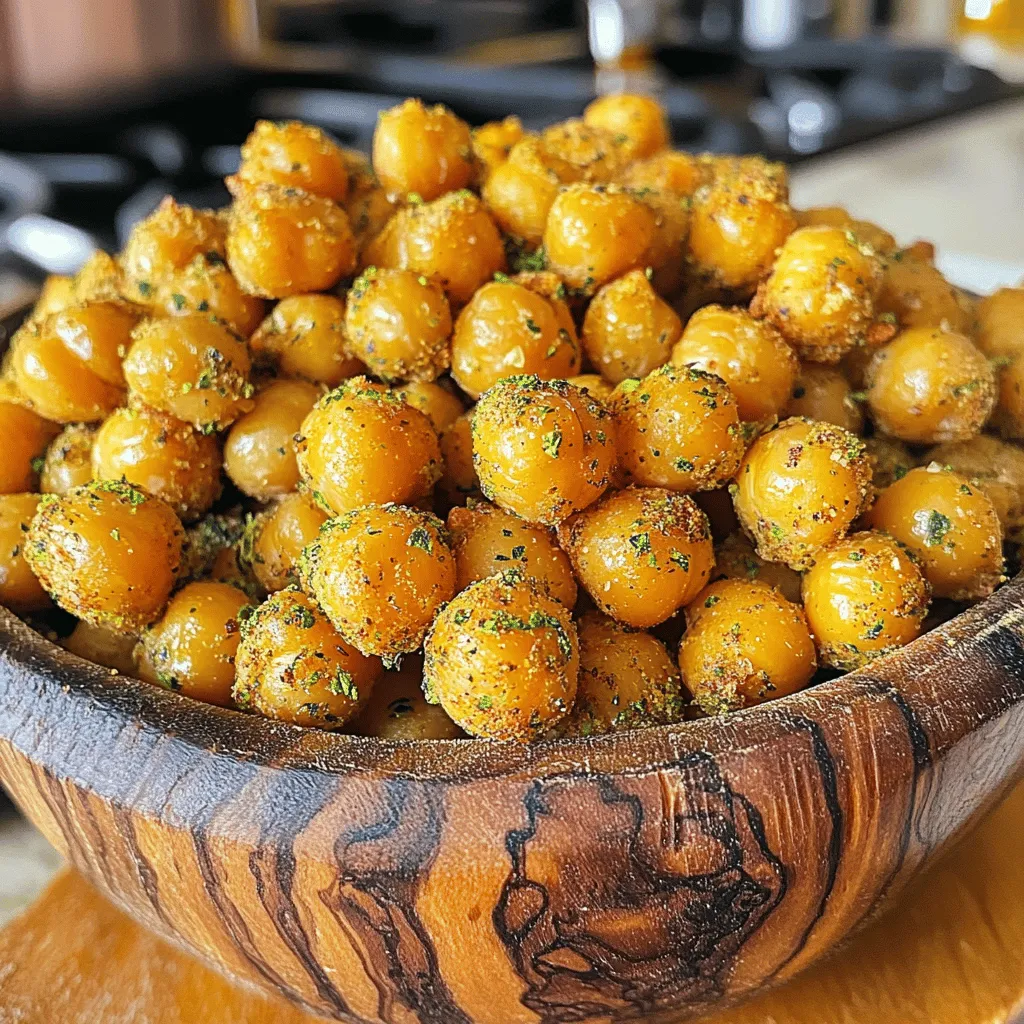To make ranch roasted chickpeas, you need: - 1 can (15 oz) chickpeas, drained and rinsed - 2 tablespoons olive oil - 1 tablespoon ranch seasoning mix (store-bought or homemade) - 1 teaspoon garlic powder - 1 teaspoon onion powder - ½ teaspoon paprika - Salt and pepper to taste If you can't find chickpeas, here are some good substitutes: - Canned white beans like cannellini or navy beans - Roasted edamame for a fun twist - Lentils, though they may not be as crunchy Making your own ranch seasoning is easy and fun! Here’s a simple recipe: - 1 tablespoon dried dill - 1 tablespoon dried parsley - 1 teaspoon garlic powder - 1 teaspoon onion powder - 1 teaspoon salt - ½ teaspoon black pepper - ½ teaspoon dried chives Mix all these spices together, and you'll have a great ranch seasoning! This blend adds a fresh taste to your roasted chickpeas. Start by preheating your oven to 400°F (200°C). This high heat helps make the chickpeas crispy. Next, take a can of chickpeas. Drain and rinse them well. Then, use a clean kitchen towel to pat them dry. This step is key for crispiness. Wet chickpeas won’t roast well. In a mixing bowl, add the dry chickpeas. Pour in 2 tablespoons of olive oil. Then, add 1 tablespoon of ranch seasoning mix, 1 teaspoon of garlic powder, 1 teaspoon of onion powder, and ½ teaspoon of paprika. Sprinkle in some salt and pepper to taste. Toss everything together until the chickpeas are well coated. Now it’s time to roast the chickpeas. Spread them in a single layer on a baking sheet lined with parchment paper. This prevents sticking and helps with even cooking. Place the baking sheet in your preheated oven. Roast for 25-30 minutes. Halfway through, shake the pan to stir the chickpeas. This ensures even roasting and crispiness. To get the best crunch, make sure the chickpeas are very dry before roasting. Use fresh ingredients like ground spices for a stronger flavor. Avoid overcrowding the pan; this can lead to steaming instead of roasting. If you want extra crunch, you can roast them a few minutes longer. Just keep an eye on them to prevent burning. Let them cool a bit before serving. They will get even crispier as they cool. To get the best crunch, start with dry chickpeas. After rinsing, use a clean towel to pat them dry. The drier they are, the crispier they will get. Spread them out on a baking sheet in a single layer. This lets hot air flow around each chickpea. Don't forget to shake the pan halfway through cooking. This helps them roast evenly. You can boost the flavor of your ranch roasted chickpeas. Try adding more spices. A pinch of cayenne adds heat. You might also mix in herbs like dill or parsley. If you want a zesty kick, squeeze some lemon juice on them after roasting. This adds a fresh taste that brightens the dish. One common mistake is using wet chickpeas. Always dry them well before roasting. Another mistake is overcrowding the pan. If the chickpeas are too close, they will steam instead of roast. Lastly, avoid skipping the shaking step. This ensures they brown evenly. These tips will help you make the perfect crunchy snack! {{image_2}} To make spicy ranch roasted chickpeas, add heat to your recipe. Just mix in 1 teaspoon of cayenne pepper or chili powder. This gives a nice kick that pairs well with ranch flavor. Roasting them at 400°F brings out the heat. You can adjust the spice level based on your taste. For herb-infused ranch roasted chickpeas, try adding fresh or dried herbs. Mix in 1 teaspoon of dried dill or thyme for added flavor. You can also use rosemary or oregano. These herbs blend nicely with ranch seasoning. They add an earthy taste that enhances the crunch. If you want a vegan or gluten-free option, you are in luck! The recipe is already vegan since chickpeas and olive oil are plant-based. Use gluten-free ranch seasoning to keep it gluten-free. You can find many brands at the store or make your own. Just combine herbs and spices that you like. This way, you can enjoy a tasty snack that fits your diet. To keep your ranch roasted chickpeas fresh, store them in an airtight container. Glass jars or plastic containers work well. Make sure the chickpeas are completely cool before sealing to avoid moisture. This will help keep them crunchy. If you want to keep them extra fresh, consider adding a small packet of silica gel to absorb any moisture. To reheat, spread the chickpeas on a baking sheet. Preheat your oven to 350°F (175°C). Heat for about 10 minutes. This will help restore their crispiness. You can also use an air fryer set to 350°F for 5-7 minutes. Avoid microwaving as this will make them soft. When stored properly, ranch roasted chickpeas last about 1 week. However, they are best enjoyed within the first few days. After a few days, they may lose some crunch. Always check for any signs of spoilage before snacking. Yes, you can use dried chickpeas. First, soak them overnight in water. Then, cook the chickpeas until tender. This takes about an hour on the stove. After cooking, drain and rinse them. Follow the same steps for roasting. Just remember to dry them well for the best crunch! Making ranch seasoning is easy. You need a few simple ingredients. Here’s a quick recipe: - 1 tablespoon dried parsley - 1 teaspoon dried dill - 1 teaspoon garlic powder - 1 teaspoon onion powder - ½ teaspoon salt - ½ teaspoon pepper Mix these together and use as needed. You can store it in a jar for later. Ranch roasted chickpeas are great as a snack. You can serve them alone or mix them with nuts. They also work well on salads. Try sprinkling them over your favorite greens. You can even add them to a wrap for some crunch. The options are endless! Yes, ranch roasted chickpeas are a healthy snack. They are high in protein and fiber. This can keep you full longer. Plus, they are low in calories compared to chips. Use olive oil for a heart-healthy fat. Overall, they make a nutritious choice for snacking! In this post, we explored how to make delicious ranch roasted chickpeas. We covered the key ingredients, substitution options, and shared a simple homemade ranch seasoning recipe. You learned the process of preparing and roasting for perfect crispiness, along with tips to enhance flavor and avoid common mistakes. We also discussed fun variations and proper storage methods. Remember, these chickpeas are tasty and fit many diets. Enjoy your cooking and feel free to experiment with flavors!