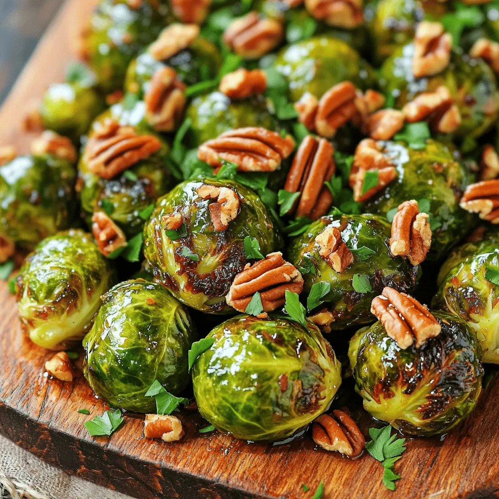 - 1 lb Brussels sprouts - 2 tablespoons olive oil - 2 tablespoons pure maple syrup - 1 tablespoon Dijon mustard - 1 teaspoon garlic powder - 1/2 teaspoon salt - 1/4 teaspoon black pepper - 1/4 teaspoon red pepper flakes (optional) - Fresh parsley, chopped - 1/4 cup chopped pecans The first step to making these Maple Dijon Roasted Brussels Sprouts is gathering the right ingredients. Fresh Brussels sprouts are a must. Look for firm, green sprouts with no yellow leaves. They should feel heavy for their size. You will need olive oil, which adds richness. Pure maple syrup gives a nice sweetness. Dijon mustard adds a tangy flavor that pairs well with the sprouts. Next, garlic powder enhances the taste. It brings depth without overpowering. Salt and black pepper add just the right amount of seasoning. Red pepper flakes are optional if you like a bit of heat. To finish, fresh parsley gives a nice pop of color. It also adds a fresh taste to the dish. If you want extra crunch, consider adding pecans. They toast nicely in the oven and add great texture. Gather these ingredients, and you are ready to make a flavorful side dish that everyone will love! First, we need to trim the Brussels sprouts. Cut off the tough ends and remove any yellow leaves. Next, slice each sprout in half. This helps them cook evenly and soak up the glaze. Now, let's preheat the oven to 400°F (200°C). This temperature is perfect for roasting. I also line a baking sheet with parchment paper. This keeps the sprouts from sticking and makes cleaning easy. In a large bowl, I whisk together the olive oil, maple syrup, Dijon mustard, garlic powder, salt, black pepper, and red pepper flakes. This glaze will give the Brussels sprouts a sweet and tangy flavor. Make sure to mix well until everything is combined. Add the halved Brussels sprouts to the bowl. Toss them in the maple-Dijon mixture until every sprout is coated. This step is key for flavor. Next, spread the Brussels sprouts in a single layer on the baking sheet. Avoid overcrowding to ensure they roast properly. Place the baking sheet in the oven and roast for 20-25 minutes. Halfway through, I turn the sprouts for even cooking. About five minutes before they're done, I sprinkle chopped pecans on top. This adds a nice crunch. Once they are golden and tender, remove the sprouts from the oven. Let them cool for a few minutes before serving. Oven temperature is key to great Brussels sprouts. I set my oven to 400°F (200°C). This heat helps them roast evenly and get crispy. When you spread them out on the baking sheet, give them space. This allows steam to escape, so they can caramelize well. To achieve caramelization, use the right time. Roast for 20-25 minutes. Halfway through, turn them over. This helps all sides get nice and brown. The edges should become tasty and crunchy. Want to spice things up? Consider adding herbs like thyme or rosemary. They bring fresh notes to the dish. You can also mix in garlic or onion powder for more depth. Adjust the sweetness and heat levels too. If you like it sweeter, add more maple syrup. For heat, toss in more red pepper flakes. Find the balance that suits your taste. Brussels sprouts pair well with many main dishes. Serve them alongside roasted chicken or grilled steak. They also fit nicely with vegetarian meals like quinoa or lentils. Get creative with your serving! Try them in a salad or as a topping for a grain bowl. You can also serve them warm or at room temperature. Enjoy the crunch and flavor! {{image_2}} You can change the glaze to suit your taste. Try using honey or agave instead of maple syrup. Both options add a sweet touch. You can also play with different mustards. Spicy brown mustard or whole grain mustard can give a nice twist. Each choice brings its own flavor to the dish. Want to make this dish heartier? Add crispy bacon or grilled chicken. Chop the bacon and cook it before mixing it with the Brussels sprouts. For chicken, use cooked and diced pieces. If you prefer a meatless option, try chickpeas or tofu. Both provide protein and blend well with the flavors. Using seasonal ingredients can enhance this dish. In fall, consider adding roasted butternut squash or sweet potatoes. In spring, asparagus or green beans work great. Nuts like walnuts or almonds can add a crunch too. For holidays, sprinkle some cranberries or pomegranate seeds on top for color and sweetness. These small changes can create a festive look and taste. To store leftovers, let the Brussels sprouts cool first. Place them in an airtight container. This keeps them fresh for about three to four days. Glass containers work well because they do not stain or absorb smells. If you use plastic, make sure it is BPA-free. The best way to reheat Brussels sprouts is in the oven. Preheat it to 350°F (175°C). Spread the sprouts on a baking sheet and heat for about 10-15 minutes. This helps them stay crisp. You can also use a skillet on medium heat. Stir them gently to avoid burning. Avoid the microwave, as it can make them soggy. Yes, you can freeze roasted Brussels sprouts! To prepare for freezing, let them cool completely. Spread them on a baking sheet in a single layer and freeze for about two hours. After they are frozen, place them in freezer bags. Remove as much air as possible. They will last up to three months in the freezer. When you pick Brussels sprouts, look for bright green ones. They should feel firm and heavy in your hand. Avoid any that are yellow or wilted. Small to medium sprouts are sweeter and more tender. If they have a small stem still attached, that's a good sign of freshness. Yes, you can prep Brussels sprouts ahead of time. Trim and halve them a day before cooking. Store them in an airtight container in the fridge. The maple-Dijon mixture can also be made ahead and kept in the fridge. Just toss everything together right before roasting for the best taste. Maple Dijon roasted Brussels sprouts pair well with many sides. Try serving them with quinoa or brown rice for a healthy grain option. Roasted sweet potatoes add sweetness and color. A simple green salad balances the meal nicely. These sides are all nutritious and will complement the flavors well. In this article, we explored how to make roasted Brussels sprouts with a sweet glaze. You learned about the key ingredients, such as maple syrup and Dijon mustard, and how to prepare, roast, and serve them perfectly. Remember to adjust flavors to your taste to enhance the dish. You can also try different glazes or proteins for variety. Enjoy these tasty Brussels sprouts as a side dish or a healthy snack! Your kitchen will smell amazing, and you'll impress everyone at your next meal.