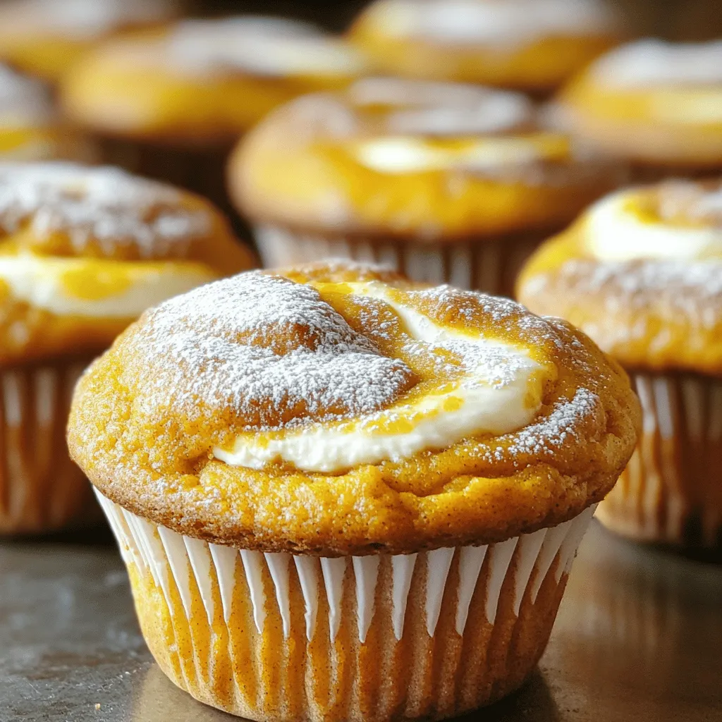 - 1 cup all-purpose flour - 1 cup whole wheat flour - 1 teaspoon baking soda - 1 teaspoon baking powder - 1 teaspoon ground cinnamon - 1/2 teaspoon ground nutmeg - 1/4 teaspoon ground ginger - 1/4 teaspoon salt - 1 cup canned pumpkin puree - 1 cup granulated sugar - 1/2 cup brown sugar, packed - 1/2 cup vegetable oil - 4 large eggs - 1 teaspoon vanilla extract - 8 oz cream cheese, softened - 1/4 cup powdered sugar - 1 teaspoon lemon juice Gathering the right ingredients is key to making great pumpkin cream cheese muffins. First, you need both all-purpose and whole wheat flour for texture. The baking soda and baking powder help the muffins rise. The spices—cinnamon, nutmeg, and ginger—give that warm, fall flavor. Don’t forget the salt; it brings out the taste. For the wet ingredients, canned pumpkin puree is perfect. It keeps the muffins moist and adds flavor. You’ll mix in granulated sugar and brown sugar for sweetness. The vegetable oil makes the muffins tender. Eggs help bind everything together, and a splash of vanilla extract adds fragrance. To create that creamy center, use softened cream cheese. Mixing it with powdered sugar and lemon juice makes it sweet and tangy. This combination is what makes these muffins special. You’ll love the mix of flavors! 1. First, preheat your oven to 350°F (175°C). This will ensure even baking. 2. Next, line a muffin tin with paper liners or grease the cups well. This helps the muffins pop out easily. 1. In a medium bowl, combine the all-purpose flour, whole wheat flour, baking soda, and baking powder. 2. Add the ground cinnamon, nutmeg, ginger, and salt. Mix well and set this bowl aside. 1. In a large bowl, mix the canned pumpkin puree, granulated sugar, and brown sugar. 2. Add the vegetable oil, eggs, and vanilla extract. Stir until the mixture is smooth and fully combined. 1. Gradually add the dry ingredients to the wet mixture. Stir just until combined. 2. A few lumps are okay; do not overmix. This keeps the muffins light and fluffy. 1. In another bowl, blend the softened cream cheese with powdered sugar and lemon juice. Mix until smooth. 2. Spoon a tablespoon of muffin batter into each muffin cup. Add a dollop of cream cheese mixture. Top with more muffin batter to cover. 1. Bake the muffins in your preheated oven for 18 to 22 minutes. 2. Check if they are done by inserting a toothpick into the center. It should come out clean. 3. Once baked, let the muffins cool in the tin for 5 minutes. Then, transfer them to a wire rack to cool completely. To avoid dry muffins, use fresh ingredients. Old flour or old eggs can hurt texture. Measure flour correctly; too much makes muffins dense. Use the spoon-and-level method for best results. This means spooning flour into your measuring cup and leveling it off with a knife. Do not overmix your batter. When you combine wet and dry ingredients, mix just until you see no dry flour. A few lumps are fine. Overmixing causes tough muffins, which we don’t want. For toppings, try pumpkin seeds or a sprinkle of cinnamon sugar. This makes muffins extra special. You can also drizzle a cream cheese glaze on top for added sweetness. Serve these muffins warm or at room temperature. They pair well with coffee or tea. You can even enjoy them for breakfast or as a snack. Bake your muffins at a steady 350°F (175°C). This temperature ensures even baking. To know when they are done, insert a toothpick into the center. If it comes out clean, your muffins are ready. If it has batter on it, bake for a few more minutes. {{image_2}} You can add nuts or chocolate chips to your muffins. Chopped walnuts or pecans give a nice crunch. Chocolate chips bring sweetness and richness to each bite. Feel free to mix and match based on your taste. For spice lovers, consider adding more cinnamon or even a dash of cloves. These spices enhance the warm flavors of pumpkin. If you want a dairy-free version, look for non-dairy cream cheese. Brands like Tofutti or Kite Hill work well. For sweeteners, try maple syrup or coconut sugar instead of granulated sugar. These options keep the muffins tasty without dairy. To make mini muffins, adjust the baking time. Fill each mini cup about halfway with batter. Bake for 12-15 minutes instead of 18-22 minutes. Check for doneness with a toothpick. This size is perfect for snacks or treats at parties. Enjoy the smaller bites of pumpkin goodness! To keep your pumpkin cream cheese muffins fresh, use a sealed container. Place a paper towel inside to absorb extra moisture. This helps the muffins stay soft. Store them at room temperature for about three days. If you want them to last longer, move them to the fridge. In the fridge, they can stay fresh for up to a week. Freezing muffins is a great way to keep them longer. First, let the muffins cool completely. Then, wrap each muffin tightly in plastic wrap. After that, place them in a freezer bag. You can store them in the freezer for up to three months. When you want to enjoy one, take it out of the freezer. Let it thaw in the fridge overnight or at room temperature for a few hours. When you are ready to eat one of your muffins, reheating can bring back the soft texture. You can use a microwave for quick results. Heat each muffin for about 15-20 seconds. If you want to keep the muffin soft, cover it with a damp paper towel while heating. For a crispier top, use an oven. Preheat it to 350°F (175°C) and warm the muffins for about 5-10 minutes. Yes, you can use fresh pumpkin. Roast and puree it first. This gives a rich flavor. Fresh pumpkin can be a little wetter, so adjust flour if needed. These muffins stay fresh for about 3 to 4 days. Store them in an airtight container. For longer storage, freeze them. Yes, you can make them gluten-free. Use a gluten-free flour blend. Check that all other ingredients are gluten-free too. You can use applesauce or mashed bananas. One egg equals 1/4 cup of these substitutes. This keeps the muffins moist and tasty. Yes, chocolate chips are a great addition! Fold in 1/2 to 1 cup of chips. They add a sweet touch to the muffins. These muffins mix wholesome ingredients for a tasty treat. We covered dry and wet ingredients, plus the cream cheese swirl that makes them special. Follow the step-by-step guide for perfect results. Remember my tips to keep them moist and fluffy. Try different flavors or make mini versions to share. Store and freeze your muffins properly to enjoy later. I hope you find the joy of baking these delightful muffins! You’ll love the process and the sweet results.