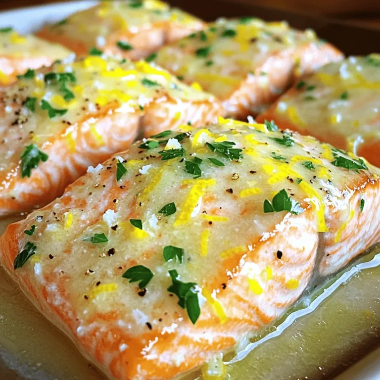 - 4 salmon fillets (6 oz each) - 3 tablespoons unsalted butter - 2 cloves garlic, minced - 1 cup heavy cream - Zest of 1 lemon - Juice of 1 lemon - 1 teaspoon Dijon mustard - Salt and pepper to taste - 2 tablespoons fresh parsley, chopped (for garnish) The main ingredients in this dish make it rich and tasty. Salmon fillets are the star, bringing healthy fats. The unsalted butter adds a creamy base. Garlic gives a nice aroma and flavor. Heavy cream pulls it all together for a smooth sauce. Lemon zest and juice brighten the dish. They help balance the richness of the cream. Dijon mustard adds a hint of tang. You get a burst of flavor in every bite. Season with salt and pepper. These simple spices enhance the taste without overpowering it. Finally, fresh parsley adds a pop of color and freshness. It makes the dish look and taste great. This list of ingredients is simple. You can find them at any grocery store. To start, pat the salmon fillets dry with paper towels. This step helps the skin crisp up nicely. Next, season both sides of the salmon with salt and pepper. This simple seasoning adds great flavor. Now, let's get the pan ready. Place a large skillet on medium heat and melt 1 tablespoon of butter. This butter will help create that rich flavor we love. Once the butter melts, add the salmon fillets skin-side down. Cook them for about 4-5 minutes, or until the skin turns crispy. You want that nice crunch! After that, carefully flip the salmon using a spatula. Cook for another 3-4 minutes, or until the salmon is cooked through. When it's ready, take the salmon out of the skillet and set it aside on a warm plate. Now, we’re going to make the sauce. In the same skillet, add the remaining 2 tablespoons of butter and the minced garlic. Sauté the garlic for 1-2 minutes until it smells amazing. Be careful not to burn it! After that, pour in 1 cup of heavy cream, along with the lemon zest, lemon juice, and 1 teaspoon of Dijon mustard. Stir the mixture constantly. Let the sauce simmer gently for about 3-4 minutes. You want it to thicken just a bit. Finally, return the salmon to the skillet, spooning the creamy sauce over each fillet. Cook together for another 2 minutes to blend those flavors perfectly. - Ensuring crispy skin: To get that perfect crisp, always dry the salmon. Use paper towels to pat it dry. Season well with salt and pepper. This helps create a nice sear. Start with a hot skillet and use enough butter. Cook skin-side down for 4-5 minutes without moving it. - Perfect doneness guide: Salmon cooks fast. Look for a light pink color in the center. The fish should flake easily with a fork. An internal temperature of 145°F means it's done. If you prefer it medium, aim for about 125°F. - Achieving the right thickness: For a creamy sauce, let it simmer. After adding the cream, cook for 3-4 minutes. Stir often to prevent burning. The sauce should coat the back of a spoon when it’s ready. - Flavor adjustments: Want more zing? Add extra lemon juice or zest. If you like it richer, toss in more butter. A pinch of salt can also enhance the flavors. Taste as you go for the best results. - Side dishes that complement: Pair the salmon with fresh veggies like asparagus or green beans. A light salad or fluffy rice also works well. You want sides that balance the richness of the sauce. - Presentation ideas: For a beautiful plate, drizzle sauce over the salmon. Sprinkle fresh parsley on top. Serve with lemon wedges for a pop of color. A colorful plate makes the dish even more inviting. {{image_2}} You can swap salmon for other proteins. For a chicken version, use chicken breasts. The cooking time will be a bit longer. Cook until the chicken reaches 165°F. For a shrimp variation, use large shrimp. Cook them for about 2-3 minutes per side. They soak up the creamy sauce well. If you're looking for low-carb options, replace the heavy cream with coconut cream. This keeps the dish rich while cutting carbs. You can also use cauliflower rice as a base instead of pasta or rice. For dairy-free options, use almond milk or cashew cream. These alternatives still give a creamy texture. Adjust the lemon zest to enhance the flavor. Using different herbs can change the taste. Try dill or basil for a fresh twist. Chives also add a nice onion flavor. Adding spices for heat is another great idea. A pinch of red pepper flakes adds warmth without overpowering the dish. For a smoky flavor, consider smoked paprika. After you enjoy your creamy lemon butter salmon, store any leftovers in the fridge. Place the salmon in an airtight container. This helps keep it fresh and tasty. Try to eat it within two days for the best flavor. If you don't have an airtight container, you can also wrap it tightly in plastic wrap or foil. To reheat the salmon, use a skillet over low heat. This helps heat it evenly without drying it out. You can also use the microwave, but be careful. Heat in short bursts and check often. Overcooking can make salmon tough and dry. If you want to freeze the salmon, wrap each piece tightly in plastic wrap. Then, place them in a freezer-safe bag or container. This helps prevent freezer burn. You can freeze it for up to three months. To thaw, place it in the fridge overnight before cooking. Cook it straight from frozen, but add a few extra minutes to the cooking time. To check if your salmon is cooked, look at the color. It should be opaque and flake easily with a fork. You can also test the thickest part of the fish. If it feels firm, it's done. Using a thermometer is another great way to check doneness. Insert it into the thickest part of the salmon. The internal temperature should reach 145°F (63°C). This ensures the fish is safe to eat and not overcooked. Yes, you can use frozen salmon. Just make sure to thaw it properly for the best results. The best practice for thawing is to place the salmon in the fridge overnight. If you're short on time, you can seal it in a bag and submerge it in cold water for about an hour. If you want a creamy texture without heavy cream, there are several options. You can use half-and-half or whole milk, but the sauce may not be as rich. For non-dairy substitutes, try coconut cream or cashew cream. Both add creaminess without dairy. Just remember, these substitutes can change the flavor slightly, so adjust to your taste. This post shared how to make a tasty salmon dish. We covered the main ingredients, like salmon and garlic, plus ways to boost flavor with lemon and mustard. I gave step-by-step tips for cooking salmon perfectly and making a creamy sauce. You learned how to store leftovers and even adjust recipes. My final thought: this dish is flexible and easy. You can impress anyone with it, so get cooking!