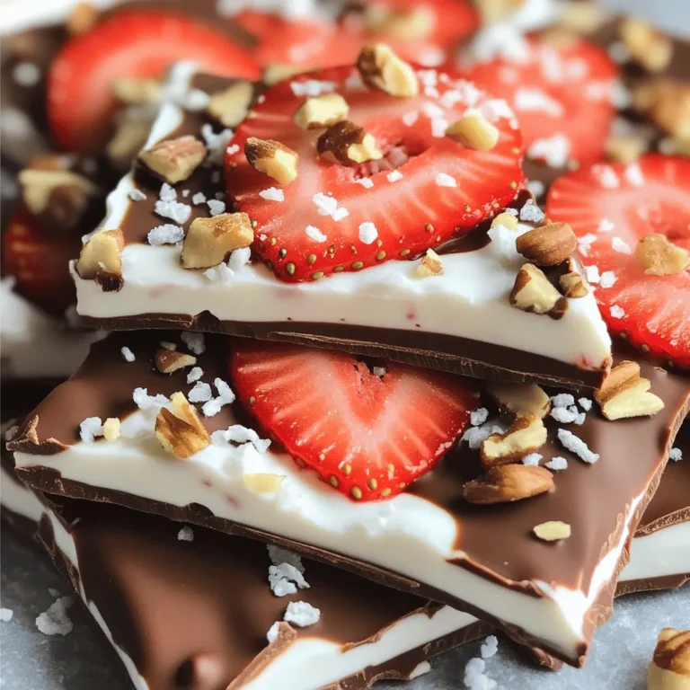 To make Chocolate Dipped Strawberry Yogurt Bark, gather these simple ingredients: - 2 cups Greek yogurt (plain or vanilla) - 1 tablespoon honey or maple syrup - 1 teaspoon vanilla extract - 1 cup fresh strawberries, hulled and sliced - 1/2 cup dark chocolate chips - 1 tablespoon coconut oil (optional, for smoother chocolate) - A pinch of sea salt - Optional toppings: chopped nuts, shredded coconut, or granola You can easily change up the flavors and textures in this bark. Here are some fun ideas: - Swap Greek yogurt for dairy-free yogurt for a vegan option. - Use mixed berries like blueberries or raspberries for a twist. - Add a scoop of nut butter for a richer taste. - Use white chocolate chips instead of dark chocolate for a sweeter version. This treat is not only delicious but also offers some health benefits. Here’s a rough idea of what you get per serving (about 1 piece): - Calories: 120 - Protein: 6 grams - Carbs: 15 grams - Fat: 6 grams - Fiber: 1 gram - Sugar: 5 grams This snack is rich in protein from yogurt and vitamins from strawberries. Enjoy it without guilt! Start by grabbing a medium bowl. Add 2 cups of Greek yogurt. You can use plain or vanilla for flavor. Next, pour in 1 tablespoon of honey or maple syrup. This sweetens up the yogurt. Add 1 teaspoon of vanilla extract for extra taste. Mix everything well until it looks smooth and creamy. Now, take a baking sheet and line it with parchment paper. This helps with easy cleanup later. Pour the yogurt mixture onto the parchment. Spread it out evenly to about 1/4 inch thick. Next, take 1 cup of fresh strawberries and slice them. Arrange the sliced strawberries over the yogurt. Press them down gently so they stick. For the chocolate, grab a microwave-safe bowl. Put in 1/2 cup of dark chocolate chips. If you want smoother chocolate, add 1 tablespoon of coconut oil. Heat in the microwave in 30-second bursts. Stir in between until the chocolate is fully melted. Drizzle the melted chocolate over the yogurt and strawberries. Use a toothpick to swirl it a bit for a nice look. To get the best texture for your yogurt bark, use full-fat Greek yogurt. It gives a rich and creamy base. Mixing in honey or maple syrup adds a nice sweetness. Be sure to spread the yogurt evenly on the baking sheet. Aim for about 1/4 inch thick. This helps it freeze well and break apart easily later. When melting chocolate, use a microwave-safe bowl. Combine the dark chocolate chips with coconut oil if you want a smoother mix. Microwave in short bursts of 30 seconds. Stir the chocolate in between each round. This method avoids burning and helps it melt evenly. The key is to stop when the chocolate is mostly melted. Stirring will finish the job! Once your bark is frozen, break it into pieces. Serve it on a platter with extra toppings like nuts, coconut, or granola on the side. This lets everyone customize their pieces. You can also pair it with fresh fruit for a bright touch. Enjoy this treat as a snack or dessert! {{image_2}} You can switch up the flavors in your yogurt bark. Try adding peanut butter or almond butter to the yogurt mix. You can also blend in some cocoa powder for a richer taste. Mix in a little cinnamon for a warm flavor. Each twist makes a new treat. While strawberries shine in this recipe, you have many choices. Ripe bananas add sweetness and creaminess. Blueberries give a burst of flavor and color. Cherries can bring a tart note, while raspberries add a lovely tang. Feel free to use your favorite fruits! Greek yogurt is great for this bark, but you can use regular yogurt too. If you want a lighter option, try non-fat yogurt. For a creamier texture, use full-fat yogurt. You can even use plant-based yogurt for a dairy-free treat. To keep your Chocolate Dipped Strawberry Yogurt Bark fresh, store it in an airtight container. This will prevent freezer burn and keep the bark tasting great. You can also wrap each piece in plastic wrap before placing it in the container. This extra step stops the flavors from mixing. When stored properly, the yogurt bark stays fresh in the freezer for up to two months. It’s best to enjoy it within this time for the best taste and texture. After two months, it may still be safe to eat, but the quality may drop. To enjoy the bark, take it out of the freezer and let it thaw for about five minutes. This short wait makes it easier to bite into. If you prefer it cold and crunchy, you can eat it straight from the freezer. Just keep an eye on it, as it melts quickly! Yes, you can use frozen strawberries. Just thaw them first. Slice them once they are soft. This helps them mix well with the yogurt. Keep in mind that frozen strawberries may add extra moisture. You may want to drain them slightly before using. The best yogurt to use is Greek yogurt. It is thick and creamy. Plain or vanilla flavors work great. Greek yogurt gives the bark a rich taste and adds protein. If you prefer regular yogurt, that works too, but the texture will be thinner. To make this treat dairy-free, use coconut yogurt. It has a similar texture and taste. You can also swap dark chocolate chips for dairy-free ones. Adding a sweetener like maple syrup keeps it tasty. This way, everyone can enjoy the bark! This blog post covered how to create a delicious yogurt and strawberry treat. We talked about the key ingredients and optional variations. The step-by-step guide helped you prepare the yogurt mix, arrange strawberries, and melt chocolate. I shared tips for the perfect texture and best storage practices. In the end, feel free to experiment with flavors and fruits. Enjoy your creation, and make it your own.