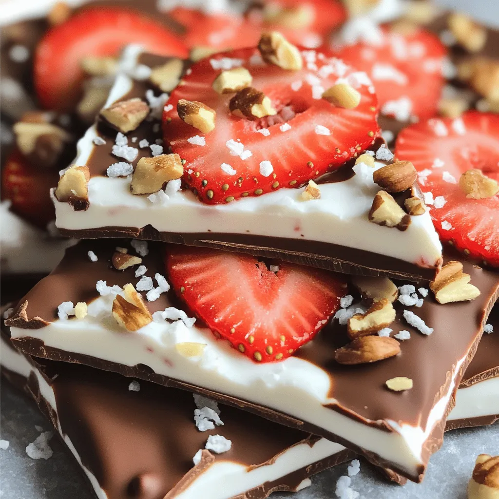 To make Chocolate Dipped Strawberry Yogurt Bark, gather these simple ingredients: - 2 cups Greek yogurt (plain or vanilla) - 1 tablespoon honey or maple syrup - 1 teaspoon vanilla extract - 1 cup fresh strawberries, hulled and sliced - 1/2 cup dark chocolate chips - 1 tablespoon coconut oil (optional, for smoother chocolate) - A pinch of sea salt - Optional toppings: chopped nuts, shredded coconut, or granola You can easily change up the flavors and textures in this bark. Here are some fun ideas: - Swap Greek yogurt for dairy-free yogurt for a vegan option. - Use mixed berries like blueberries or raspberries for a twist. - Add a scoop of nut butter for a richer taste. - Use white chocolate chips instead of dark chocolate for a sweeter version. This treat is not only delicious but also offers some health benefits. Here’s a rough idea of what you get per serving (about 1 piece): - Calories: 120 - Protein: 6 grams - Carbs: 15 grams - Fat: 6 grams - Fiber: 1 gram - Sugar: 5 grams This snack is rich in protein from yogurt and vitamins from strawberries. Enjoy it without guilt! Start by grabbing a medium bowl. Add 2 cups of Greek yogurt. You can use plain or vanilla for flavor. Next, pour in 1 tablespoon of honey or maple syrup. This sweetens up the yogurt. Add 1 teaspoon of vanilla extract for extra taste. Mix everything well until it looks smooth and creamy. Now, take a baking sheet and line it with parchment paper. This helps with easy cleanup later. Pour the yogurt mixture onto the parchment. Spread it out evenly to about 1/4 inch thick. Next, take 1 cup of fresh strawberries and slice them. Arrange the sliced strawberries over the yogurt. Press them down gently so they stick. For the chocolate, grab a microwave-safe bowl. Put in 1/2 cup of dark chocolate chips. If you want smoother chocolate, add 1 tablespoon of coconut oil. Heat in the microwave in 30-second bursts. Stir in between until the chocolate is fully melted. Drizzle the melted chocolate over the yogurt and strawberries. Use a toothpick to swirl it a bit for a nice look. To get the best texture for your yogurt bark, use full-fat Greek yogurt. It gives a rich and creamy base. Mixing in honey or maple syrup adds a nice sweetness. Be sure to spread the yogurt evenly on the baking sheet. Aim for about 1/4 inch thick. This helps it freeze well and break apart easily later. When melting chocolate, use a microwave-safe bowl. Combine the dark chocolate chips with coconut oil if you want a smoother mix. Microwave in short bursts of 30 seconds. Stir the chocolate in between each round. This method avoids burning and helps it melt evenly. The key is to stop when the chocolate is mostly melted. Stirring will finish the job! Once your bark is frozen, break it into pieces. Serve it on a platter with extra toppings like nuts, coconut, or granola on the side. This lets everyone customize their pieces. You can also pair it with fresh fruit for a bright touch. Enjoy this treat as a snack or dessert! {{image_2}} You can switch up the flavors in your yogurt bark. Try adding peanut butter or almond butter to the yogurt mix. You can also blend in some cocoa powder for a richer taste. Mix in a little cinnamon for a warm flavor. Each twist makes a new treat. While strawberries shine in this recipe, you have many choices. Ripe bananas add sweetness and creaminess. Blueberries give a burst of flavor and color. Cherries can bring a tart note, while raspberries add a lovely tang. Feel free to use your favorite fruits! Greek yogurt is great for this bark, but you can use regular yogurt too. If you want a lighter option, try non-fat yogurt. For a creamier texture, use full-fat yogurt. You can even use plant-based yogurt for a dairy-free treat. To keep your Chocolate Dipped Strawberry Yogurt Bark fresh, store it in an airtight container. This will prevent freezer burn and keep the bark tasting great. You can also wrap each piece in plastic wrap before placing it in the container. This extra step stops the flavors from mixing. When stored properly, the yogurt bark stays fresh in the freezer for up to two months. It’s best to enjoy it within this time for the best taste and texture. After two months, it may still be safe to eat, but the quality may drop. To enjoy the bark, take it out of the freezer and let it thaw for about five minutes. This short wait makes it easier to bite into. If you prefer it cold and crunchy, you can eat it straight from the freezer. Just keep an eye on it, as it melts quickly! Yes, you can use frozen strawberries. Just thaw them first. Slice them once they are soft. This helps them mix well with the yogurt. Keep in mind that frozen strawberries may add extra moisture. You may want to drain them slightly before using. The best yogurt to use is Greek yogurt. It is thick and creamy. Plain or vanilla flavors work great. Greek yogurt gives the bark a rich taste and adds protein. If you prefer regular yogurt, that works too, but the texture will be thinner. To make this treat dairy-free, use coconut yogurt. It has a similar texture and taste. You can also swap dark chocolate chips for dairy-free ones. Adding a sweetener like maple syrup keeps it tasty. This way, everyone can enjoy the bark! This blog post covered how to create a delicious yogurt and strawberry treat. We talked about the key ingredients and optional variations. The step-by-step guide helped you prepare the yogurt mix, arrange strawberries, and melt chocolate. I shared tips for the perfect texture and best storage practices. In the end, feel free to experiment with flavors and fruits. Enjoy your creation, and make it your own.