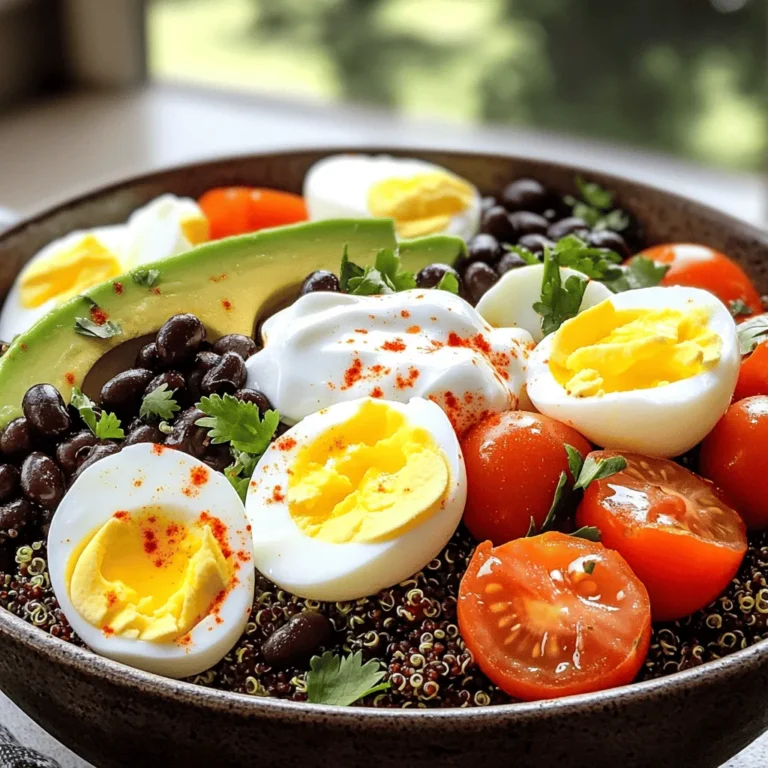 - 1 cup cooked quinoa - 2 large eggs - 1/2 cup black beans, rinsed and drained - 1 small avocado, diced - 1/2 cup cherry tomatoes, halved - 1/4 cup Greek yogurt - 2 tablespoons chopped fresh cilantro - 1 tablespoon lime juice - Salt and pepper to taste - Chili flakes (optional for a kick) These ingredients come together to create a high-protein breakfast bowl that is both tasty and filling. The cooked quinoa serves as a hearty base. Quinoa is not just a grain; it's a complete protein. This means it has all nine essential amino acids. Next, we have large eggs. Eggs are a classic protein source and are rich in nutrients. They help keep you full and energized throughout the morning. Then, we add black beans. These legumes are high in protein and fiber. They add a creamy texture and earthy flavor to the bowl. For some fresh flavors, we include avocado and cherry tomatoes. The avocado adds healthy fats, while the tomatoes bring a burst of sweetness. Topping the bowl with Greek yogurt gives extra creaminess and protein. Fresh cilantro adds a bright touch. The lime juice gives a zesty kick, balancing the flavors. Finally, season with salt, pepper, and perhaps some chili flakes for heat. This combination makes a delightful breakfast bowl that is quick to prepare and full of nutrition. To make soft-boiled eggs, start by boiling some water in a small pot. Once the water is bubbling, gently add the eggs. Boil them for about 6-7 minutes. This time keeps the yolks runny and creamy. After boiling, quickly place the eggs in cold water. This stops the cooking and makes them easy to peel. Once cooled, tap the eggs gently to crack the shell. Peel them under running water to help remove the shell smoothly. If you don't have cooked quinoa on hand, you can cook it quickly. Measure one cup of quinoa and rinse it well under cold water. Combine it with two cups of water in a pot. Bring it to a boil, then cover and simmer on low heat for about 15 minutes. When it's done, fluff it with a fork. You can also try other grains like farro or brown rice if you like. These grains work well and add different flavors. Now, it's time to mix your ingredients! In a large bowl, add the cooked quinoa, black beans, diced avocado, and cherry tomatoes. Squeeze lime juice over the mix and sprinkle salt and pepper. Toss everything gently so it's well combined. To serve, divide the mixture into bowls. Top each bowl with sliced eggs and a dollop of Greek yogurt in the center. Finish with chopped cilantro and chili flakes for a spicy kick. Enjoy your high-protein breakfast bowl right away! To get fluffy quinoa, rinse it first. This removes bitter saponins. Use a ratio of 1 cup quinoa to 2 cups water. Bring it to a boil, then reduce heat and cover. Cook for about 15 minutes. Let it sit for 5 minutes off the heat. Fluff it with a fork before serving. For the eggs, soft-boil them for 6-7 minutes. This keeps the yolk runny and creamy. For hard-boiled eggs, cook them for 9-12 minutes. After boiling, place the eggs in cold water. This makes peeling easier. Pair your breakfast bowl with a slice of whole-grain toast. This adds fiber and keeps you full. You can also add a handful of spinach or kale for extra nutrients. Try layering the ingredients for an eye-catching look. Place the quinoa on the bottom, then add the beans, avocado, and eggs on top. Spices add a kick to your bowl. Try adding cumin or smoked paprika for depth. A dash of chili flakes can spice things up too. For toppings, consider crumbled feta or sliced jalapeños. You can also include any leftover veggies from dinner. They can add flavor and nutrition. Mix in some roasted peppers or sautéed mushrooms for a twist. {{image_2}} If you want a vegetarian bowl, try using tofu or tempeh instead of eggs. Tofu scrambles well and gives protein too. You can sauté it with some spices for added flavor. Tempeh is another great choice. It has a nutty taste and is packed with protein. For veggies, add spinach, bell peppers, or zucchini. These add color and nutrients. You can roast or sauté them to enhance their flavors. This makes your breakfast bowl even more filling and fun! To make this dish vegan, swap Greek yogurt for plant-based yogurt. Almond, coconut, or soy options work well. They keep the creaminess and flavor without using dairy. If you want a thicker texture, try a cashew cream. You can also replace quinoa with other grains like brown rice or farro for variety. Just make sure they are cooked before adding to your bowl. This gives you a hearty meal that is still full of plant-based protein. To change the flavor, explore spices from various cuisines. Add cumin for a Mexican twist or curry powder for an Indian flair. You can also use herbs like basil or parsley for freshness. If you prefer sweet, consider adding fruits like berries or banana slices. Drizzles of honey or maple syrup can make it sweeter too. This way, you can enjoy a tasty and different breakfast bowl every time you make it! To keep your breakfast bowls fresh, store leftovers in the fridge. Use airtight containers to prevent any spills or odors. It's best to separate the eggs from the quinoa mix. This helps keep the eggs from getting soggy. When you're ready to enjoy your breakfast bowl again, there are a few easy methods. You can use the microwave; just heat in short bursts. Stir between each burst to ensure even heating. If you have time, try reheating in a pan on low heat. This method helps keep the texture of the eggs and quinoa. To maintain texture and flavor, avoid overcooking. If the bowl seems dry, add a splash of water or lime juice. This will help bring back moisture. Preparing your breakfast bowls in advance saves time on busy mornings. You can cook the quinoa and beans a few days ahead. Store them in the fridge, and they will stay fresh for up to four days. Chop your avocado and tomatoes just before serving to keep them fresh. Try to keep the eggs separate until you are ready to eat. This way, everything stays tasty and appealing. You can add a few more protein sources to your breakfast bowl. Here are some ideas: - Tofu: Use firm tofu, sautéed or scrambled. - Chickpeas: Add canned chickpeas for a nutty flavor. - Nuts and seeds: Top with almonds, walnuts, or pumpkin seeds. - Protein powder: Mix a scoop into your yogurt or quinoa. These options boost protein while keeping your meal tasty and filling. Yes, you can meal prep this breakfast bowl! Here’s how: - Cook the quinoa: Prepare it in advance and store it in the fridge. - Boil the eggs: Make soft-boiled eggs, then cool and peel them. - Chop veggies: Dice avocado and halve tomatoes ahead of time. Store each component in separate containers. This way, you can grab and assemble your bowl easily! Feel free to get creative with your breakfast bowl! Here are some ideas based on your diet: - Vegetables: Add spinach, bell peppers, or kale for extra nutrients. - Cheese: Sprinkle feta or goat cheese for a creamy texture. - Whole grains: Swap quinoa for brown rice or farro. - Dressing: Use a yogurt-based dressing or a balsamic glaze for flavor. These changes keep your breakfast fresh and exciting. Yes, high-protein breakfasts can help with weight loss. Here’s why: - Satiation: Protein keeps you full longer, reducing snacking. - Muscle maintenance: It helps maintain muscle while losing fat. - Metabolism boost: Protein requires more energy to digest, which can raise metabolism. Incorporating protein in your breakfast supports your weight loss goals effectively. This breakfast bowl features cooked quinoa, eggs, and black beans. You learned steps for cooking perfect eggs and quinoa. We discussed assembling your bowl and offered tips for flavor and nutrition. Don’t forget the variations for vegetarians and vegans. Proper storage ensures you enjoy leftovers and meal prep saves time. High-protein breakfasts support weight loss. I hope you feel inspired to create your own tasty breakfast bowls and make them your own!