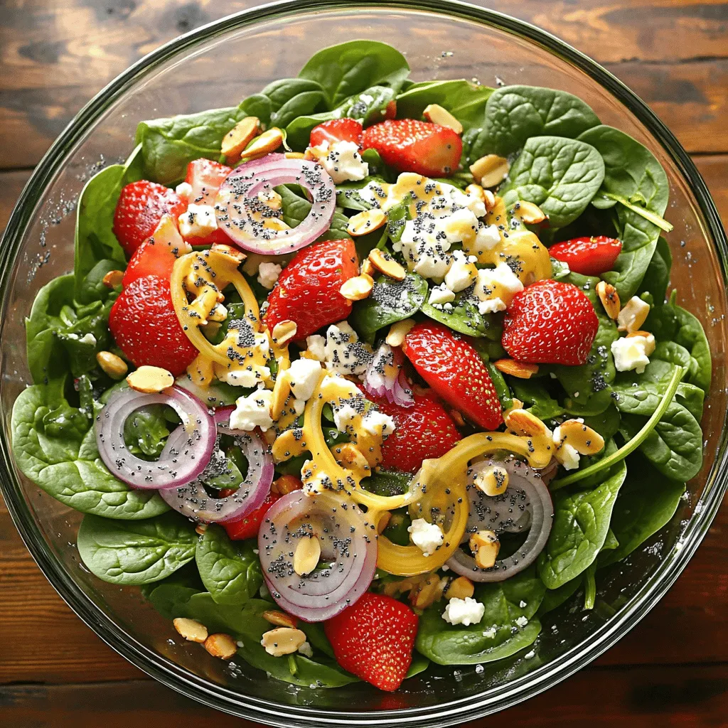 For this Strawberry Spinach Poppy Seed Salad, you need fresh ingredients for a bright taste. Here’s what you need: - 6 cups fresh spinach leaves, washed and dried - 2 cups fresh strawberries, hulled and sliced - 1/2 cup red onion, thinly sliced - 1/4 cup sliced almonds, toasted - 1/4 cup feta cheese, crumbled The spinach acts as a soft base. Strawberries bring sweetness and color. Red onions add a nice crunch and bite. The sliced almonds give a nutty flavor, while feta cheese adds creaminess. A good dressing makes every salad shine. For the dressing, you will need: - 1/2 cup olive oil - 1/4 cup apple cider vinegar - 2 tablespoons honey - 1/4 cup poppy seeds - Salt and pepper to taste This dressing is simple but full of flavor. Olive oil and apple cider vinegar create a great balance. Honey adds a sweet touch, and poppy seeds give it unique flavor and texture. Don’t forget to add salt and pepper to taste! You can make this salad your own with some optional toppings. Consider these add-ons: - Additional strawberry slices - Extra feta cheese - Chopped herbs like mint or basil - Avocado slices for creaminess Adding these toppings can change the salad’s taste. They also make it more colorful and fun. Experiment with your favorite flavors to create your perfect salad! To start, gather your dressing ingredients. You need olive oil, apple cider vinegar, honey, poppy seeds, salt, and pepper. Measure out each ingredient carefully. In a small bowl or jar, combine them all. Whisk or shake well until the mixture is smooth and blended. This step is key for a tasty salad. Now, let's move to the salad. Take a large mixing bowl and add the fresh spinach leaves. Make sure they are washed and dried. Next, add the sliced strawberries and thinly sliced red onion. These colors and flavors make the salad pop! Drizzle the prepared dressing over the salad. Toss gently to coat the leaves and fruits. This helps every bite taste great. Finally, sprinkle the toasted almonds and crumbled feta cheese on top. Give it one last gentle toss to mix everything nicely. You can serve the salad right away for the best taste. If you prefer a bit more flavor, refrigerate it for 10-15 minutes before serving. This allows the flavors to blend beautifully. For a stunning presentation, use a large glass bowl. It shows off the vibrant colors. Add extra strawberry slices and a sprinkle of poppy seeds on top for a lovely finish. Enjoy this fresh and bright salad! To make a great strawberry spinach poppy seed salad, start with fresh ingredients. Look for spinach that is bright green and crisp. Avoid any wilted or yellow leaves. Choose strawberries that are plump and firm. The best strawberries have a deep red color. Visit local farmers' markets for the freshest options. You may also find organic choices there. Red onions should be firm and have a nice color too. For the best taste, try to buy them the same day you plan to make the salad. When tossing your salad, keep it gentle. You want to mix the ingredients without crushing them. Start with the spinach and strawberries in a large bowl. Drizzle the dressing over the top. Use your hands or salad tongs to toss. Move from the bottom to the top, lifting the leaves. This method helps coat everything evenly. Add the red onion, almonds, and feta last. Just a quick toss will mix these toppings in nicely. This keeps everything fresh and crunchy! Presentation is key for any dish. Serve your salad in a large glass bowl. This way, the colors pop and look inviting. Top it with extra strawberry slices for a fresh touch. A sprinkle of poppy seeds adds a nice contrast. Consider adding a few whole almonds on top too. This gives it a rustic look. Serve the salad right away for the best taste. If you want the flavors to blend, chill it for 10-15 minutes before serving. Enjoy how beautiful and colorful your salad looks! {{image_2}} You can change the fruit in this salad to fit the season. For spring, try adding ripe peaches or juicy blueberries. In fall, use diced apples or pears. Each fruit brings new flavors and colors. This keeps the salad fresh and exciting all year. You can use whatever fruit you enjoy. Mix and match to find your favorite combo! If you want to switch up the nuts, try walnuts or pecans instead of almonds. Each nut has its own taste and crunch. Walnuts add a rich flavor, while pecans are sweet and buttery. You can also skip the nuts for a nut-free option. This way, you can cater to different diets and preferences. To make this salad vegan or dairy-free, skip the feta cheese. You can replace it with avocado for creaminess. Another option is to use sunflower seeds for added texture and nutrition. Make sure your dressing is dairy-free too. Use maple syrup instead of honey to keep it vegan. This way, everyone can enjoy your delicious salad! To store leftover salad, place it in an airtight container. You want to keep the spinach fresh. Cover the container tightly to block air. The salad will stay good for about 1 day. If you notice any sogginess, remove the wet items before storing. Always store it in the fridge. You can store the dressing in a separate jar. Keep it in the fridge for up to a week. Before using it again, shake it well. The oil and vinegar may separate, so mixing is key. If you want a fresh taste, consider making a new batch. To maintain freshness, keep the salad and dressing apart. Mix them only when ready to serve. This way, the spinach stays crisp and the strawberries stay bright. If you add toppings like almonds or feta, store them separately too. This keeps everything at its best for longer. Yes, you can make the dressing ahead. Mix the olive oil, apple cider vinegar, honey, poppy seeds, salt, and pepper in a jar. Shake it well and store it in the fridge. It will stay fresh for up to a week. This helps the flavors blend together nicely. Just give it a good shake before using it. If you want to replace feta cheese, try goat cheese or ricotta. Both add a creamy texture. You can also use vegan cheese for a dairy-free option. Crumbled tofu works well too, giving a nice bite without dairy. Choose what fits your taste best. The salad lasts about 1-2 days in the fridge. Keep it in an airtight container. The spinach may wilt over time, but it will still taste good. To keep it fresh, store the dressing separately. Add it just before serving. This post shared how to make a fresh salad with delicious dressings and toppings. You learned about sourcing the best ingredients and creative variations to enhance flavors. Remember to store leftovers properly for freshness. Enjoy trying different fruits and nut options to keep it exciting. Making salads can be fun and easy. With these tips and steps, your next salad will impress everyone. Keep experimenting to find your favorite mix!