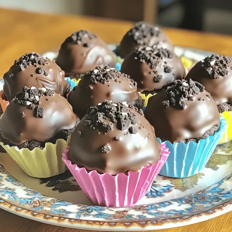 - 1 package (15.25 oz) Oreo cookies (regular or double stuff) - ½ cup unsalted butter, softened - 1 cup all-purpose flour (heat-treated) - 1 cup powdered sugar - ½ teaspoon vanilla extract - 1 cup chocolate chips (milk or dark) - 1 tablespoon coconut oil (for melting the chocolate) - Extra crushed Oreos (for coating, optional) To make No-Bake Oreo Cookie Dough Truffles, gather your main ingredients first. Start with the Oreo cookies. You can use regular or double stuff, depending on your taste. The cookies give the truffles their rich flavor. Next, you need unsalted butter. Make sure it is softened. This helps blend the ingredients smoothly. Then, heat-treat your all-purpose flour. This step is key to keeping your truffles safe to eat. It removes any harmful bacteria. After that, grab powdered sugar and vanilla extract. These add sweetness and flavor. For the chocolate coating, use chocolate chips. You can choose milk or dark chocolate based on your preference. Finally, add coconut oil to help melt the chocolate smoothly. If you want to make your truffles even more special, consider extra crushed Oreos for garnishing. These will add a nice touch when you decorate your truffles! To crush Oreo cookies, start with a food processor. Add the cookies and pulse them until they turn into fine crumbs. This process should take about 30 seconds. If you don’t have a food processor, you can place the cookies in a zip-top bag and crush them with a rolling pin. Just make sure the crumbs are small and even. Set aside some crumbs for later use. In a large bowl, combine the softened butter, heat-treated flour, powdered sugar, vanilla extract, and the crushed Oreos. Mix these ingredients together with a spatula or your hands. You want to form a dough that is thick but easy to shape. Make sure there are no dry spots left in the dough. Take about one tablespoon of the dough and roll it into a ball between your hands. Try to make all the balls the same size for even cooking. Place the rolled balls on a baking sheet lined with parchment paper. After shaping all the truffles, place the baking sheet in the fridge for about 30 minutes. This chilling step helps the truffles hold their shape later. To melt the chocolate, put the chocolate chips and coconut oil in a microwave-safe bowl. Heat it in the microwave in 30-second bursts, stirring each time until it’s smooth. If you prefer, you can use a double boiler. Once melted, dip each truffle into the chocolate. Make sure the truffles are fully coated. Use a fork to lift them out and tap off the excess chocolate before returning them to the baking sheet. While the chocolate is still wet, you can sprinkle the reserved crushed Oreos on top. This adds a nice touch and extra flavor. You can also get creative with other toppings like sprinkles or chopped nuts. Just remember to add these decorations before the chocolate hardens for the best results. To get the right texture, use heat-treated flour. Raw flour can carry germs, so it’s best to heat-treat it first. You can do this by baking it at 350°F for about five minutes. This step ensures your truffle dough is safe and tasty. To make sure your dough is moldable, mix the butter well with the flour and sugar. If the mixture feels too dry, add a spoonful of milk to help it come together. Melting chocolate can be tricky. To prevent it from seizing, avoid getting water in it. Water can ruin the smooth texture. Use a microwave-safe bowl and heat the chocolate in short bursts. Stir in between to ensure even melting. You can also use a double boiler. Simply place a bowl over simmering water, and stir the chocolate until it melts smoothly. Presentation adds joy to any treat. Arrange your No-Bake Oreo Cookie Dough Truffles on a nice platter. You can also use decorative boxes for gifting. For a fun touch, place each truffle in a cupcake liner. This not only looks great but also makes them easy to grab. Adding extra crushed Oreos on top gives it a nice finish. Enjoy your tasty treats in style! {{image_2}} You can change the cookie type for fun new flavors. Try using Golden Oreos for a lighter taste. If you want to add a twist, use other cookies like peanut butter or mint Oreos. You can also add flavor extracts. A few drops of mint or almond extract can give your truffles an extra kick. Be careful not to add too much, as it can overpower the Oreo taste. The coating options for these truffles are endless. You can use white chocolate instead of milk or dark chocolate for a sweet contrast. Crushed nuts give a nice crunch. Mix your toppings for fun textures. Try combining crushed Oreos with sprinkles or chopped nuts for a colorful look. This makes each truffle unique and fun to eat. If you want vegan truffles, use dairy-free chocolate and vegan butter. This keeps the treat tasty and friendly for all diets. For gluten-free options, you can find gluten-free Oreos and a gluten-free flour blend. This way, everyone can enjoy these sweet bites without worry. Adjusting the recipe means anyone can join in on the fun! To keep your truffles fresh, use an airtight container. A glass or plastic container works well. Line the bottom with parchment paper to prevent sticking. Store the truffles in a cool, dry place. The best temperature is around 65°F to 70°F. Avoid places with heat or direct sunlight. Truffles can last up to two days at room temperature. If you store them in the fridge, they can last up to a week. The cool air helps maintain their texture and flavor. Just make sure to keep them covered so they don’t dry out. To freeze your truffles, place them in a single layer on a baking sheet. Freeze them for about an hour until firm. Once they are solid, transfer them to an airtight container or freezer bag. They can last for up to three months in the freezer. When ready to eat, thaw them in the fridge overnight for the best texture. Yes, you can use different types of chocolate for coating your truffles. Milk chocolate gives a sweet taste, while dark chocolate adds richness. You can also use white chocolate for a sweeter, creamier flavor. If you're looking for something unique, try caramel or peanut butter chips. Each type of chocolate will change the taste and look of your truffles. Raw flour can contain harmful bacteria, so it may not be safe to eat. To make it safe, you should heat-treat the flour. Simply spread it on a baking sheet and bake it at 350°F (175°C) for about five minutes. This process kills any harmful bacteria and makes your cookie dough safe to eat. Yes, you can make these truffles in advance. They stay fresh for about a week in the fridge. You can also freeze them for up to three months. To freeze, place the truffles in an airtight container. When you're ready to enjoy them, let them thaw in the fridge for a few hours. If you don’t have coconut oil, there are several great alternatives. You can use vegetable oil, canola oil, or even butter. These will all work well for melting chocolate. Just keep in mind that each option may slightly change the flavor of your truffles. You now have a complete guide to making No-Bake Oreo Cookie Dough Truffles. We explored the key ingredients, step-by-step instructions, and helpful tips to create these tasty treats. Remember to experiment with flavors and toppings for unique variations. Store them properly to enjoy their deliciousness longer. With these insights, I encourage you to try making these delightful truffles at home. You won't regret it. Happy baking!