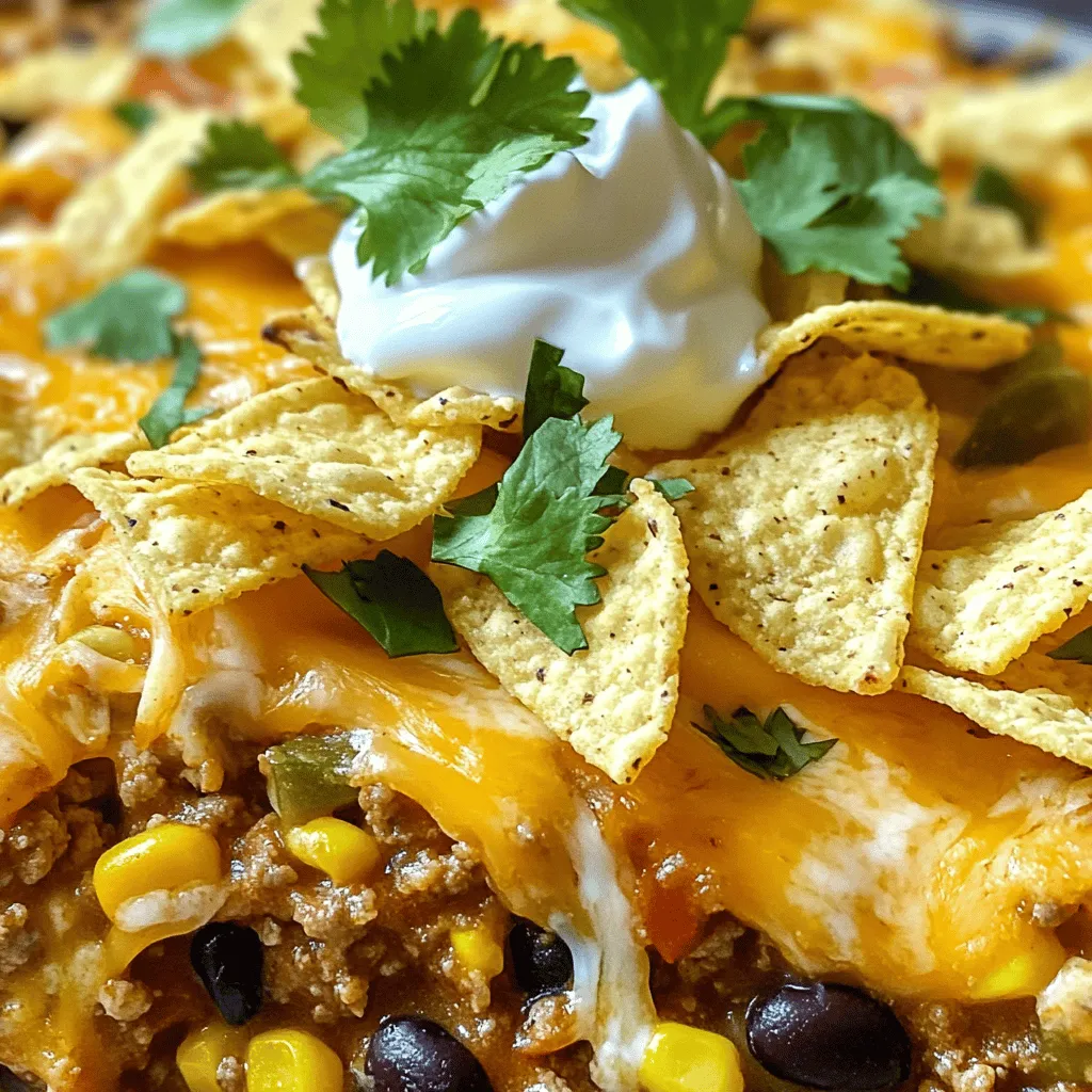 - 1 pound ground beef or turkey - 1 can (15 oz) black beans, drained and rinsed - 1 can (15 oz) corn, drained - 1 packet taco seasoning To make the Slow Cooker Taco Casserole, you need a few key ingredients. First, choose ground beef or turkey. This adds protein and flavor. Next, black beans and corn bring a nice texture and sweetness. Don’t forget the taco seasoning! It gives the dish its signature flavor. - 2 cups tortilla chips, crushed - 2 cups shredded cheese (cheddar or Mexican blend) - ½ cup sour cream (for serving) - Fresh cilantro, chopped (for garnish) Toppings make the casserole fun and tasty. Crush up tortilla chips for a crunchy layer. Use shredded cheese for a gooey finish. A dollop of sour cream adds creaminess, and fresh cilantro gives a burst of color and flavor. - Slow cooker - Skillet - Chopping board and knife You will need a few kitchen tools to whip up this dish. A slow cooker is essential for cooking everything slowly and evenly. A skillet helps brown the meat and sauté the veggies. A chopping board and knife are necessary for cutting up the onion, garlic, and bell pepper. This easy recipe comes together quickly, and you will love how it fills your home with wonderful scents. - Browning the meat Start by heating a skillet over medium heat. Add the ground beef or turkey. Cook it until it is fully brown, about 7-10 minutes. Drain any extra fat before moving on. This step adds rich flavor to the dish. - Sautéing vegetables Next, add the diced onion, minced garlic, and bell pepper to the skillet. Sauté them for about 3-5 minutes. You want them to soften but not lose their crunch. This will give your casserole great texture and taste. - Layering ingredients in the slow cooker Now it's time to build your casserole. Transfer the meat and veggie mix to the slow cooker. Stir in black beans, corn, diced tomatoes, and taco seasoning. Mix well to combine everything. Then, layer half of the crushed tortilla chips over the top. Sprinkle half of the cheese on top of that. Add the rest of the meat mixture, followed by the remaining chips, and finish with the last of the cheese. - Cooking time and settings Cover the slow cooker and set it to low heat. Cook for 3-4 hours. You’ll know it’s done when the cheese is melted and bubbly. This slow cooking allows all the flavors to blend beautifully. - Allowing casserole to rest before serving Once the cooking time is up, let the casserole rest for about 10 minutes. This helps everything settle. Serve it hot with a dollop of sour cream and a sprinkle of fresh cilantro. Enjoy the flavors! To ensure even cooking, layer the ingredients properly. Start with meat and veggies on the bottom. Then, add the beans and corn. This will let all the flavors mix well. Use a good cheese for the top. Cheddar melts nicely, but a Mexican blend adds great flavor. Choose what you love most! Want more flavor? Add extra spices like cumin or chili powder. Fresh herbs like cilantro also brighten the dish. If you like spice, try adding jalapeños or hot sauce. This will give your casserole a nice kick. Just add a little at a time to avoid it getting too spicy. For the best sides, serve with a simple salad or rice. The fresh crunch of a salad balances the casserole's richness. For a fun twist, serve with extra tortilla chips. You can also place a dollop of sour cream on each plate. This adds creaminess and looks nice. Garnish with chopped cilantro for a fresh look. {{image_2}} You can switch up the protein in your Slow Cooker Taco Casserole. If you want a lighter meal, try shredded chicken. Just cook the chicken in the slow cooker with the other ingredients. It will soak up the flavors well. For a vegetarian option, skip the meat entirely. Use extra beans like pinto or kidney beans. You can also add more veggies like zucchini or mushrooms. This keeps the dish hearty and filling. Feel free to swap out some ingredients. If you want to change the beans, use black-eyed peas or chickpeas. They add a nice taste and texture. You can also use frozen corn instead of canned for a fresher crunch. When it comes to tortillas, you’re not limited to just tortilla chips. Try using crushed corn tortillas or even flour tortillas. Each choice will change the flavor and texture slightly. If you don't have a slow cooker, you can bake this casserole in the oven. Preheat your oven to 350°F. Layer the ingredients in a baking dish and cover with foil. Bake for 30-40 minutes, or until the cheese melts. Another quick method is using an Instant Pot. Cook on high pressure for 10 minutes, then let it naturally release for 10 minutes. This will give you a delicious casserole with less time. When you have leftovers, cool the casserole first. Place it in an airtight container. This keeps it fresh and tasty. You can store it in the fridge for about 3 to 4 days. Always check for any off smells or changes in texture before eating. To freeze, let the casserole cool completely. Use a freezer-safe container or bag. Make sure to remove as much air as possible. It can stay fresh in the freezer for up to 3 months. When you’re ready to eat, thaw it in the fridge overnight. Reheat in the oven or microwave until hot. This casserole is perfect for meal prep. You can make a big batch on the weekend. Divide it into individual portions. Just reheat the portions in the microwave for a quick meal. It saves time and makes weeknight dinners easy. Cooking time varies. On low, it takes 3 to 4 hours. If you choose high, it cooks in about 1.5 to 2 hours. The cheese should melt and bubble. Check it around the lower end of the time for best results. Yes, you can prepare it ahead. Cook the meat and veggies, then mix them with the other ingredients. Store it in the fridge overnight. When ready, layer it in the slow cooker and cook. This saves time on busy days. You can serve it with many tasty sides. Consider fresh salads, rice, or guacamole. Toppings like sour cream and cilantro add flavor. Tortilla chips make a great crunchy side too. Feel free to get creative with your choices! We covered a lot in this blog post. You learned about key ingredients for a taco casserole, like ground meat and black beans. We discussed cooking tools, preparation steps, and the best ways to assemble and cook your meal. I shared tips to enhance flavors and suggested variations for proteins and cooking methods. Finally, I explained how to store leftovers effectively. Taco casserole can fit any taste and occasion. Get creative, enjoy the process, and share your delicious results!