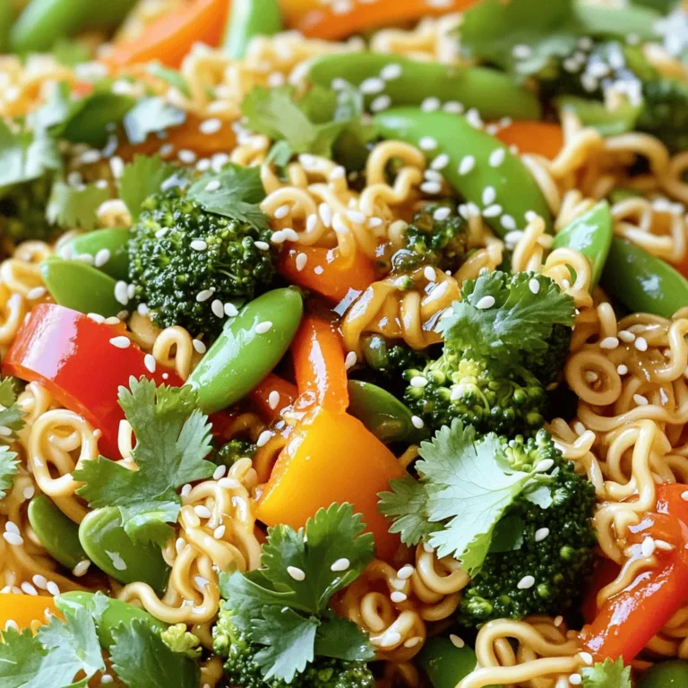 - 2 packs of instant ramen noodles (discard flavor packets) - 1 tablespoon vegetable oil - 1 cup bell peppers (mixed colors), sliced - 1 cup broccoli florets - 1 carrot, julienned - 1 cup snap peas - 2 green onions, sliced - 2 cloves garlic, minced - 1 tablespoon ginger, grated - 2 tablespoons soy sauce - 2 tablespoons honey - 1 tablespoon sriracha (adjust to taste) - 1 teaspoon sesame oil - Sesame seeds for garnish - Fresh cilantro for garnish Using fresh veggies makes a big difference. They taste better and look nice. Choose bell peppers in bright colors for more flavor. Broccoli should be bright green and firm. Carrots should be crunchy and sweet. If snap peas are fresh, they'll give your dish a nice crunch. Fresh garlic and ginger add great flavor. Use them both for the best taste. If you don’t have ramen, use any thin noodle. Rice noodles or udon work well too. For a healthier option, switch to whole grain noodles. You can use any oil, but sesame oil gives a great taste. Try agave nectar if you need a vegan option instead of honey. You can swap the sriracha for chili paste if you want more heat. For garnish, parsley can replace cilantro if you’re not a fan. Start by boiling water in a pot. Once it’s bubbling, add the ramen noodles. Cook them for about 2-3 minutes, just until they are slightly firm. This keeps them from getting mushy. Drain the noodles and set them aside. Next, grab a large skillet or wok. Heat one tablespoon of vegetable oil over medium-high heat. Add two cloves of minced garlic and one tablespoon of grated ginger. Sauté for about 30 seconds. The smell will be amazing! Then, toss in one cup of mixed bell peppers, one cup of broccoli florets, one julienned carrot, and one cup of snap peas. Stir-fry these veggies for 3-4 minutes. You want them tender but still crisp. While the veggies cook, mix the sauce in a small bowl. Combine two tablespoons of soy sauce, two tablespoons of honey, one tablespoon of sriracha, and one teaspoon of sesame oil. Pour this sauce over the veggies in the skillet. Stir well to coat them. Now, add the cooked ramen noodles to the skillet. Gently toss everything together until the noodles are warm and coated in sauce. Finally, add in two sliced green onions. Toss once more for about a minute. Now your Sweet & Spicy Ramen Stir-Fry is ready to serve! To make a great stir-fry, you want high heat. This helps cook the food fast. Start by heating the oil in your skillet or wok. You need to wait until it shimmers. This means it’s hot enough for the garlic and ginger. I recommend cutting all your veggies first. This way, you can add them quickly. Stir the veggies for about 3-4 minutes. You want them tender but still bright and crisp. To boost the taste, mix the soy sauce, honey, and sriracha well. This sweet and spicy sauce is the star. It brings all the flavors together. You can also add a squeeze of lime juice for extra zing. Fresh cilantro and sesame seeds on top add color and taste. If you want more heat, add extra sriracha or some red pepper flakes. One common mistake is overcooking the veggies. If you cook them too long, they get mushy. You also want to avoid using too much sauce. It can make the dish too salty. Always taste as you go. If the noodles are too soft, they may break apart. Make sure to cook them just until firm before adding to the stir-fry. {{image_2}} You can add protein to your Sweet & Spicy Ramen Stir-Fry. Choose chicken, beef, shrimp, or tofu. Each option adds its unique flavor and texture. If you use chicken or beef, slice it thin for quick cooking. Cook the protein in the skillet first, then set it aside. Add it back at the end for a complete meal. Shrimp cooks fast, so add it when the veggies are almost done. Tofu can soak up the sauce well, making it a great choice. Feel free to mix and match your veggies. You can use zucchini, mushrooms, or spinach. Each veggie brings a different taste and crunch. Just remember to cut them into similar sizes for even cooking. If you want more color, add red cabbage or yellow squash. For a fresh twist, toss in some baby corn or bean sprouts. This way, your dish stays vibrant and fun. Control the spice with sriracha. You can add more for a kick or less for mild flavor. If you want less heat, use just a teaspoon. You can also substitute sriracha with sweet chili sauce for a sweeter taste. Adding a dash of lime juice can help balance heat too. Remember, you can always serve extra hot sauce on the side for those who love spice! To keep your Sweet & Spicy Ramen Stir-Fry fresh, store it in an airtight container. This helps prevent moisture loss. Let the stir-fry cool completely before sealing it. You can keep it in the fridge for up to three days. If you want to save some for later, consider freezing it. When you're ready to enjoy your leftovers, reheat them in a skillet or microwave. If using a skillet, add a splash of water. This keeps the noodles moist. Heat on medium until warm, stirring often. In the microwave, cover the bowl with a damp paper towel. Heat in 30-second increments, stirring between each time. To freeze your stir-fry, portion it into freezer-safe bags. Remove as much air as possible. Label each bag with the date and contents. Freeze for up to three months. When you're ready to eat, thaw overnight in the fridge. Reheat as described above for the best taste and texture. Yes, you can use other noodles for this dish. Rice noodles or soba noodles work well. Just cook them according to the package. They should be firm to hold up in the stir-fry. You can also try whole wheat noodles for added fiber. To reduce the heat, cut back on sriracha. You can use one teaspoon instead of a tablespoon. Adding a little more honey can also balance the spice. If you want more sweetness, try adding brown sugar. This will help make the dish mild and tasty. You can pair this stir-fry with a fresh salad. A cucumber salad adds a nice crunch. Also, try serving it with spring rolls for a fun meal. If you want protein, grilled chicken or tofu works great too. This blog post covered how to make a tasty Sweet & Spicy Ramen Stir-Fry. We explored the key ingredients, cooking steps, and helpful tips. I shared ways to customize your dish with proteins and veggies. You can now store leftovers and reheat them easily. Remember, cooking should be fun and creative. Don't hesitate to experiment. Enjoy your stir-fry adventure!