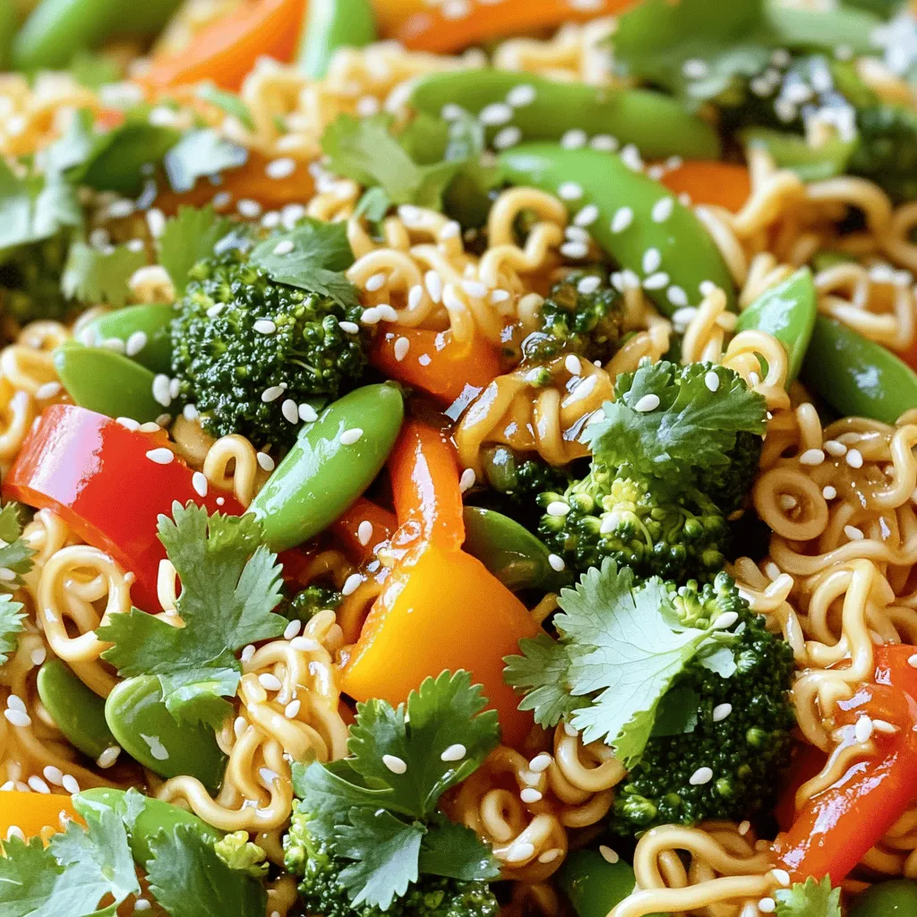 - 2 packs of instant ramen noodles (discard flavor packets) - 1 tablespoon vegetable oil - 1 cup bell peppers (mixed colors), sliced - 1 cup broccoli florets - 1 carrot, julienned - 1 cup snap peas - 2 green onions, sliced - 2 cloves garlic, minced - 1 tablespoon ginger, grated - 2 tablespoons soy sauce - 2 tablespoons honey - 1 tablespoon sriracha (adjust to taste) - 1 teaspoon sesame oil - Sesame seeds for garnish - Fresh cilantro for garnish Using fresh veggies makes a big difference. They taste better and look nice. Choose bell peppers in bright colors for more flavor. Broccoli should be bright green and firm. Carrots should be crunchy and sweet. If snap peas are fresh, they'll give your dish a nice crunch. Fresh garlic and ginger add great flavor. Use them both for the best taste. If you don’t have ramen, use any thin noodle. Rice noodles or udon work well too. For a healthier option, switch to whole grain noodles. You can use any oil, but sesame oil gives a great taste. Try agave nectar if you need a vegan option instead of honey. You can swap the sriracha for chili paste if you want more heat. For garnish, parsley can replace cilantro if you’re not a fan. Start by boiling water in a pot. Once it’s bubbling, add the ramen noodles. Cook them for about 2-3 minutes, just until they are slightly firm. This keeps them from getting mushy. Drain the noodles and set them aside. Next, grab a large skillet or wok. Heat one tablespoon of vegetable oil over medium-high heat. Add two cloves of minced garlic and one tablespoon of grated ginger. Sauté for about 30 seconds. The smell will be amazing! Then, toss in one cup of mixed bell peppers, one cup of broccoli florets, one julienned carrot, and one cup of snap peas. Stir-fry these veggies for 3-4 minutes. You want them tender but still crisp. While the veggies cook, mix the sauce in a small bowl. Combine two tablespoons of soy sauce, two tablespoons of honey, one tablespoon of sriracha, and one teaspoon of sesame oil. Pour this sauce over the veggies in the skillet. Stir well to coat them. Now, add the cooked ramen noodles to the skillet. Gently toss everything together until the noodles are warm and coated in sauce. Finally, add in two sliced green onions. Toss once more for about a minute. Now your Sweet & Spicy Ramen Stir-Fry is ready to serve! To make a great stir-fry, you want high heat. This helps cook the food fast. Start by heating the oil in your skillet or wok. You need to wait until it shimmers. This means it’s hot enough for the garlic and ginger. I recommend cutting all your veggies first. This way, you can add them quickly. Stir the veggies for about 3-4 minutes. You want them tender but still bright and crisp. To boost the taste, mix the soy sauce, honey, and sriracha well. This sweet and spicy sauce is the star. It brings all the flavors together. You can also add a squeeze of lime juice for extra zing. Fresh cilantro and sesame seeds on top add color and taste. If you want more heat, add extra sriracha or some red pepper flakes. One common mistake is overcooking the veggies. If you cook them too long, they get mushy. You also want to avoid using too much sauce. It can make the dish too salty. Always taste as you go. If the noodles are too soft, they may break apart. Make sure to cook them just until firm before adding to the stir-fry. {{image_2}} You can add protein to your Sweet & Spicy Ramen Stir-Fry. Choose chicken, beef, shrimp, or tofu. Each option adds its unique flavor and texture. If you use chicken or beef, slice it thin for quick cooking. Cook the protein in the skillet first, then set it aside. Add it back at the end for a complete meal. Shrimp cooks fast, so add it when the veggies are almost done. Tofu can soak up the sauce well, making it a great choice. Feel free to mix and match your veggies. You can use zucchini, mushrooms, or spinach. Each veggie brings a different taste and crunch. Just remember to cut them into similar sizes for even cooking. If you want more color, add red cabbage or yellow squash. For a fresh twist, toss in some baby corn or bean sprouts. This way, your dish stays vibrant and fun. Control the spice with sriracha. You can add more for a kick or less for mild flavor. If you want less heat, use just a teaspoon. You can also substitute sriracha with sweet chili sauce for a sweeter taste. Adding a dash of lime juice can help balance heat too. Remember, you can always serve extra hot sauce on the side for those who love spice! To keep your Sweet & Spicy Ramen Stir-Fry fresh, store it in an airtight container. This helps prevent moisture loss. Let the stir-fry cool completely before sealing it. You can keep it in the fridge for up to three days. If you want to save some for later, consider freezing it. When you're ready to enjoy your leftovers, reheat them in a skillet or microwave. If using a skillet, add a splash of water. This keeps the noodles moist. Heat on medium until warm, stirring often. In the microwave, cover the bowl with a damp paper towel. Heat in 30-second increments, stirring between each time. To freeze your stir-fry, portion it into freezer-safe bags. Remove as much air as possible. Label each bag with the date and contents. Freeze for up to three months. When you're ready to eat, thaw overnight in the fridge. Reheat as described above for the best taste and texture. Yes, you can use other noodles for this dish. Rice noodles or soba noodles work well. Just cook them according to the package. They should be firm to hold up in the stir-fry. You can also try whole wheat noodles for added fiber. To reduce the heat, cut back on sriracha. You can use one teaspoon instead of a tablespoon. Adding a little more honey can also balance the spice. If you want more sweetness, try adding brown sugar. This will help make the dish mild and tasty. You can pair this stir-fry with a fresh salad. A cucumber salad adds a nice crunch. Also, try serving it with spring rolls for a fun meal. If you want protein, grilled chicken or tofu works great too. This blog post covered how to make a tasty Sweet & Spicy Ramen Stir-Fry. We explored the key ingredients, cooking steps, and helpful tips. I shared ways to customize your dish with proteins and veggies. You can now store leftovers and reheat them easily. Remember, cooking should be fun and creative. Don't hesitate to experiment. Enjoy your stir-fry adventure!