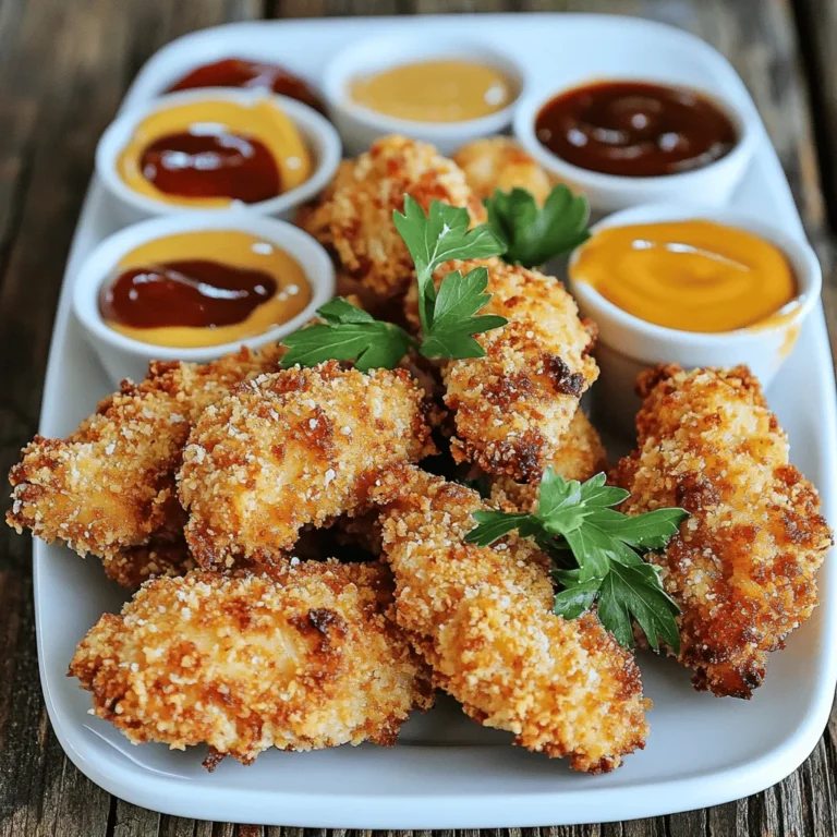 - 1 pound chicken tenderloins - 1 cup buttermilk - 1 teaspoon garlic powder - 1 teaspoon onion powder - 1 teaspoon paprika - 1 teaspoon salt - 1/2 teaspoon black pepper - 1 cup all-purpose flour - 1 cup breadcrumbs (preferably panko for extra crunch) - 2 tablespoons olive oil The main ingredients are simple yet vital. Chicken tenderloins form the base. They offer a juicy bite. Buttermilk adds moisture and flavor. The seasoning blend brings out the best in chicken. Garlic powder, onion powder, and paprika enhance the taste. Salt and black pepper balance the flavors. The flour creates a dry layer. Breadcrumbs give that sought-after crunch. Panko breadcrumbs work best for a crispy finish. Olive oil helps the crumbs brown nicely. - Additional spices for flavor - Different types of breadcrumbs You can make your chicken tenders unique by adding spices. Consider cayenne for heat or herbs for freshness. You can also switch up breadcrumbs. Try seasoned or whole wheat options. Each choice adds a new twist to the classic recipe. First, grab a large bowl. Whisk together 1 cup of buttermilk with the garlic powder, onion powder, paprika, salt, and black pepper. This mix creates a tasty marinade. Next, add the chicken tenderloins. Make sure they are fully submerged in the buttermilk mix. Cover the bowl and refrigerate for at least 30 minutes. If you can, marinate longer for more flavor. Now, let’s set up your dredging station. Take two shallow dishes. In one, pour 1 cup of all-purpose flour. In the other, add 1 cup of breadcrumbs. I like to use panko for extra crunch. Drizzle about 2 tablespoons of olive oil over the breadcrumbs. Mix well to coat the crumbs evenly. After the chicken has marinated, take it out of the fridge. Let any excess buttermilk drip off. First, dredge each chicken tender in the flour. Make sure to coat it fully, then shake off the excess flour. Dip the floured chicken back into the buttermilk briefly. Let any extra buttermilk drip off again. Now, coat the chicken tenders in the breadcrumb mixture, pressing gently to help them stick. Preheat your oven to 425°F (220°C). Line a baking sheet with parchment paper to keep the tenders from sticking. Place the coated chicken tenders on the sheet in a single layer. Make sure they don’t touch each other. This helps them bake evenly. Bake the chicken in the preheated oven for about 15 to 20 minutes. Flip them halfway through to ensure they cook evenly. You want them to be golden brown and crispy. Check that the internal temperature reaches 165°F (74°C). After baking, let the chicken tenders rest for a few minutes before serving. To get that perfect crunch on your chicken tenders, use panko breadcrumbs. They add a light, crispy texture that regular breadcrumbs can't match. Also, make sure your oven is hot enough. Preheat it to 425°F (220°C). This high heat helps the coating crisp up nicely. Flip the tenders halfway through cooking. This ensures both sides get golden and crunchy. For the best flavor, marinate the chicken for at least 30 minutes. If you have time, let it sit for a few hours. The longer it marinates, the more flavor it absorbs. To boost the buttermilk marinade, add a splash of hot sauce or some herbs. This small change can make a big difference in taste. {{image_2}} You can change the coating for your chicken tenders in many ways. If you want a gluten-free option, try using almond flour or crushed cornflakes instead of regular flour. You can also use gluten-free breadcrumbs. This makes the dish tasty for everyone. For seasoned coating variations, think about what flavors you love. You can add extra spices to the flour or breadcrumbs. Try cayenne pepper for a spicy kick or dried herbs like oregano or thyme for a fresh taste. Mix and match to find your favorite! Dipping sauces make a big difference with chicken tenders. Honey mustard, BBQ sauce, and ranch dressing are all great choices. You can even mix some hot sauce into your ranch for a fun twist. Think about what sides to serve with your chicken tenders. Crispy fries or a fresh salad can be great choices. Veggies like carrot sticks or celery also pair well. You can even add a fruit salad for a sweet touch. The options are endless! To keep your chicken tenders fresh, place them in an airtight container. Make sure they cool down before sealing. Store them in the fridge for up to four days. When you want to reheat, use the oven to keep them crispy. Set your oven to 375°F (190°C). Place the tenders on a baking sheet for about 10 minutes. This helps regain that crunchy texture. You can freeze chicken tenders before or after baking. If you freeze them raw, coat them and lay them on a baking sheet. Freeze them for about an hour, then transfer to a freezer bag. If you freeze them after baking, let them cool first. Then, wrap them well in plastic wrap. To thaw, move the frozen tenders to the fridge overnight. For reheating, set your oven to 375°F (190°C) again. Bake for 15-20 minutes until hot and crispy. This way, you keep that great taste. You should cook chicken tenders until they reach an internal temperature of 165°F (74°C). This ensures they are safe to eat and fully cooked. Use a meat thermometer to check. Insert it into the thickest part of the tender. If it reads 165°F, you are good to go. Yes, you can use frozen chicken tenderloins. If you start with frozen chicken, increase your cooking time. Add about 5-10 extra minutes to the baking time. Check the internal temperature to ensure they reach 165°F. This will help them cook through without burning the outside. To keep chicken tenders crispy, follow these tips: - Use panko breadcrumbs. They provide a great crunch. - Don’t overcrowd the baking sheet. Space them out to allow air to circulate. - Flip halfway through baking. This helps both sides become golden. - Let them rest after baking. Resting helps keep the crispiness. Store leftovers in an airtight container in the fridge for up to three days. Crispy oven-baked chicken tenders need simple, quality ingredients and careful steps. Start with tenderloins soaked in a buttermilk seasoning blend, then coat them well. Use panko breadcrumbs for the best crispiness. Experiment with spices and coatings to find your perfect flavor. Store leftovers properly to keep them crispy when reheating. With these tips, you can enjoy delicious chicken tenders at home with every bite. Enjoy your cooking adventure!