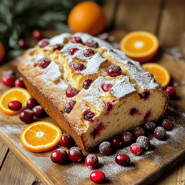 To make the bakery-style cranberry orange loaf, gather these ingredients: - 2 cups all-purpose flour - 1 cup fresh or frozen cranberries, roughly chopped - 1 cup granulated sugar - 1/2 cup unsalted butter, softened - 2 large eggs - 1/2 cup orange juice (freshly squeezed) - Zest of 1 large orange - 1 teaspoon baking powder - 1/2 teaspoon baking soda - 1/4 teaspoon salt - 1 teaspoon vanilla extract - 1/2 cup chopped walnuts or pecans (optional) - Powdered sugar (for dusting) If you need to make swaps, here are some ideas: - Flour: Use gluten-free flour for a gluten-free option. - Butter: Substitute with coconut oil for a dairy-free version. - Sugar: Try using brown sugar for a deeper flavor. - Eggs: Use flaxseed meal mixed with water as a vegan egg substitute. - Cranberries: Dried cranberries work well too, but cut the sugar slightly. You can enhance the loaf with these add-ins: - Nuts: Add chopped walnuts or pecans for crunch. - Chocolate: Mix in chocolate chips for a sweet twist. - Spices: A dash of cinnamon or nutmeg brings warmth. - Zest: Use lemon zest along with orange for a bright flavor. Start by gathering your ingredients. You will need fresh or frozen cranberries, flour, sugar, butter, eggs, orange juice, and zest. Prepare your loaf pan by greasing it or lining it with parchment paper. Preheat your oven to 350°F (175°C) to get it ready for baking. 1. Preheat the Oven: Set your oven to 350°F (175°C). Prepare a 9x5 inch loaf pan by greasing it or using parchment paper. 2. Mix Dry Ingredients: In a medium bowl, combine 2 cups of flour, 1 teaspoon of baking powder, 1/2 teaspoon of baking soda, and 1/4 teaspoon of salt. Whisk these ingredients together and set aside. 3. Cream Butter and Sugar: In a large bowl, use a mixer to beat 1/2 cup of softened butter with 1 cup of granulated sugar. Mix until the mixture is light and fluffy, about 3 to 4 minutes. 4. Add Eggs and Flavorings: Add 2 large eggs, one at a time, mixing well after each. Then, stir in 1/2 cup of freshly squeezed orange juice, the zest of 1 large orange, and 1 teaspoon of vanilla extract. 5. Combine Mixtures: Slowly add the dry mixture to the wet ingredients. Mix until just combined. The batter should be lumpy, so do not overmix. 6. Fold in Cranberries and Nuts: Gently fold in 1 cup of chopped cranberries and 1/2 cup of chopped walnuts or pecans if you like. 7. Pour Batter into Pan: Pour the batter into the prepared loaf pan. Smooth the top with a spatula. 8. Bake: Place the pan in the oven and bake for 55 to 65 minutes. The loaf is done when a toothpick inserted in the center comes out clean and the top is golden brown. 9. Cool: Remove the loaf from the oven. Let it cool in the pan for about 10 minutes. Then, transfer it to a wire rack to cool completely. 10. Finish and Serve: Once it is cooled, dust the top with powdered sugar. Slice the loaf and serve it with butter or plain. To check if your loaf is ready, insert a toothpick into the center. If it comes out clean, your loaf is done. The top should also look golden brown. If it’s still wet, bake for a few more minutes. Enjoy this delicious treat! - Use room temperature butter for a smooth batter. Cold butter makes mixing hard. - Measure flour correctly. Spoon it into the cup, then level it off. This helps avoid too much flour. - Mix the batter just enough. Overmixing can make your loaf tough. - Grease your loaf pan well or use parchment paper. This helps with easy removal after baking. - Don't skip the zest. It adds bright flavor to your loaf. - Avoid using too many cranberries. They can make the loaf too wet. Stick to one cup. - Check the oven temperature. An oven that is too hot can burn the edges. - Let the loaf cool fully before slicing. Cutting too soon can make it crumbly. - Serve slices warm with butter. The butter melts beautifully and enhances the taste. - Pair with tea or coffee for a cozy treat. It makes a delightful afternoon snack. - Try it with cream cheese for a richer flavor. Spread it on for a creamy touch. - Garnish with fresh cranberries or orange slices. This adds a nice look and fresh taste. {{image_2}} You can make this loaf gluten-free by swapping all-purpose flour with a gluten-free blend. Look for a blend that has xantham gum, as it helps mimic the structure of wheat flour. You may need to adjust the liquid slightly. If needed, add a tablespoon of extra orange juice. This way, you keep the loaf moist and tasty. To boost the flavor, consider adding spices like cinnamon or nutmeg. Just a half teaspoon can add warmth. You can also try using lemon juice and zest instead of orange for a different taste. For a twist, mix in a splash of almond extract with the vanilla. This adds a lovely nutty flavor. You can add fun ingredients to change things up. Try folding in chocolate chips for a sweet touch. Use dark chocolate for a richer taste. You can also add chopped nuts for crunch. Walnuts or pecans work well. If you like a little heat, add minced fresh ginger or a pinch of cayenne pepper for a surprising kick. Store your cranberry orange loaf in an airtight container. This keeps it fresh. You can also wrap it in plastic wrap before placing it in the container. This adds extra protection. Always let the loaf cool completely before storing it. This prevents excess moisture. You can freeze the cranberry orange loaf for later enjoyment. First, let it cool completely. Then, wrap the loaf tightly in plastic wrap. After that, place it in a freezer-safe bag. Label the bag with the date. It can last up to three months in the freezer. When stored properly, the loaf stays fresh for about 3-5 days at room temperature. If you keep it in the fridge, it can last up to a week. However, freezing is best for longer storage. This way, you can enjoy it whenever you want! Yes, you can use frozen cranberries. They are great in this recipe. Just chop them roughly before adding. Do not thaw them before mixing. This keeps the loaf moist and full of flavor. To make the loaf more moist, try adding a bit more orange juice. You can also add sour cream or yogurt. These ingredients add moisture without making the loaf too heavy. Another tip is to mix the batter just until combined. Overmixing can lead to a dry loaf. Yes, you can use other fruits! Chopped apples, blueberries, or raspberries work well. Just remember to adjust the sugar if the fruit is sweeter. Mixing different fruits can create a fun twist on the classic flavor! This blog post covers key ingredients, easy steps, and helpful tips for your recipe. You now know how to make ingredient swaps and add fun options. Plus, you learned the best storage methods and answered common questions. I hope you feel ready to bake with confidence. Use these tips to add personal flair to your loaf. Enjoy every bite and share your creations with others!