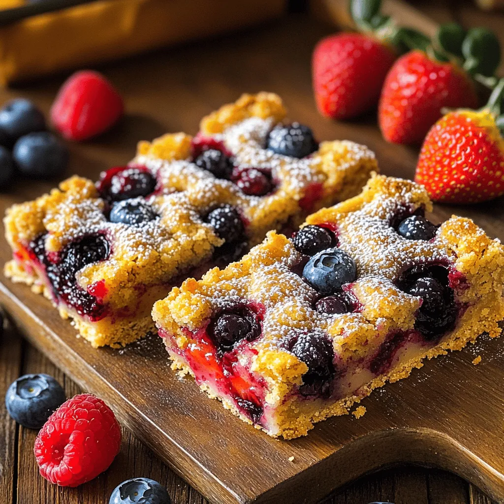 To make the Bakery-Style Triple Berry Crumble Bars, you'll need these simple ingredients: - 1 cup all-purpose flour - 1 cup rolled oats - 1/2 cup brown sugar - 1/2 cup granulated sugar - 1/2 cup unsalted butter, melted - 1/2 teaspoon baking powder - 1/4 teaspoon salt - 1 cup mixed berries (blueberries, strawberries, raspberries) - 1 tablespoon cornstarch - 1 tablespoon lemon juice - 1 teaspoon vanilla extract These ingredients come together to create a sweet and tangy treat that everyone will love. Measuring your ingredients correctly is key to great baking. Here are some tips: - Flour: Use a spoon to fluff the flour. Then, scoop it into your measuring cup. Level it off with a knife. - Brown Sugar: Pack it tightly into the measuring cup. It should hold its shape when you turn it out. - Butter: Melt it in a microwave or on the stove. Let it cool slightly before adding it to the mixture. - Berries: If using fresh berries, rinse them gently. For frozen berries, let them thaw and drain any extra liquid. Using these tips will help you achieve the best results for your crumble bars. Sometimes, you may not have all the ingredients on hand. Here are some easy swaps: - Flour: You can use whole wheat flour for a nuttier taste. - Oats: Quick oats work in place of rolled oats with a slightly different texture. - Butter: Coconut oil or vegetable oil can replace unsalted butter, but the flavor changes slightly. - Sugars: You can use all granulated sugar instead of brown sugar for a lighter color and milder taste. - Berries: Try other fruits like peaches or apples. Just adjust the cornstarch to match the fruit's moisture. These substitutes keep your bars delicious while using what you have at home. Start by preheating your oven to 350°F (175°C). This helps the bars cook evenly. Next, get your 9x9 inch baking pan ready. You can grease it with cooking spray or line it with parchment paper. Parchment paper helps you lift the bars out easily later. In a mixing bowl, combine the following: - 1 cup all-purpose flour - 1 cup rolled oats - 1/2 cup brown sugar - 1/2 cup granulated sugar - 1/2 teaspoon baking powder - 1/4 teaspoon salt Mix these dry ingredients well. Then, pour in 1/2 cup of melted butter. Stir until the mix looks like coarse crumbs. Set aside about 1 cup of this mixture. You will use it later for topping. Press the rest firmly into the bottom of your baking pan. It should be even and flat. In another bowl, take 1 cup of mixed berries. You can use blueberries, strawberries, and raspberries. Add 1 tablespoon of cornstarch. Then, pour in 1 tablespoon of lemon juice and 1 teaspoon of vanilla extract. Gently fold the berries into the mixture. This coats them well and adds flavor. Spread the berry filling evenly over the crumb base in your pan. Then, take the reserved crumb mixture and sprinkle it on top. Make sure to cover all the berries. Now, place the pan in the preheated oven. Bake for 30-35 minutes, or until the top turns golden and the edges bubble. Once done, take the pan out and let it cool for at least 15 minutes. Use the parchment paper to lift the bars out. Let them cool fully on a wire rack. After cooling, cut them into bars and enjoy your tasty treat! To get a crumbly topping, mix the dry ingredients well. I blend flour, oats, and sugars in a bowl. Then, I add melted butter and mix until it looks like coarse crumbs. This step is key! Keep some of this mixture aside for the top layer. It creates a nice crunch. I recommend baking these bars at 350°F (175°C). This temperature works best for even baking. Check them after 30 minutes. If the top isn’t golden, bake for a few more minutes. Remember, ovens vary, so watch closely! The edges should bubble slightly when done. For a beautiful presentation, serve the bars on a rustic wooden board. Dust them lightly with powdered sugar for a touch of elegance. I like to add fresh berries on the side. This not only looks great but also adds color and freshness. Enjoy your delicious creation! {{image_2}} You can mix and match berries in your crumble bars. Blueberries, strawberries, and raspberries work great together. If you want a twist, try blackberries or cherries. Each berry brings its own taste and color. For a fun mix, use a cup of any combination you like. Just keep the total to one cup. You can make these bars gluten-free and vegan. For gluten-free, use almond flour or a gluten-free blend instead of all-purpose flour. To go vegan, swap the butter for coconut oil or a vegan butter. Use maple syrup or agave nectar to replace sugar if needed. This way, everyone can enjoy the treat. Want to add some extra flavor? Try mixing in a teaspoon of cinnamon or nutmeg. You could also add chopped nuts like almonds or walnuts for a crunchy bite. If you love coconut, sprinkle in some shredded coconut. Each change gives the bars a new taste. Get creative and have fun with it! To keep your bakery-style triple berry crumble bars fresh, store them in an airtight container. This helps to lock in moisture and keeps flavors intact. Place a piece of parchment paper between layers if you stack them. This prevents sticking and makes serving easy. If you want to save some bars for later, freezing is a great option. First, cool the bars completely. Then, cut them into squares. Wrap each square in plastic wrap and place them in a freezer-safe bag. Make sure to label the bag with the date. These bars will stay good for up to three months in the freezer. When you're ready to enjoy your bars again, thaw them in the fridge overnight. For a warm treat, you can reheat them in the oven at 350°F (175°C) for about 10 minutes. This brings back that fresh-baked taste. If you prefer, serve them at room temperature, and top with a sprinkle of powdered sugar or a dollop of whipped cream for an extra touch. You can use flour as a substitute for cornstarch. Use the same amount. Another option is arrowroot powder. It works well, too. Both help thicken the berry mixture. Look for a golden top and bubbly edges. The bars should feel firm to the touch. A toothpick inserted in the center should come out clean. If it has wet batter, bake a bit longer. Yes, you can double the recipe! Use a larger baking pan, like a 13x9 inch. Adjust the baking time to make sure the bars cook evenly. Check for doneness as you would with the original recipe. You’ve learned everything to make delicious berry bars. We covered the right ingredients and how to measure them. You now know the steps to prep, bake, and serve. Plus, I shared tips for the best texture and storage. Remember, you can also try different berries and diet-friendly options. Have fun experimenting with your own twists. With these tools, you’ll create treats that everyone loves! Enjoy baking!