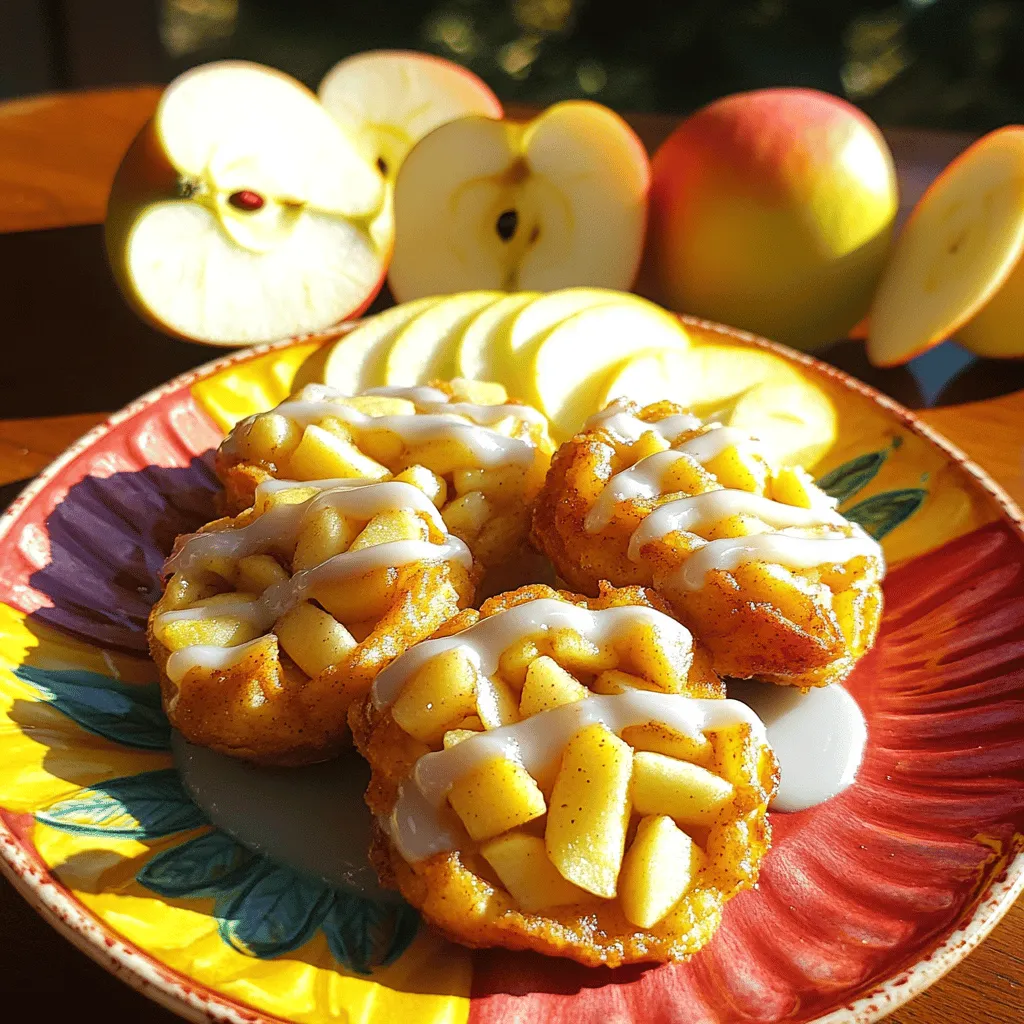 - 2 large apples, peeled and diced - 1 cup all-purpose flour - 1/2 cup granulated sugar - 1 teaspoon baking powder - 1/2 teaspoon cinnamon - 1/4 teaspoon nutmeg - 1/4 teaspoon salt - 1/2 cup applesauce - 1/4 cup milk - 1 large egg - 1 teaspoon vanilla extract - 1/4 cup powdered sugar (for glaze) - 1 tablespoon milk (for glaze) - Additional cinnamon for dusting (optional) These ingredients make the fritters soft, sweet, and bursting with apple flavor. The apples play a big role. They add sweetness and moisture. I prefer using firm apples like Granny Smith or Honeycrisp. Their crispness holds up well during baking. The flour gives structure to the fritters. It helps them rise and stay fluffy. The sugar balances the flavors and adds sweetness. The baking powder is key for fluffiness. It makes the fritters rise in the oven. Spices like cinnamon and nutmeg add warmth and depth. A pinch of salt brings out the sweetness. Applesauce keeps the fritters moist without extra fat. The milk and egg help bind the batter together. The vanilla adds a lovely aroma. For the glaze, powdered sugar and milk create a sweet topping. A little more cinnamon dusted on top makes them look pretty and adds flavor. Gather these ingredients, and you're ready to bake! First, you need to set your oven to 375°F (190°C). This step is key for baking. While it warms up, grab a baking sheet and line it with parchment paper. This will keep your fritters from sticking. A good prep will make your cooking easier and clean-up faster. Now, take a large mixing bowl. In it, whisk together these dry ingredients: - 1 cup all-purpose flour - 1/2 cup granulated sugar - 1 teaspoon baking powder - 1/2 teaspoon cinnamon - 1/4 teaspoon nutmeg - 1/4 teaspoon salt Mix them well. This ensures that each bite has a balanced taste. Do not skip this step, as it lays the base for the fritters. In a different bowl, combine your wet ingredients. You need: - 1/2 cup applesauce - 1/4 cup milk - 1 large egg - 1 teaspoon vanilla extract Mix these until they blend well. Now, pour the wet ingredients into the dry mixture. Gently fold them together. Be careful not to overmix. This can make the fritters tough. Finally, add in your diced apples. Stir them in until they are evenly spread throughout the batter. Your fritter mix is now ready for the baking sheet! To get that perfect texture in your apple fritters, it’s all about balance. The mix of wet and dry ingredients matters. Don't overmix; just fold the batter until it’s combined. This keeps your fritters light. Also, remember to fold in the diced apples gently. You want them evenly spread without breaking them down. Baking at 375°F for 15-20 minutes gives them a soft inside and a nice golden crust. Serve your fritters warm for the best flavor. A colorful plate makes them look great! You can add fresh apple slices as a fun garnish. They pair well with a scoop of vanilla ice cream for a tasty dessert. You can also serve them with a cup of hot cider or coffee. This adds a cozy touch, especially in fall. While the recipe already has cinnamon and nutmeg, feel free to get creative! You can add a pinch of ginger for warmth or some cloves for a deeper flavor. If you want some zest, try adding the zest of an orange or lemon. This gives a fresh twist to the fritters. Don’t forget, a light dusting of cinnamon on top adds a lovely finish! {{image_2}} You can add a lot of fun to your fritters. Try mixing in raisins or dried cranberries. They give a sweet and chewy bite. Chopped nuts, like walnuts or pecans, add a nice crunch. For a twist, mix in some shredded coconut. Each add-in gives your fritters a new taste. If you want to make these fritters a bit lighter, swap out some ingredients. Use whole wheat flour instead of white flour. This boosts fiber and nutrients. You can replace granulated sugar with honey or maple syrup. This change adds natural sweetness. You can also use unsweetened almond milk in place of regular milk for fewer calories. The type of apple you use can change your fritters. Tart apples like Granny Smith give a nice zing. On the other hand, sweet apples such as Fuji or Honeycrisp add a rich flavor. You can even mix different apples for a fun blend. No matter what apples you choose, they all work well in this tasty treat. To keep your apple fritters fresh, let them cool completely. Place them in an airtight container. This helps keep moisture in but prevents them from getting too soggy. Store the container in the fridge. They stay good for about three days. If you want to enjoy them longer, freezing is a better choice. When you're ready to eat your fritters again, the oven works best. Preheat your oven to 350°F (175°C). Place the fritters on a baking sheet. Heat them for about 10 minutes. This brings back their crispy texture. You can also use a microwave, but they may get soft. If you do, heat them in short bursts, around 15 seconds. To freeze your fritters, first let them cool. Then, arrange them in a single layer on a baking sheet. Freeze them for about an hour. This helps them keep their shape. Once frozen, transfer the fritters to a freezer bag. Remove as much air as possible. They can stay fresh for up to three months. When you want to eat them, thaw overnight in the fridge before reheating. Enjoy your tasty treat anytime! Yes, you can! To make gluten-free apple fritters, use a gluten-free flour blend. Many blends work well as a swap for all-purpose flour. Look for a mix that includes xanthan gum. This helps with texture. Follow the same steps in the recipe. You will still enjoy the same tasty flavor! You will know the fritters are done when they turn golden brown. A toothpick inserted into the center should come out clean. This shows that the batter has cooked through. If you want, you can check them at the 15-minute mark. This way, you can catch them before they overbake. Apple fritters have roots in many cultures. They are a popular treat in the United States and Europe. The idea of frying dough with fruit dates back centuries. In America, they became well-known in the 19th century. Today, we enjoy them in many forms, including our oven-baked version! This blog post covered how to make delicious apple fritters. We discussed the key ingredients, including apples and baking essentials. I shared step-by-step instructions to guide you through mixing and baking. Tips and tricks helped you achieve the perfect texture and flavor. We explored variations and storage info to keep your fritters fresh. In the end, you now have the tools to create tasty apple fritters and adapt them to your needs. Happy baking!