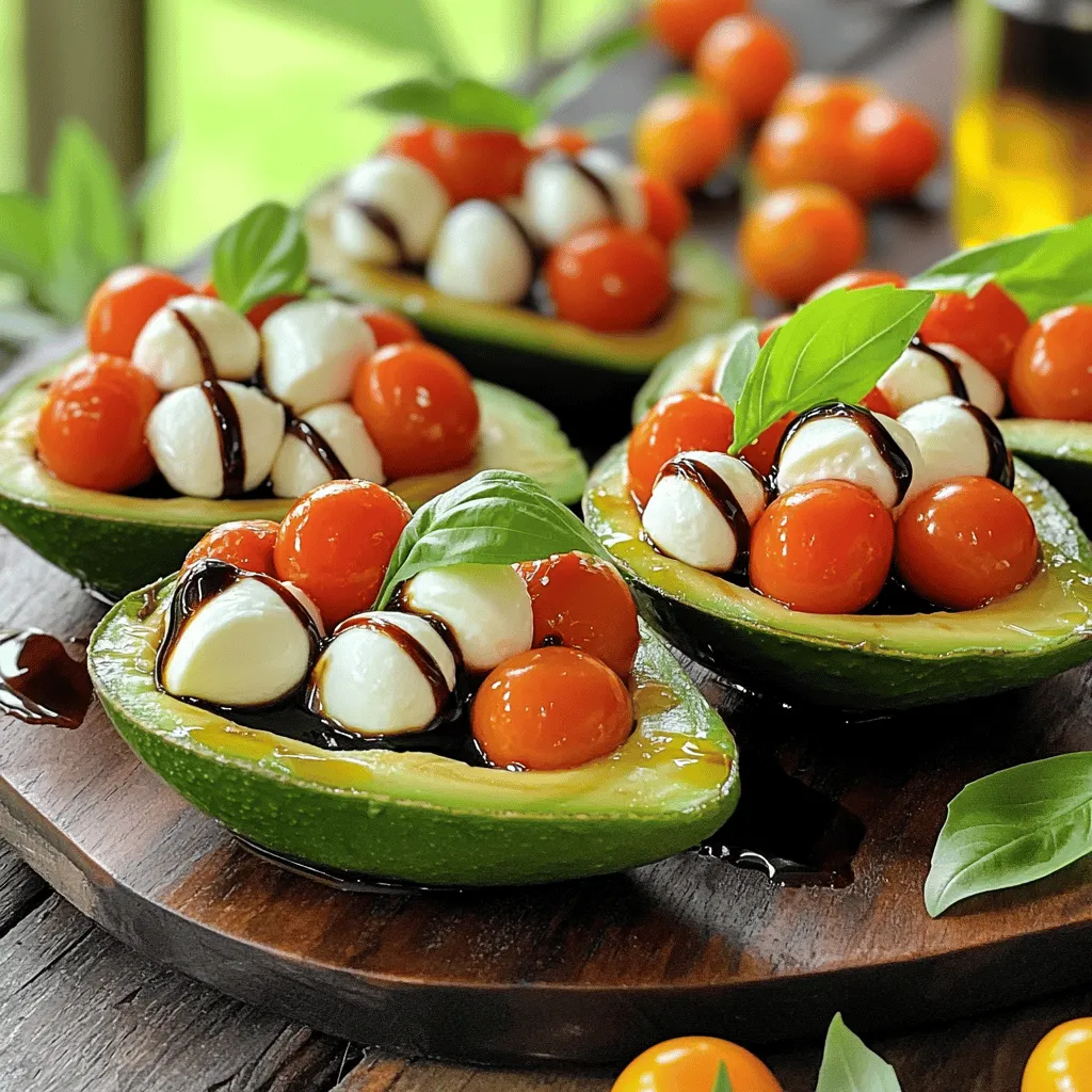 - 2 ripe avocados - 1 cup cherry tomatoes, halved - 1 cup fresh mozzarella balls, halved - ¼ cup fresh basil leaves, chopped - 2 tablespoons balsamic glaze - 1 tablespoon olive oil - Salt and pepper to taste To make Caprese stuffed avocados, you need fresh, quality ingredients. Start with ripe avocados. They should feel slightly soft when you press them gently. Next, gather cherry tomatoes. Halve them for a burst of flavor. Fresh mozzarella balls, also called bocconcini, add a creamy touch. Halve them too. Fresh basil leaves bring a nice aroma and taste. Chop them finely for better flavor distribution. Balsamic glaze is key for sweetness and tang. Olive oil adds richness and depth. Finally, seasoning is essential. Use salt and pepper to taste. These ingredients blend well and make a beautiful dish. Each bite offers a mix of creamy avocado, juicy tomato, and fresh basil. This dish is not only tasty but also visually appealing. The colors pop, making it perfect for any meal. Cutting and Removing Pits Start by taking your ripe avocados. Cut each one in half. Be careful with your knife. Once cut, gently twist the halves to separate them. Use a spoon to carefully scoop out the pit. If the pit is hard to remove, use the knife to tap it gently. Creating Cavity for Stuffing Next, use your spoon to scoop out a little extra flesh. This step makes a bigger space inside. You want enough room for all the tasty filling. Set the avocado halves aside on your plate. Combining Tomatoes, Mozzarella, and Basil In a mixing bowl, grab your halved cherry tomatoes. Add the fresh mozzarella balls, cut in half as well. Toss in the chopped basil leaves. These fresh ingredients create vibrant flavors together. Adding Olive Oil and Balsamic Glaze Now, drizzle in the olive oil and balsamic glaze. Sprinkle some salt and pepper to taste. Gently toss this mixture with a spoon. Make sure all the ingredients mix well. Spoon the Mixture into Avocado Halves It's time to fill the avocados! Take your spoon and scoop the Caprese mixture. Fill each avocado half generously. This is where the magic happens, as the flavors blend together beautifully. Drizzling Extra Balsamic Glaze Finally, drizzle any remaining balsamic glaze over the stuffed avocados. This adds a wonderful touch. If you want, garnish with a few whole basil leaves for an even fresher look. Enjoy your Caprese stuffed avocados! Choosing the Right Avocados When making Caprese stuffed avocados, pick ripe avocados. They should feel soft but not mushy. If they are firm, give them a few days to ripen. Ripe avocados have a rich, creamy texture. This makes them perfect for holding the filling. If you find overripe avocados, they can taste bitter and may spoil quickly. Balancing Flavors with Seasoning Seasoning is key for great flavor. Start with a pinch of salt and a dash of pepper. These simple seasonings bring out the best in the tomatoes and mozzarella. The balsamic glaze adds sweetness and acidity. Use it wisely to balance flavors. Taste the filling before stuffing to ensure it’s just right. Plating Suggestions Serve your stuffed avocados on a bright platter. Lay them cut-side up for a beautiful view. Drizzle extra olive oil and balsamic glaze around the avocados. This adds color and enhances the dish’s appeal. Keep the presentation simple yet inviting. Garnishing for Visual Appeal Garnish with whole basil leaves for freshness. They add a pop of green and enhance the look. You can also sprinkle a bit of extra cheese on top. These small touches can make your dish look gourmet. Remember, we eat with our eyes first! {{image_2}} You can make Caprese stuffed avocados even more filling by adding protein. Here are two great options: - Grilled Chicken: Grilled chicken adds a nice flavor. Simply dice cooked chicken and mix it with the Caprese filling. This makes the dish heartier and perfect for a meal. - Shrimp: Shrimp gives a fresh taste to this dish. Cook shrimp with a little olive oil and garlic. Chop it up and fold it into the Caprese mixture. The shrimp adds a fun twist. If you want to keep it vegetarian, try these simple enhancements: - Adding Roasted Red Peppers: Roasted red peppers bring a sweet and smoky flavor. Chop them up and mix them in with the tomatoes and mozzarella. This adds extra color and taste. - Incorporating Spinach: Spinach is a great way to add greens. Chop fresh spinach and mix it in with the Caprese filling. This gives a nice crunch and boosts nutrients. These variations let you customize your Caprese stuffed avocados. You can mix and match to suit your taste. Enjoy experimenting! To keep your stuffed avocados fresh, store them in the fridge. Place them in an airtight container to avoid browning. If you use lemon juice on the avocado flesh, it can help slow down this process. You can also prepare the filling ahead of time. Mix the tomatoes, mozzarella, and basil together. Keep it in the fridge until you're ready to stuff the avocados. Just remember to assemble them close to serving time for the best taste. Stuffed avocados can last in the fridge for about one day. After that, the quality starts to drop. Look for signs of spoilage like browning or a mushy texture. If they smell off or look slimy, it’s best to toss them. Always remember: fresh is best! To make Caprese stuffed avocados vegan, swap out the mozzarella. Use vegan cheese instead. You can also try silken tofu for a creamy texture. If you want a nutty flavor, consider using cashew cheese. Additionally, check the balsamic glaze to ensure it is vegan-friendly. Many brands offer vegan options. Yes, you can prepare parts of this dish ahead of time. Cut the avocados just before serving to keep them fresh. Prepare the filling early. Store it in the fridge, but add the basil only when ready to serve. This keeps the flavor bright and fresh. If you want to keep the avocados from browning, brush a little lemon juice on the flesh. Caprese stuffed avocados pair well with many side dishes. A light salad with mixed greens works nicely. You could also serve them with crusty bread or garlic toast. For a heartier option, grilled chicken or shrimp complements the dish well. Enjoy these avocados as a fresh appetizer or a light meal! Caprese stuffed avocados are a tasty mix of fresh flavors and healthy fats. We covered the key ingredients, step-by-step prep, and tips for great taste. Explore fun variations with proteins or veggies. Storing them correctly helps keep them fresh. This dish is perfect for snacks, meals, or parties. I hope you try this bright and simple recipe. Enjoy your delicious creations!