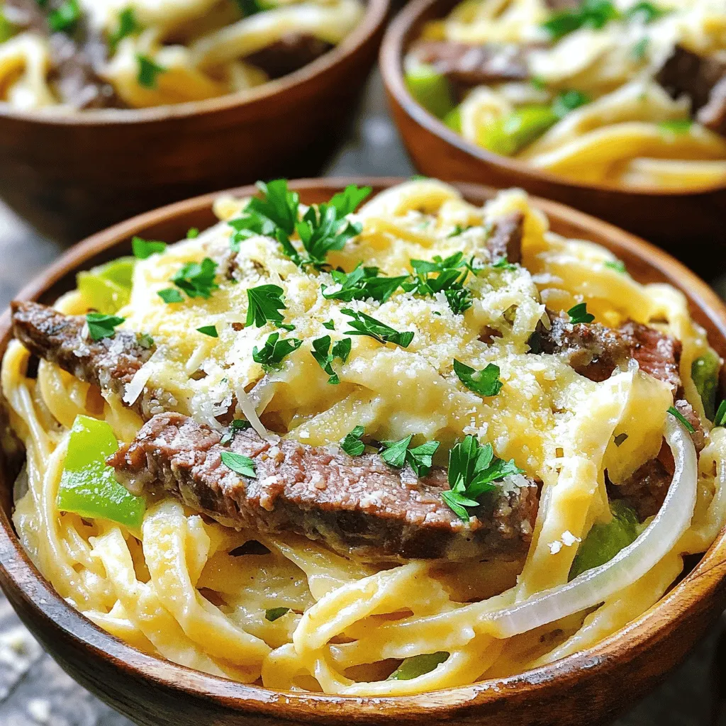 - 8 ounces of fettuccine or penne pasta - 1 tablespoon olive oil - 1 medium onion, sliced - 1 green bell pepper, sliced - 1 pound ribeye steak, thinly sliced - 2 cloves garlic, minced - Salt and pepper to taste - 1 cup beef broth - 1 tablespoon Worcestershire sauce - 1 cup heavy cream - 1 ½ cups provolone cheese, shredded - Fresh parsley for garnish When it comes to making Philly cheesesteak pasta, the right ingredients matter. You want to use fresh items. Start with your choice of pasta. Fettuccine or penne works best. Both types hold the creamy sauce well. The ribeye steak brings great flavor. Make sure it’s thinly sliced. It cooks fast and stays tender. Sauté it with sliced onions and bell peppers. They add sweetness and crunch. Garlic enhances the dish’s aroma. Beef broth adds depth to the sauce. Worcestershire sauce gives it a tangy kick. Heavy cream makes the sauce rich and smooth. Provolone cheese melts beautifully, creating a cheesy goodness. Don’t forget the salt and pepper! They help balance the flavors. Fresh parsley adds color and a fresh taste. You can mix and match these ingredients to suit your taste. - Alternative pasta choices: You can use spaghetti or rotini if you like. - Dairy-free options for cream and cheese: Try coconut cream and a dairy-free cheese. - Different cuts of steak for budget-friendly options: Flank steak or sirloin can work well too. These swaps keep the dish tasty while catering to your needs. To cook pasta to al dente, bring a pot of salted water to a boil. Add the pasta and cook according to the package instructions, stirring occasionally. Al dente means the pasta should be firm when bitten. Drain the pasta, but do not rinse it. This keeps the starch that helps the sauce stick. For the vegetables, heat olive oil in a large skillet over medium heat. Add the sliced onion and bell pepper. Sauté for about five minutes. You want them soft but not mushy. Stir often for even cooking. Next, add the thinly sliced ribeye steak. Season with salt and pepper. Cook for three to four minutes until the meat is browned. It should be tender but not overcooked. That’s key for great flavor. Now, stir in minced garlic and cook for one more minute. Garlic adds a nice aroma. Then, pour in beef broth and Worcestershire sauce. Bring this to a simmer and let it cook for three to four minutes to reduce a bit. Lower the heat and mix in the heavy cream. This will help create a rich sauce. Gradually add the shredded provolone cheese, stirring until it melts. You want a nice creamy texture. Finally, add your drained pasta to the skillet. Toss everything to combine well. Cook for another two to three minutes until everything is hot. Make sure to taste and adjust the seasoning with more salt and pepper if needed. To avoid overcooking the steak, cook it for just a few minutes. Ribeye cooks fast. Keep an eye on it, and remove it when it browns. This helps keep it tender. Timing is key for your pasta and sauce. Cook your pasta until it is al dente. When it's almost done, start your sauce. This way, everything finishes at the same time. Toss the pasta in the sauce quickly for the best taste. For a great look, serve the pasta in deep bowls. This allows the creamy sauce to shine. Top each bowl with fresh parsley and a sprinkle of provolone cheese. It adds color and flavor. For added flavor, consider using crushed red pepper or extra cheese. These toppings give a nice kick and enhance the dish's creaminess. To elevate the taste, add spices or herbs like Italian seasoning or black pepper. These simple ingredients can make a big difference. Optional toppings like crushed red pepper or extra cheese can also boost flavor. They add texture and make each bite even more enjoyable. {{image_2}} For a meat-free twist, try mushrooms instead of steak. Mushrooms add a nice, earthy flavor. You can use portobello or cremini for a heartier bite. Another option is to use plant-based proteins. These mimic the texture of meat well. You can also make a creamy veggie version. Use bell peppers and zucchini for a fresh taste. Sauté them just like the steak. This creates a tasty, colorful dish. Want to spice things up? Add jalapeños for some heat. You can also drizzle hot sauce on top before serving. This adds flavor and makes each bite exciting. Consider using pepper jack cheese instead of provolone. It gives a nice kick. The creaminess pairs well with the spice. If you want to switch things up, try different sauces. Alfredo sauce adds a rich, creamy texture. Marinara gives a classic Italian flavor. Both can work well with the pasta and veggies. You can also experiment with cheese blends. Mixing mozzarella with provolone gives a fun twist. Each cheese brings its own flavor. This makes your dish even more special. To keep your Philly Cheesesteak Pasta fresh, place it in an airtight container. Let it cool before sealing. Store it in the fridge. It stays good for 3 to 4 days. If you want to enjoy it later, make sure you follow these steps. When reheating, I prefer using a skillet. This method helps keep its texture. Add a splash of beef broth or cream. This keeps it creamy and smooth. Stir often to prevent sticking. Heat it over low heat for best results. You can freeze Philly Cheesesteak Pasta, but it’s best to do this before adding the cream. To freeze, let it cool, then portion it into freezer bags. Squeeze out excess air before sealing. For thawing, place it in the fridge overnight. Reheat it gently in a skillet with some broth to restore its creaminess. Making Philly Cheesesteak Pasta is quick and easy. Here’s the breakdown: - Prep time: 10 minutes - Cook time: 30 minutes - Total time: 40 minutes This means you can enjoy a delicious meal in less than an hour! Yes, you can use many types of cheese. Provolone gives a nice flavor, but you can swap it out. Here are some great alternatives: - Cheddar: Sharp and tangy flavor. - Mozzarella: Creamy and mild taste. - Pepper Jack: Adds a spicy kick. Feel free to mix and match to find your favorite! This dish is hearty and filling. Here are some side options: - Garlic bread: Perfect for soaking up sauce. - Caesar salad: Fresh and crunchy contrast. - Coleslaw: Adds a tangy, creamy crunch. For drinks, a cold soda or iced tea pairs well! This blog explained how to make Philly Cheesesteak Pasta. You learned about the key ingredients, cooking steps, and tips for the best results. I shared easy ingredient swaps and storage methods to keep your dish fresh. In the end, this meal is tasty, flexible, and fun to make. Try mixing in your favorite flavors or customizing it. Enjoy your cooking adventure!