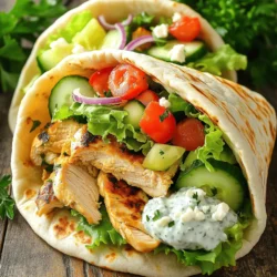 To make these tasty wraps, you will need: - 2 chicken breasts, thinly sliced - 2 tablespoons olive oil - 1 tablespoon lemon juice - 1 teaspoon dried oregano - 1 teaspoon garlic powder - Salt and pepper to taste - 4 large pita breads - 1 cup tzatziki sauce - 1 cup romaine lettuce, shredded - 1 medium tomato, diced - ½ cucumber, thinly sliced - ¼ red onion, thinly sliced These ingredients come together to create a fresh, bright flavor. The chicken gets a burst of taste from the lemon juice and herbs. The tzatziki sauce adds creaminess and cools the spice. You can enhance your gyros with some tasty extras: - Feta cheese, crumbled - Black olives, sliced - Fresh parsley, chopped - Sliced bell peppers Adding feta cheese gives a salty kick. Olives and peppers can add more crunch and depth. Feel free to mix and match these options! If you don’t have an ingredient, don’t worry! Here are some easy swaps: - Chicken can be replaced with turkey or tofu for a veggie option. - Olive oil can be swapped with avocado oil or canola oil. - Tzatziki can be made with yogurt and cucumber if you want a homemade version. These substitutes keep the meal simple and delicious. You can still enjoy the flavors even if you don’t have everything on hand! Start by marinating the chicken. In a bowl, mix olive oil, lemon juice, oregano, garlic powder, salt, and pepper. Next, add the thinly sliced chicken breasts. Stir well until every piece is coated. Cover the bowl and place it in the fridge for 30 minutes. This step makes the chicken juicy and flavorful. Heat a non-stick pan over medium-high heat. Once the pan is hot, add the marinated chicken slices. Cook for 6 to 8 minutes. Turn the chicken occasionally. You want it golden brown and cooked through. Once done, set it aside to cool slightly. While the chicken cooks, prepare the pita wraps. Take a dry skillet and warm the pita breads for 1 to 2 minutes on each side. This softens them and makes them easy to fold. Warm pitas give a nice base for your gyro wrap. Now it’s time to assemble your gyros. Spread a generous spoonful of tzatziki sauce in the center of each warm pita. Layer on the cooked chicken next. Add shredded romaine lettuce, diced tomato, cucumber slices, and red onion. If you like, sprinkle some crumbled feta cheese on top. To wrap the gyros, fold the pita in half to enclose all the tasty filling. Serve them right away for the best flavor. For easy eating, wrap the open end in parchment paper or foil. This keeps everything together and makes it less messy. Enjoy your delicious Greek chicken gyro wraps! To get the best flavor, marinate your chicken well. Use a bowl to mix: - 2 tablespoons olive oil - 1 tablespoon lemon juice - 1 teaspoon dried oregano - 1 teaspoon garlic powder - Salt and pepper to taste Add your chicken slices to this mix. Make sure each piece is coated. Cover the bowl and chill it for 30 minutes. This step helps the chicken soak in all those tasty flavors. When cooking, heat your pan to medium-high. This ensures a nice sear. Add the marinated chicken slices and cook for 6-8 minutes. Turn them often to cook evenly. Look for a golden brown color. This means your chicken is done. If you overcook it, the chicken might become dry, so keep an eye on it. To impress, serve your wraps with extra tzatziki on the side. This makes dipping fun! You can also add a few olives or a sprig of parsley for color. It adds a nice touch to your plate. Wrap the opened end of the pita in parchment paper. This keeps everything together while you eat. Enjoy your meal with a smile! {{image_2}} You can easily make a tasty vegetarian gyro. Use grilled veggies instead of chicken. Good options include bell peppers, zucchini, and mushrooms. Marinate the veggies in olive oil, lemon juice, and spices. Grill them until tender. This creates a fresh and vibrant flavor. You can tailor your gyro to fit your taste. Want more crunch? Add shredded carrots or sliced radishes. Prefer a spicy kick? Toss in jalapeños or a drizzle of hot sauce. You can also switch up the greens. Try spinach or arugula for a different texture. The choice is yours! While tzatziki is traditional, many other sauces work well. Consider hummus for a creamy base. You can also try garlic yogurt or a spicy feta dip. A drizzle of tahini adds a nutty flavor. Experiment with these options to find your favorite sauce! To store your chicken gyros, place them in an airtight container. Make sure to let them cool first. You can keep them in the fridge for up to three days. If you have extra tzatziki sauce, store it in a separate container. This helps keep your wraps fresher for longer. When you’re ready to enjoy your leftovers, reheating is easy. You can use a skillet over medium heat. Warm the gyros for about 3-4 minutes on each side. This method keeps the chicken juicy and the pita soft. Avoid using the microwave, as it can make the pita tough. If you’re in a hurry, you can microwave them for about 30 seconds, but be careful. If you want to freeze your chicken gyros, start by letting them cool completely. Wrap each gyro tightly in plastic wrap. Then, place them in a freezer-safe bag. You can store them for up to three months. To reheat, thaw them overnight in the fridge. Then, follow the reheating steps above. This method helps you enjoy tasty gyros anytime! The best way to cook chicken for gyros is to marinate it first. Marinating adds flavor and keeps the chicken moist. I mix olive oil, lemon juice, oregano, garlic powder, salt, and pepper. I let the chicken sit in this mix for 30 minutes. Then, I cook it in a hot pan for 6-8 minutes until golden brown. This method gives you juicy, tasty chicken. Yes, you can make gyros ahead of time. I recommend marinating and cooking the chicken first. You can store it in the fridge for a day. When ready to eat, just reheat the chicken. Warm the pita bread before assembling your wraps. This way, you can enjoy fresh gyros with less work later. To keep your pita from getting soggy, avoid putting too much sauce on it at first. I spread a thin layer of tzatziki sauce. Then, I add the cooked chicken and veggies on top. Wrapping the pita tightly also helps. If you serve the wraps right away, they stay soft and delicious. You can add many tasty items to your gyros. Some great options are: - Sliced bell peppers - Kalamata olives - Avocado slices - Spinach or arugula - Hummus for extra flavor Feel free to mix and match to suit your taste! You learned how to make easy Greek chicken gyro wraps with key ingredients and step-by-step instructions. The tips shared can help you create juicy chicken and serve it well. Variations let you tweak the recipe to fit your taste, whether vegetarian or with different sauces. Storing and reheating tips keep leftovers fresh. This dish is simple, tasty, and fun to make. Enjoy creating your own delicious gyros and share them with friends and family!