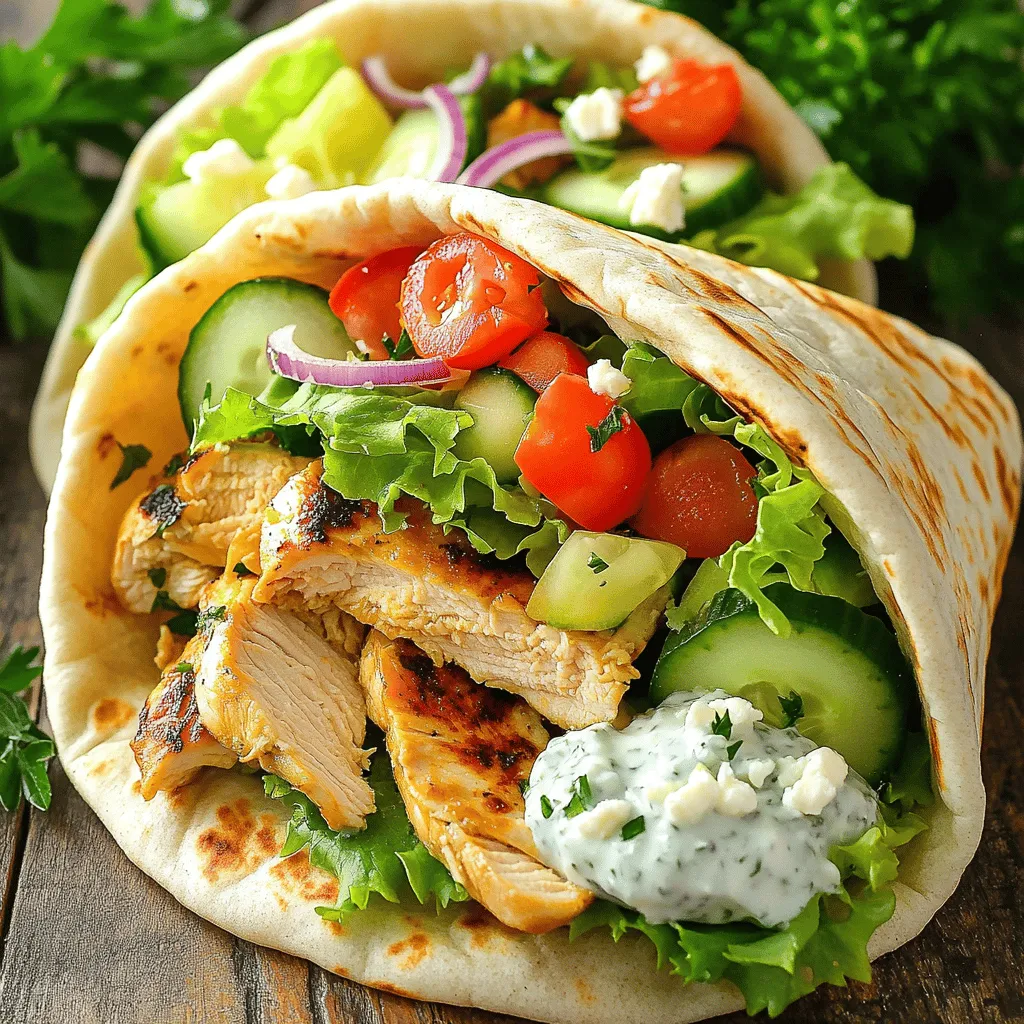 To make these tasty wraps, you will need: - 2 chicken breasts, thinly sliced - 2 tablespoons olive oil - 1 tablespoon lemon juice - 1 teaspoon dried oregano - 1 teaspoon garlic powder - Salt and pepper to taste - 4 large pita breads - 1 cup tzatziki sauce - 1 cup romaine lettuce, shredded - 1 medium tomato, diced - ½ cucumber, thinly sliced - ¼ red onion, thinly sliced These ingredients come together to create a fresh, bright flavor. The chicken gets a burst of taste from the lemon juice and herbs. The tzatziki sauce adds creaminess and cools the spice. You can enhance your gyros with some tasty extras: - Feta cheese, crumbled - Black olives, sliced - Fresh parsley, chopped - Sliced bell peppers Adding feta cheese gives a salty kick. Olives and peppers can add more crunch and depth. Feel free to mix and match these options! If you don’t have an ingredient, don’t worry! Here are some easy swaps: - Chicken can be replaced with turkey or tofu for a veggie option. - Olive oil can be swapped with avocado oil or canola oil. - Tzatziki can be made with yogurt and cucumber if you want a homemade version. These substitutes keep the meal simple and delicious. You can still enjoy the flavors even if you don’t have everything on hand! Start by marinating the chicken. In a bowl, mix olive oil, lemon juice, oregano, garlic powder, salt, and pepper. Next, add the thinly sliced chicken breasts. Stir well until every piece is coated. Cover the bowl and place it in the fridge for 30 minutes. This step makes the chicken juicy and flavorful. Heat a non-stick pan over medium-high heat. Once the pan is hot, add the marinated chicken slices. Cook for 6 to 8 minutes. Turn the chicken occasionally. You want it golden brown and cooked through. Once done, set it aside to cool slightly. While the chicken cooks, prepare the pita wraps. Take a dry skillet and warm the pita breads for 1 to 2 minutes on each side. This softens them and makes them easy to fold. Warm pitas give a nice base for your gyro wrap. Now it’s time to assemble your gyros. Spread a generous spoonful of tzatziki sauce in the center of each warm pita. Layer on the cooked chicken next. Add shredded romaine lettuce, diced tomato, cucumber slices, and red onion. If you like, sprinkle some crumbled feta cheese on top. To wrap the gyros, fold the pita in half to enclose all the tasty filling. Serve them right away for the best flavor. For easy eating, wrap the open end in parchment paper or foil. This keeps everything together and makes it less messy. Enjoy your delicious Greek chicken gyro wraps! To get the best flavor, marinate your chicken well. Use a bowl to mix: - 2 tablespoons olive oil - 1 tablespoon lemon juice - 1 teaspoon dried oregano - 1 teaspoon garlic powder - Salt and pepper to taste Add your chicken slices to this mix. Make sure each piece is coated. Cover the bowl and chill it for 30 minutes. This step helps the chicken soak in all those tasty flavors. When cooking, heat your pan to medium-high. This ensures a nice sear. Add the marinated chicken slices and cook for 6-8 minutes. Turn them often to cook evenly. Look for a golden brown color. This means your chicken is done. If you overcook it, the chicken might become dry, so keep an eye on it. To impress, serve your wraps with extra tzatziki on the side. This makes dipping fun! You can also add a few olives or a sprig of parsley for color. It adds a nice touch to your plate. Wrap the opened end of the pita in parchment paper. This keeps everything together while you eat. Enjoy your meal with a smile! {{image_2}} You can easily make a tasty vegetarian gyro. Use grilled veggies instead of chicken. Good options include bell peppers, zucchini, and mushrooms. Marinate the veggies in olive oil, lemon juice, and spices. Grill them until tender. This creates a fresh and vibrant flavor. You can tailor your gyro to fit your taste. Want more crunch? Add shredded carrots or sliced radishes. Prefer a spicy kick? Toss in jalapeños or a drizzle of hot sauce. You can also switch up the greens. Try spinach or arugula for a different texture. The choice is yours! While tzatziki is traditional, many other sauces work well. Consider hummus for a creamy base. You can also try garlic yogurt or a spicy feta dip. A drizzle of tahini adds a nutty flavor. Experiment with these options to find your favorite sauce! To store your chicken gyros, place them in an airtight container. Make sure to let them cool first. You can keep them in the fridge for up to three days. If you have extra tzatziki sauce, store it in a separate container. This helps keep your wraps fresher for longer. When you’re ready to enjoy your leftovers, reheating is easy. You can use a skillet over medium heat. Warm the gyros for about 3-4 minutes on each side. This method keeps the chicken juicy and the pita soft. Avoid using the microwave, as it can make the pita tough. If you’re in a hurry, you can microwave them for about 30 seconds, but be careful. If you want to freeze your chicken gyros, start by letting them cool completely. Wrap each gyro tightly in plastic wrap. Then, place them in a freezer-safe bag. You can store them for up to three months. To reheat, thaw them overnight in the fridge. Then, follow the reheating steps above. This method helps you enjoy tasty gyros anytime! The best way to cook chicken for gyros is to marinate it first. Marinating adds flavor and keeps the chicken moist. I mix olive oil, lemon juice, oregano, garlic powder, salt, and pepper. I let the chicken sit in this mix for 30 minutes. Then, I cook it in a hot pan for 6-8 minutes until golden brown. This method gives you juicy, tasty chicken. Yes, you can make gyros ahead of time. I recommend marinating and cooking the chicken first. You can store it in the fridge for a day. When ready to eat, just reheat the chicken. Warm the pita bread before assembling your wraps. This way, you can enjoy fresh gyros with less work later. To keep your pita from getting soggy, avoid putting too much sauce on it at first. I spread a thin layer of tzatziki sauce. Then, I add the cooked chicken and veggies on top. Wrapping the pita tightly also helps. If you serve the wraps right away, they stay soft and delicious. You can add many tasty items to your gyros. Some great options are: - Sliced bell peppers - Kalamata olives - Avocado slices - Spinach or arugula - Hummus for extra flavor Feel free to mix and match to suit your taste! You learned how to make easy Greek chicken gyro wraps with key ingredients and step-by-step instructions. The tips shared can help you create juicy chicken and serve it well. Variations let you tweak the recipe to fit your taste, whether vegetarian or with different sauces. Storing and reheating tips keep leftovers fresh. This dish is simple, tasty, and fun to make. Enjoy creating your own delicious gyros and share them with friends and family!