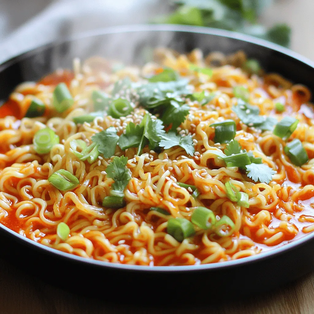 - 200g instant noodles - 3 tablespoons vegetable oil - 4 cloves garlic, minced - 1-2 red chilies, finely sliced - 2 tablespoons soy sauce - 1 tablespoon chili paste (like sambal oelek) - 1 tablespoon honey or maple syrup - 1 green onion, chopped - Sesame seeds - Fresh cilantro (optional) Gathering the right ingredients is key to making Minute Spicy Garlic Chili Noodles. You need just a few items. Start with the instant noodles. They cook fast and make this meal quick. Next, garlic and chilies add a punch of flavor. The minced garlic gives a nice aroma, while the chilies add heat. Adjust the number of chilies to match your spice level. For the sauce, you will need soy sauce and chili paste. These create a rich, savory base. Honey or maple syrup balances the spice with a touch of sweetness. Finally, garnish your dish. Chopped green onion, sesame seeds, and fresh cilantro bring color and extra flavor. You can mix and match these as you like. Enjoy your cooking! 1. Boiling Water and Cooking Time: Start by filling a pot with water and bring it to a boil. This usually takes about 5-7 minutes. Once boiling, add the 200g of instant noodles. Cook them according to the package instructions, which is usually around 3-5 minutes. 2. Draining and Reserving Noodle Water: After the noodles are cooked, carefully drain them in a colander. Make sure to save a little bit of the noodle water. This water can help later if your dish needs more moisture. 1. Heating the Oil and Sautéing Ingredients: In a large skillet, pour in 3 tablespoons of vegetable oil. Heat it over medium heat. This step is important for making the garlic and chili flavors pop. 2. Timing for Garlic and Chili: Once the oil is hot, add 4 minced garlic cloves and 1-2 sliced red chilies. Sauté them for about 1-2 minutes. Watch closely so the garlic doesn't burn. You want it to be fragrant and slightly golden. 1. Mixing Noodles and Sauce: Now, add the drained noodles to the skillet. Pour in 2 tablespoons of soy sauce, 1 tablespoon of chili paste, and 1 tablespoon of honey or maple syrup. This is where the magic happens! 2. Stir-frying Tips for Even Coating: Toss everything together well. If the mixture feels dry, add a splash of the reserved noodle water. Stir-fry for 2-3 minutes until everything is heated through and the noodles are evenly coated. By following these steps, you'll craft a dish full of flavor and spice in no time! Adjusting Chili Levels You can change the heat in your noodles. Start with one chili. Taste, then add more. Use fresh chilies for a bright flavor. Dried chilies can give a deeper heat. Always remember, a little goes a long way! Flavor Balancing with Sweeteners Adding honey or maple syrup helps cool the spice. Use one tablespoon for a mild sweetness. This balances the heat well. If you want it sweeter, add more bit by bit. Just be careful not to overpower the dish. Avoiding Burnt Garlic Garlic can burn fast, so watch it closely. Sauté it on medium heat. Once it turns golden, remove it quickly. Burnt garlic tastes bitter, so timing is key. Using Reserved Noodle Water Always save a bit of noodle water. It helps combine the sauce with the noodles. Add a splash if the mix seems dry. This keeps everything smooth and tasty. Garnishing Ideas for Visual Appeal Garnishing makes your dish pop! Use chopped green onions for color. Sprinkle sesame seeds for a nice crunch. Fresh cilantro adds a burst of green and freshness. Serving Suggestions Serve the noodles in a big bowl. It looks inviting and cozy. Pair them with a side of spring rolls or a light salad. This makes a complete meal that feels special. {{image_2}} You can add protein to your Minute Spicy Garlic Chili Noodles for a heartier meal. Here are some options: - Chicken: Use cooked, shredded chicken. Add it to the noodles when mixing. - Shrimp: Sauté shrimp in the garlic oil for a quick cook. They take about 3-4 minutes. - Tofu: Firm tofu works great. Cube and fry it in the skillet until golden. This takes about 5-7 minutes. - Eggs: Scramble an egg in the skillet before adding the noodles. This adds richness. Cooking times vary, so adjust based on what protein you choose. Adding vegetables boosts nutrition and flavor. Here are some great choices: - Bell Peppers: Slice them thinly. They add color and crunch. - Carrots: Shred or julienne them. They cook quickly and add sweetness. - Spinach: Toss in fresh spinach at the end. It wilts fast and adds nutrients. - Broccoli: Steam or stir-fry small florets. They need just a few minutes. When cooking vegetables, add them to the skillet before the noodles. This ensures they cook well and stay crisp. Feel free to switch up the sauces for new flavors. Here are some ideas: - Peanut Sauce: Mix in a few tablespoons for a nutty taste. - Teriyaki Sauce: Use this for a sweeter, thicker sauce. - Sriracha: This adds a different heat. Use it to boost spice levels. You can also adjust the heat by adding more or less chili. Taste as you go to find the perfect balance! To keep your Minute Spicy Garlic Chili Noodles fresh, follow these tips: - Refrigerate Right Away: Place leftovers in the fridge within two hours. - Cool Before Storing: Let the noodles cool to room temp before sealing. - Use Airtight Containers: Store in glass or plastic containers with tight lids. Keeping the noodles sealed prevents them from drying out. Proper storage helps maintain their flavor and texture. When it’s time to enjoy your leftovers, reheating is key. Use these methods to keep your noodles tasty: - Stovetop Method: Heat a pan over medium heat. Add a splash of water or oil and stir-fry the noodles for about 3-5 minutes. This helps keep them soft. - Microwave Method: Place noodles in a microwave-safe bowl. Add a dash of water and cover with a lid. Heat for 1-2 minutes, stopping to stir halfway. These methods help maintain the noodles' texture. Avoid overheating to prevent a mushy meal. To make Minute Spicy Garlic Chili Noodles vegan, swap out a few ingredients. - Ingredient Substitutions: Use maple syrup instead of honey. Replace any animal-based sauces with vegan options. Most soy sauce is vegan, but double-check the label. For chili paste, find a vegan brand or make your own. - Ensuring No Animal By-products: Check ingredients in sauces and pastes. Some may contain fish or meat. Stick to plant-based items to keep the dish vegan. Yes, you can freeze these noodles for later. - Guidelines for Freezing: Allow the noodles to cool completely. Place them in a freezer-safe bag or container. Remove as much air as possible to avoid freezer burn. They can last for up to three months. - Thawing and Reheating Tips: Thaw the noodles in the fridge overnight. Reheat them in a pan with a splash of water. You can add fresh garlic or chili for extra flavor. Pair your chili noodles with tasty sides to make a full meal. - Recommended Pairings: Try a fresh cucumber salad for crunch. Steamed broccoli or bok choy works well too. A bowl of hot soup can round out the meal nicely. - Side Dishes Ideas: Consider spring rolls or dumplings for a fun appetizer. A side of stir-fried veggies adds color and nutrition. You now have a complete guide to making delicious spicy garlic chili noodles. We covered the essential ingredients, cooking steps, and handy tips for perfecting your dish. Don't forget to play with flavors and customize your noodles to your taste. Whether you add protein or veggies, make it your own. Store any leftovers properly, and enjoy them later. With practice, you’ll master this tasty dish. Dive in and start cooking!