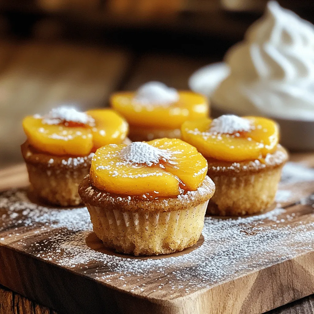 To make Mini Peach Upside Down Cupcakes, you need the following ingredients: - 1 ripe peach, peeled and sliced - 1/4 cup unsalted butter, melted - 1/2 cup brown sugar - 1/2 teaspoon cinnamon - 1 cup all-purpose flour - 1/2 teaspoon baking powder - 1/4 teaspoon baking soda - 1/4 teaspoon salt - 1/2 cup granulated sugar - 1 large egg - 1/2 cup milk - 1 teaspoon vanilla extract When selecting peaches, look for ones that are soft but not mushy. A ripe peach should smell sweet and fragrant. You want to avoid peaches that have bruises or blemishes. Fresh ingredients make a big difference in flavor. For the butter, choose unsalted butter to control the saltiness in your cupcakes. Use good-quality vanilla extract for the best taste. Always check the expiration dates on your baking powder and baking soda to ensure they are fresh. This will help your cupcakes rise nicely. 1. Preheat your oven to 350°F (175°C). This step is key for even baking. 2. Line a muffin tin with cupcake liners. This keeps your cupcakes from sticking. 3. In a small bowl, mix melted butter, brown sugar, and cinnamon. Stir until smooth. 4. Spoon about 1 tablespoon of this mix into each cupcake liner. This will be the sweet base. 5. Place a slice of peach on top of the sugar mixture in each liner. This adds flavor and sweetness. 1. In another bowl, whisk together the flour, baking powder, baking soda, and salt. This helps the cupcakes rise. 2. In a large bowl, cream the granulated sugar and the egg until light and fluffy. This adds air to the mix. 3. Add the milk and vanilla extract to this mix. Stir until all is combined. 4. Gradually mix the dry ingredients into the wet mix. Stir gently until just combined. Be careful not to over-mix; this keeps the cupcakes fluffy. 1. Scoop the batter into the cupcake liners. Fill each about two-thirds full. This allows room for rising. 2. Bake in the preheated oven for 18-20 minutes. Check for doneness with a toothpick. It should come out clean when done. 3. Once baked, remove from the oven and let them cool in the tin for 5 minutes. 4. Invert the cupcakes onto a serving platter, with the peach side facing up. This creates a lovely presentation. To make your cupcakes fluffy, use room temperature ingredients. This helps with mixing. Cream the sugar and egg well until light and airy. Be gentle when mixing in the dry ingredients. This keeps the batter from getting tough. To prevent sticking when you invert the cupcakes, make sure to coat the liners well with the butter and brown sugar mix. Let the cupcakes cool for five minutes after baking. This helps them set and makes it easier to flip them. For a beautiful touch, sprinkle powdered sugar on top of the cupcakes. This adds a sweet look. You can serve them warm with a dollop of whipped cream. Fresh fruit on the side also works well. Try pairing these cupcakes with a scoop of vanilla ice cream. The warm peach flavor and cool ice cream create a lovely contrast. Enjoy your tasty treat! {{image_2}} You can switch out peaches for other fruits. Apples, pears, or berries work well too. Each fruit brings its own flavor. Apples add a crisp bite. Pears give a soft sweetness. Berries add a splash of color and tartness. When you change the fruit, adjust the sugar. Some fruits are sweeter than others. For example, if you use tart berries, you might want to add more sugar. Taste the fruit first. This helps you find the right balance for your cupcakes. To make your cupcakes even more special, add spices or extracts. A pinch of nutmeg can add warmth. A splash of almond extract can boost the flavor. Both options can take your cupcakes to a new level. You can also mix in nuts or coconut. Chopped walnuts or pecans add crunch. Coconut gives a tropical vibe. Just be sure to chop nuts finely. This way, you get crunch in every bite. Mix these extras into the batter before scooping it into the liners. To keep your Mini Peach Upside Down Cupcakes fresh, store them properly. First, let the cupcakes cool completely. This step helps prevent moisture buildup. Place them in an airtight container. This keeps them soft and tasty. Use a container that fits the cupcakes without squishing them. A muffin tin or a cupcake carrier works well. If you stack them, place parchment paper between layers. This helps them stay intact. You can freeze these cupcakes for later. To do this, wrap each cupcake in plastic wrap. Then, place them in a freezer bag. Make sure to remove as much air as possible. This helps prevent freezer burn. When you're ready to enjoy them, take the cupcakes out. Let them thaw in the fridge overnight. For a warm treat, you can reheat them in the oven. Set the oven to 350°F (175°C) for about 10 minutes. This brings back their fluffy texture. Enjoy your tasty cupcakes even after freezing! Can I use canned peaches instead of fresh? Yes, you can use canned peaches. They are sweet and soft, which works well. Just drain them well and pat them dry. This step keeps your cupcakes from getting too soggy. Fresh peaches are great too, but canned ones save time. How can I make these cupcakes gluten-free? You can use a gluten-free flour blend instead of all-purpose flour. Look for blends that contain xanthan gum. This keeps your cupcakes light and fluffy. You may need to adjust the baking time slightly, so keep an eye on them. What other toppings can I use for these cupcakes? You can get creative with toppings! Try adding chopped nuts, like pecans or walnuts. A drizzle of caramel sauce can add a nice touch. You can also use other fruits, like blueberries or raspberries, for a fun twist. Can I make the batter ahead of time? Yes, you can make the batter ahead. Store it in the fridge for up to one day. Just give it a good stir before you fill the cupcake liners. This way, you can bake them fresh when you're ready to serve! Mini Peach Upside Down Cupcakes are a treat you can make easily. We covered the ingredients, step-by-step baking, and storage tips. Remember, fresh peaches work best, and don’t rush mixing. When baking, focus on fluffiness and follow cooling tips. You can also try different fruits for variety. Store them well to keep them fresh. With these tips, you’ll impress anyone with your baking skills. Enjoy your sweet treats!