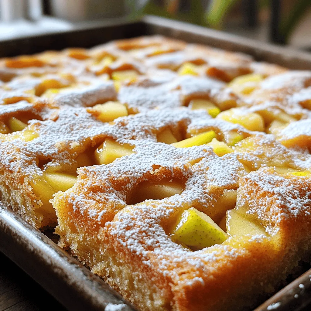 - 2 cups all-purpose flour - 1 tablespoon baking powder - 1 teaspoon ground cinnamon - 1/2 teaspoon ground nutmeg - 1/2 teaspoon salt - 1 cup apple cider - 1/2 cup granulated sugar - 1/2 cup brown sugar, packed - 1/2 cup unsalted butter, melted - 2 large eggs - 1 teaspoon vanilla extract - 1/2 cup chopped apples (preferably Granny Smith) - 1/2 cup powdered sugar (for dusting) In this recipe, the dry ingredients give structure and flavor. The all-purpose flour is the base. Baking powder helps the cake rise. Ground cinnamon and nutmeg add warmth and spice, while salt enhances all the flavors. For the wet ingredients, apple cider is key. It adds moisture and a rich apple taste. Granulated and brown sugars sweeten the cake. Butter brings richness and flavor. Eggs bind everything together and add fluffiness. Vanilla extract rounds out the flavors. You can also add optional ingredients for a fun twist. Chopped apples add texture and more apple flavor. Dusting with powdered sugar gives a nice finish and sweetness. This cake is simple, yet it packs a delightful punch! First, preheat your oven to 350°F (175°C). This step warms up the oven for even baking. Next, grease a 9x13-inch baking pan. Use butter or cooking spray to coat it well. This helps the cake come out easily after baking. In a large bowl, whisk together the following dry ingredients: - 2 cups all-purpose flour - 1 tablespoon baking powder - 1 teaspoon ground cinnamon - 1/2 teaspoon ground nutmeg - 1/2 teaspoon salt Whisking well combines everything, ensuring a light cake. In another bowl, combine these wet ingredients: - 1/2 cup granulated sugar - 1/2 cup brown sugar, packed - 1/2 cup unsalted butter, melted - 2 large eggs - 1 teaspoon vanilla extract Whisk until the mixture is smooth and the sugars dissolve. This adds sweetness and richness to your cake. Now, slowly add 1 cup of apple cider to the wet mixture. Stir gently to mix. Then, gradually fold the dry ingredients into the wet mix. Be careful not to overmix; you want it just combined. This keeps your cake tender. Gently fold in 1/2 cup of chopped apples. They add a nice texture and flavor. Pour the batter into your prepared baking pan. Spread it evenly with a spatula. Bake for 25-30 minutes. You will know it’s done when a toothpick inserted in the center comes out clean. After baking, let the cake cool in the pan for about 10 minutes. Then, transfer it to a wire rack to cool completely. This helps keep the cake from getting soggy. Once cooled, dust the top with powdered sugar for a sweet touch. Enjoy your warm, delicious apple cider donut snack cake! To make your snack cake soft and moist, avoid overmixing. This means you should mix the wet and dry ingredients until just combined. Overmixing can make the cake tough. When measuring flour, use a spoon to scoop it into your measuring cup. Then, level it off with a knife. This method helps you avoid packing the flour, which can lead to a dry cake. Spices can boost the flavor of your cake. Besides cinnamon and nutmeg, consider adding a touch of ginger or allspice for warmth. Just a little can make a big difference. Using different apple varieties can change the taste. Granny Smith apples are tart and add a nice contrast. You can also try Honeycrisp or Fuji apples for a sweeter twist. Serve your cake warm or at room temperature. Dust the top with powdered sugar for a sweet touch. For garnish, you can add a drizzle of caramel sauce or some chopped fresh apples. These add color and make the cake even more inviting. {{image_2}} If you want to make this cake gluten-free, you can swap the flour. Use a gluten-free all-purpose blend. Look for one that has xanthan gum added. This will keep the cake light and fluffy. Be sure to check the blend's ratio to regular flour. It often works in a 1:1 ratio. For a dairy-free snack cake, replace the unsalted butter. You can use dairy-free butter or vegetable oil. Coconut oil also works well, adding a slight flavor. If you use oil, 1/2 cup is a good amount. This keeps the cake moist and delicious. You can change up the flavors to suit your taste. Adding nuts like walnuts or pecans gives a nice crunch. Chocolate chips can also bring a sweet surprise. Try adding 1/2 cup of either for a fun twist. Experiment with spices, too. You could add ginger or allspice to enhance the warmth. Just 1/2 teaspoon of each will do. This opens up new flavors while keeping the cake cozy and inviting. To store your Apple Cider Donut Snack Cake, let it cool completely. Once cooled, wrap it in plastic wrap or place it in an airtight container. This keeps the cake fresh. You can store it at room temperature for up to three days. Avoid direct sunlight, as it may dry the cake out. For longer storage, you can freeze the cake. First, cut it into squares. Wrap each piece in plastic wrap, then place them in a freezer-safe bag. Squeeze out all the air before sealing. This helps prevent freezer burn. You can store the cake in the freezer for up to three months. When you're ready to enjoy a piece, take it out of the freezer. Let it thaw in the fridge overnight. For a warm slice, preheat your oven to 350°F (175°C). Place the thawed cake on a baking sheet and heat for about 10 minutes. This warms it through without drying it out. Enjoy your delicious cake as if it was just baked! Apple cider donut snack cake is a cozy dessert inspired by apple cider donuts. It combines rich flavors of apple cider, cinnamon, and nutmeg. The cake is soft, moist, and packed with chopped apples. This treat is perfect for fall gatherings or any time you crave comfort food. The recipe is simple and quick, making it ideal for home bakers of all levels. Yes, you can make the cake ahead of time. Bake it a day before your event or gathering. Once the cake cools, store it in an airtight container. This keeps it fresh and moist. You can also freeze the cake for longer storage. Just wrap it well in plastic wrap and foil. Thaw it in the fridge when ready to serve. If you don't have apple cider, you can use apple juice as a substitute. The flavor will be slightly different but still delicious. You can also mix apple juice with a bit of vinegar for a closer taste to apple cider. Another option is to use a mix of water and apple sauce. Each choice will still yield a tasty cake. To check if the cake is done, insert a toothpick into the center. If it comes out clean or with just a few crumbs, the cake is ready. You can also look for a golden-brown top and a firm texture. If the top springs back when lightly pressed, it's a good sign the cake is fully baked. In this post, I shared how to make a delicious apple cider donut snack cake. I covered the key ingredients, preparation steps, and helpful tips for the perfect bake. You learned about storage options and found answers to common questions. Baking should be fun and easy, so don't hesitate to experiment with flavors. Try variations and enjoy this cake warm, maybe with a sprinkle of powdered sugar. Happy baking!