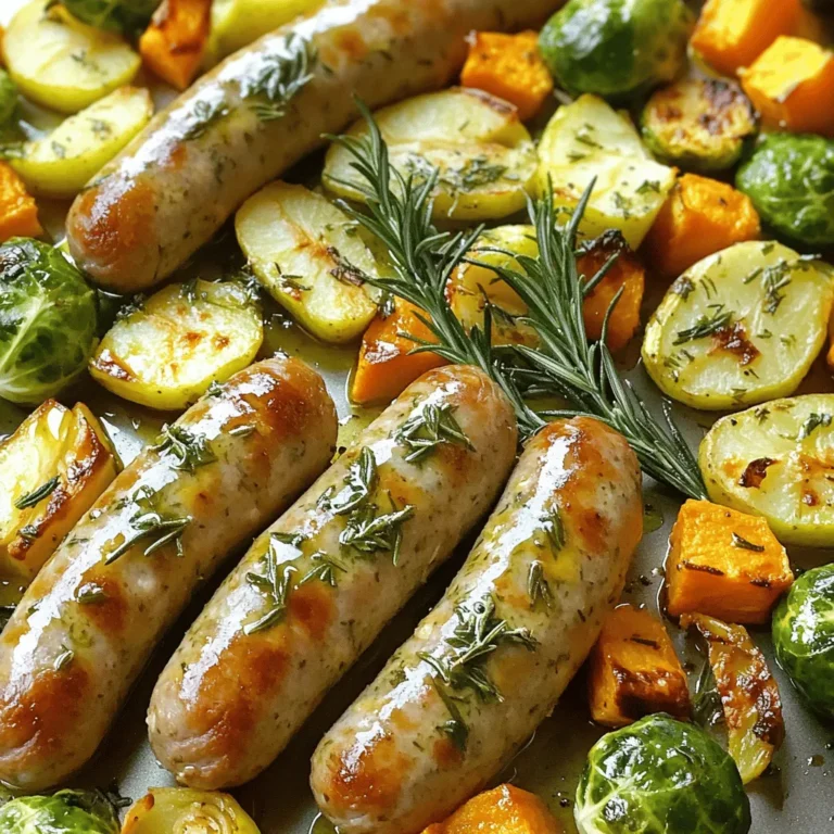 - 4 chicken apple sausages - 2 medium apples, sliced (Granny Smith or Honeycrisp work well) - 1 large sweet potato, cubed - 1 red onion, cut into wedges - 2 cups Brussels sprouts, halved - 2 tablespoons olive oil - 1 teaspoon dried rosemary - 1 teaspoon garlic powder - Salt and pepper to taste Each ingredient plays a key role in flavor and texture. The chicken apple sausages bring a savory and slightly sweet taste. The apples add a crisp sweetness that balances well with the sausage. If you want to try a different flavor, you can swap chicken sausages for turkey or pork sausages. For the sweet potato, you can use butternut squash or regular potatoes as substitutes. The red onion adds a nice richness, but yellow or white onions work too. If you like more greens, you can add green beans or asparagus instead of Brussels sprouts. This dish shines in fall, thanks to its use of apples and sweet potatoes. For a fresh twist, consider using seasonal fruits like pears or figs. You can also add seasonal herbs like thyme or sage to enhance the dish's flavor. If you make this in spring, asparagus and fresh peas can add a nice touch. First, you need to preheat your oven to 400°F (200°C). This temperature helps the food cook evenly. Set a timer for a few minutes. This way, the oven is hot when you add the food. Next, grab a large sheet pan. Lay the chicken apple sausages on the pan. Make sure they have space around them. This allows them to brown nicely. Now, take your sweet potato and cut it into cubes. Add these to the pan. Next, slice the apples. I like using Granny Smith or Honeycrisp for their sweet-tart flavor. Place the apple slices on the pan. Cut the red onion into wedges and toss them on too. Finally, halve the Brussels sprouts and add them. You want a colorful mix of food on the pan. Drizzle two tablespoons of olive oil over all the ingredients. This helps keep everything moist. Now, sprinkle one teaspoon of dried rosemary and garlic powder on top. Add salt and pepper to taste. Toss everything gently. This ensures each piece is coated well. Now, it’s time to cook! Place the sheet pan in your preheated oven. Roast for about 25 to 30 minutes. Stir the food halfway through cooking. This helps it roast evenly. You’ll know it’s done when the sausages are cooked through and the veggies are tender. When finished, take the pan out and let it rest for a few minutes. Slice the sausages before serving. Enjoy your warm, tasty meal! To ensure even cooking, space the chicken apple sausages out on the sheet pan. This helps hot air flow around them. Cut the sweet potato into equal cubes. They should be about one inch each. This way, all the veggies cook at the same speed. Stir the pan halfway through cooking. This helps all the ingredients brown well. For extra flavor, try adding fresh herbs like thyme or sage. You can also mix in a splash of apple cider vinegar before roasting. This gives a nice tang. If you want a bit of heat, add red pepper flakes. They can brighten up the dish without overpowering it. When slicing apples, use a sharp knife for clean cuts. Remove the core first for safety. For the Brussels sprouts, cut them in half lengthwise. This helps them roast evenly and caramelize nicely. When cutting the red onion, make wedges that stay intact. This helps keep their shape during cooking. {{image_2}} You can switch the chicken apple sausages for other types. Try turkey sausage for a leaner option. If you prefer pork, use sweet Italian sausage for more flavor. For a meat-free meal, look for plant-based sausages. They can provide a tasty twist while keeping the dish hearty. Feel free to mix in other veggies. Carrots, parsnips, or butternut squash can add sweetness. Broccoli or cauliflower will give a nice crunch. Just make sure they cook well with the sausages. Aim for veggies that roast nicely and complement the apples. While roasting is easy, you can grill or sauté this dish too. If you grill, use skewers to hold everything together. This adds a nice char and smoky flavor. For stovetop cooking, sauté the sausages first. Then add the veggies and cook until tender. Each method brings out different tastes, so try them all! To keep your roasted apple chicken sausage sheet pan fresh, let it cool first. Then, place leftovers in an airtight container. Store the container in the fridge for up to three days. Make sure to separate the sausages from the veggies if you want to keep them crisp. When you're ready to enjoy the leftovers, preheat your oven to 350°F (175°C). Place the sausage and veggies on a baking sheet. Heat for about 10-15 minutes. This keeps the flavors intact and warms everything evenly. You can also use a microwave, but the oven gives the best texture. You can freeze this dish, too! Let it cool completely, then pack it in freezer-safe bags or containers. It can last for up to three months in the freezer. When you’re ready to eat, thaw it overnight in the fridge before reheating. For this dish, I recommend chicken apple sausages. They add a nice sweetness that pairs well with the apples and veggies. You can choose any brand you like, but look for ones with natural ingredients. This ensures great taste and quality. If you want a different flavor, try turkey sausage or pork sausage with apple. Both options will give a tasty twist to the dish. Yes, you can make this dish ahead of time. Prepare everything and store it in the fridge for up to a day. When you’re ready to eat, simply roast it in the oven. This makes it easy for busy days. Just keep in mind that the veggies may lose some crunch if stored too long. To keep them fresh, add the apples just before roasting. To check if the sausage is fully cooked, use a meat thermometer. The internal temperature should reach 165°F (75°C). If you don’t have a thermometer, cut into the sausage. It should be white or light brown inside, not pink. Also, the juices should run clear. When you see this, your sausages are ready to enjoy! In this blog post, we explored the key ingredients and measurements needed for a great dish. I also shared step-by-step instructions for roasting and useful tips to ensure even cooking. We looked at how to vary ingredients and best storage practices. Overall, this dish is easy to make and fun to customize. With fresh ingredients and simple techniques, you'll create a meal everyone will enjoy. Now, go ahead and try it! Your kitchen will smell amazing, and your taste buds will thank you.