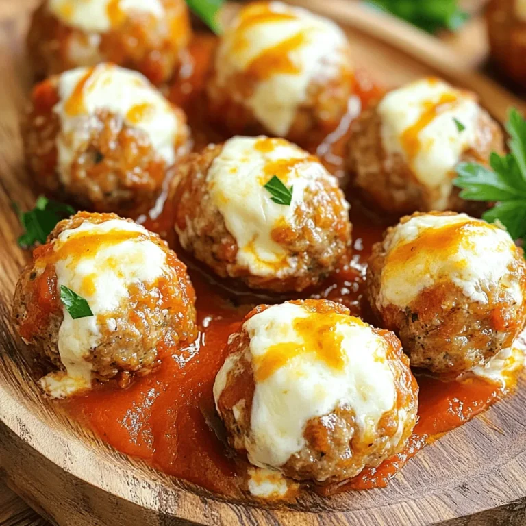 To make air fryer crispy mozzarella-stuffed meatballs, you need these key ingredients: - 1 pound ground beef - 1/2 cup breadcrumbs - 1/4 cup grated Parmesan cheese - 1/4 cup chopped fresh parsley - 1 clove garlic, minced - 1 teaspoon onion powder - 1 teaspoon salt - 1/2 teaspoon black pepper - 1/2 teaspoon Italian seasoning - 8 ounces mozzarella cheese, cut into small cubes - 1 egg, beaten - Cooking spray - Marinara sauce, for serving (optional) If you are missing some ingredients, here are good substitutes you can use: - Ground turkey or chicken instead of ground beef - Almond flour or crushed cornflakes can replace breadcrumbs - Pecorino Romano cheese can substitute Parmesan cheese - Dried parsley works if you lack fresh parsley - Garlic powder can replace fresh garlic - You can use any cheese like cheddar for a twist I find these brands to be reliable for quality ingredients: - For ground beef, use brands like Organic Prairie or ButcherBox. - For breadcrumbs, try Progresso or Ian's. - For cheese, look for Kraft or BelGioioso for Parmesan and mozzarella. - Use McCormick for spices like onion powder and Italian seasoning. - When it comes to marinara, Rao's is a great option for flavor. These ingredients set the stage for creating delicious, crispy mozzarella-stuffed meatballs. Each ingredient plays a role, enhancing taste and texture. Use fresh, high-quality items to get the best results. To start, take a large mixing bowl. Add 1 pound of ground beef. Then, pour in 1/2 cup of breadcrumbs. Add 1/4 cup of grated Parmesan cheese and 1/4 cup of chopped fresh parsley. Next, add 1 clove of minced garlic, 1 teaspoon of onion powder, 1 teaspoon of salt, 1/2 teaspoon of black pepper, and 1/2 teaspoon of Italian seasoning. Mix all these ingredients well until they blend together. This step is key for great flavor. Now, beat 1 egg in a small bowl. Add the egg to the meat mixture and mix again until fully combined. Now, you’ll need to stuff the meatballs. Take about the size of a golf ball from the meat mixture. Flatten it slightly in your palm. Place a small cube of mozzarella cheese in the center. Carefully wrap the meat around the cheese. Make sure the cheese is completely sealed inside. This is important to keep the cheese from leaking. Repeat this for all the meat mixture and cheese. You should have about 12 meatballs. Preheat your air fryer to 380°F (193°C). Spray the air fryer basket lightly with cooking spray to help prevent sticking. Place the meatballs in the basket in a single layer. Make sure they are not touching each other. Air fry the meatballs for 10-12 minutes. They should turn golden brown and reach an internal temperature of 160°F (71°C). If you want an extra crispy finish, raise the temperature to 400°F (204°C) and air fry for an additional 2-3 minutes. Once done, carefully remove the meatballs and let them rest for a few minutes before serving. Enjoy your delicious mozzarella-stuffed meatballs! To get crispy meatballs, the right amount of fat is key. Use a lean ground beef to keep them from becoming greasy. Mixing in breadcrumbs adds texture and helps with crispness. Don't skip the cooking spray; it helps the meatballs brown nicely in the air fryer. Start cooking at 380°F (193°C) for 10-12 minutes. This temperature cooks the meatballs evenly. If you want extra crispiness, raise the temperature to 400°F (204°C) for an extra 2-3 minutes. Always check the internal temperature. It should reach 160°F (71°C) for safety. Serve these meatballs with marinara sauce for a classic touch. They are great as an appetizer or main dish. Pair with garlic bread or a fresh salad for balance. You can also serve on skewers for fun finger food. {{image_2}} You can change the meat in these meatballs. Try ground turkey or chicken for a lighter taste. If you want more flavor, use Italian sausage. Swap the breadcrumbs for crushed crackers or cornflakes for a fun twist. Use different cheeses, like cheddar or pepper jack, for a different melt. Herbs can also change the taste. Try basil or oregano instead of parsley. To make these meatballs gluten-free, choose gluten-free breadcrumbs. You can also use ground oats or almond flour. Always check labels to avoid hidden gluten. This way, you can enjoy these tasty meatballs without worry. Adding veggies can boost flavor and nutrition. Chopped spinach or bell peppers work well. You can also mix in grated carrots or zucchini for extra moisture. For a spicy kick, add crushed red pepper or cayenne. Try different spices like cumin or smoked paprika to change the taste. These small changes can make a big difference! Keep leftover meatballs in an airtight container. They stay fresh for up to three days. Place them in the fridge. If you want them to last longer, consider freezing. You can freeze these meatballs for meal prep. First, let them cool completely. Then, place them on a baking sheet in a single layer. Freeze for about an hour. Once frozen, transfer them to a freezer bag. This way, they won't stick together. They can last for up to three months in the freezer. To reheat, take the meatballs out of the fridge or freezer. If frozen, thaw them in the fridge overnight. For quick reheating, use the air fryer. Heat them at 350°F (175°C) for about 5-7 minutes. You can also use the microwave for a faster option. Just heat in 30-second bursts until warm. Enjoy them with marinara sauce for extra flavor! Yes, you can use other meats. Ground turkey or chicken works well. You can also mix meats for a unique taste. Just keep the same amount, one pound total. Each type of meat gives a different flavor profile. Ground beef offers a rich taste. Turkey is leaner and lighter. Chicken is mild, which absorbs flavors easily. To check the meatballs, use a meat thermometer. The inside should reach 160°F (71°C). This ensures they are safe to eat. Another way is to cut one open. The meat should be no longer pink and juices should run clear. If you see melted cheese, that’s a good sign! Marinara sauce is a classic choice. Its rich flavor complements the meatballs well. You can also try ranch or garlic aioli for a twist. BBQ sauce adds a sweet and smoky taste. For a spicy kick, sriracha or hot sauce works great too. Each sauce brings a new taste experience! This guide covered key ingredients, step-by-step cooking, and useful tips for flavorful meatballs. You learned how to prepare, stuff, and cook them to perfection while exploring variations to fit your taste. Remember to store leftovers properly and follow reheating tips for the best meals. With these simple methods, you can enjoy delicious meatballs any time. Cook with these ideas, and share your tasty results!