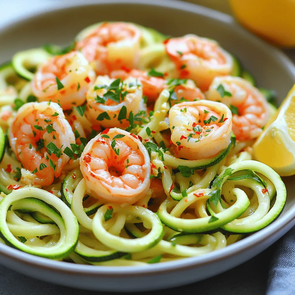 - 2 medium zucchinis, spiralized into zoodles - 1 lb large shrimp, peeled and deveined - 3 tablespoons olive oil - 4 cloves garlic, minced - 1 teaspoon red pepper flakes - Juice of 1 lemon - Zest of 1 lemon - Salt and pepper to taste - ¼ cup fresh parsley, chopped - ¼ cup grated Parmesan cheese (optional) - Zucchinis: These are the star of the dish. They give a fresh taste and a fun texture. You can find them in any grocery store. - Large Shrimp: Look for shrimp that are firm and pink. They add protein and a light seafood flavor. - Olive Oil: Use extra virgin olive oil for the best flavor. It helps cook the shrimp and zoodles. - Garlic: Fresh garlic gives a rich and fragrant taste. It is key to classic scampi flavor. - Red Pepper Flakes: This adds a spicy kick. Adjust the amount based on your taste. - Lemon Juice and Zest: Both add brightness. The juice gives tang, while the zest offers a fresh aroma. - Salt and Pepper: These enhance all the flavors in the dish. Season to your liking. - Fresh Parsley: Chopped parsley adds color and a fresh taste. It also makes the dish look pretty. - Parmesan Cheese: This is optional but adds a nice creamy touch. It enhances the overall flavor. - Crushed Red Pepper: If you want more heat, add a pinch of crushed red pepper. - Cherry Tomatoes: Sliced cherry tomatoes can add sweetness and color. - Spinach: Fresh spinach can add more nutrients and a lovely green color. - Cream: For a richer sauce, add a splash of cream at the end. These ingredients work together to create a delightful dish. Each adds its own unique touch to the flavor profile. Enjoy experimenting with them! To begin, take two medium zucchinis. I like to use a spiralizer for this step. It’s easy and fun. Spiralize the zucchinis until they look like long noodles, known as zoodles. Set them aside on a plate. This will be the base of your dish. Next, grab a large skillet and heat two tablespoons of olive oil over medium heat. Once the oil is hot, add four cloves of minced garlic and one teaspoon of red pepper flakes. Sauté for about one minute. You want the garlic to smell great but not burn. Now, raise the heat to medium-high. Add one pound of peeled and deveined shrimp to the skillet. Sprinkle some salt and pepper over them. Cook the shrimp for two to three minutes on each side. They should turn pink and opaque when done. Once cooked, take them out of the skillet and set them aside. In the same skillet, add one more tablespoon of olive oil. Now, toss in the zoodles. Sauté them for about two to three minutes. You want them to soften a bit but still have a nice crunch. Lower the heat to low. Return the shrimp to the skillet, then add the juice and zest of one lemon. Gently toss everything together for another minute. This helps mix all the flavors. Finally, remove the skillet from heat and stir in a quarter cup of chopped parsley. Taste and adjust the salt and pepper if needed. Plate the zoodles with shrimp on top. If you like, sprinkle some grated Parmesan cheese for extra flavor. Enjoy your delicious Shrimp Scampi Zoodles! To spiralize zucchini, use a spiralizer. Cut both ends off the zucchini first. Then, secure one end in the spiralizer and twist. Make sure to turn slowly and evenly. You will get nice, long zoodles. If you do not have a spiralizer, use a vegetable peeler to create thin strips. This method works, but the zoodles will be wider. The recipe uses red pepper flakes for spice. Start with one teaspoon. If you like more heat, add more flakes while cooking. Always taste before serving. You can also use black pepper for a different flavor. If you want less spice, skip the pepper flakes or reduce the amount. Cook shrimp quickly for the best texture. Heat the oil in a skillet over medium-high heat. Add shrimp and season with salt and pepper. Cook for 2-3 minutes per side. Look for pink and opaque color. Overcooking shrimp makes them tough. If you’re unsure, cut one open to check. Always remove shrimp from the pan once done to avoid overcooking. {{image_2}} If you want to keep this dish low-carb, you have options. Use cauliflower rice instead of zoodles. It adds a nice texture and keeps the carbs low. Another choice is spaghetti squash. It has a similar feel and works well with shrimp. If you want to sneak in more veggies, try adding mushrooms or spinach. They boost nutrition without adding many carbs. Zucchini makes great zoodles, but you can try other veggies too. Carrots are a fun option. Spiralized carrots give a sweet taste and bright color. You can also use butternut squash. It adds a slight sweetness and pairs well with shrimp. If you want a bit of crunch, think about using bell peppers. They add flavor and color to your plate. Want to make your shrimp scampi zoodles creamy? Consider adding a splash of cream or coconut milk. This makes the dish rich and satisfying. Another idea is to mix in some cream cheese. It melts well and adds a nice texture. For a lighter option, try Greek yogurt. It adds creaminess and a tangy flavor. You can also play with different herbs, like dill or basil, to change the taste. Store your leftover Shrimp Scampi Zoodles in an airtight container. Make sure the dish is cool before sealing. This helps keep the flavors fresh. You can store it in the fridge for up to three days. If you want to enjoy it later, follow the freezing tips below. To reheat, you can use the microwave or a skillet. If using the microwave, place it in a bowl and cover it. Heat in 30-second bursts until warm. If you prefer a skillet, warm it on medium heat. Add a splash of olive oil to keep the zoodles from sticking. Stir gently until heated through. Yes, you can freeze Shrimp Scampi Zoodles! However, the texture may change. To freeze, place the dish in a freezer-safe container. Seal it tightly and label it with the date. Store it for up to two months. When ready to eat, thaw it overnight in the fridge. Then reheat as mentioned above. Yes, you can use regular pasta. However, zoodles make the dish lighter. They also add more veggies to your meal. If you want to switch, cook the pasta according to the package. Mix it with the shrimp and sauce just like you would with zoodles. To make this dish dairy-free, skip the Parmesan cheese. You can also use nutritional yeast for a cheesy flavor. It adds a nice taste without dairy. Fresh herbs like basil or parsley can also boost flavor. They give a fresh twist without any dairy. Zucchini noodles are low in calories and high in vitamins. They are a great source of fiber. This helps keep you full longer. Zoodles are low in carbs, making them perfect for healthy diets. They also add hydration since zucchini has a high water content. Enjoying zoodles helps you eat more vegetables in a tasty way. In this article, we explored making shrimp scampi zoodles. We looked at key ingredients, detailed cooking steps, and useful tips. You can adjust spices and try different veggies for variety. Storing leftovers and reheating them is simple and effective. Consider trying alternatives like dairy-free options or regular pasta if you prefer. This dish is not only tasty but also healthy. Enjoy your cooking and make this meal your own!