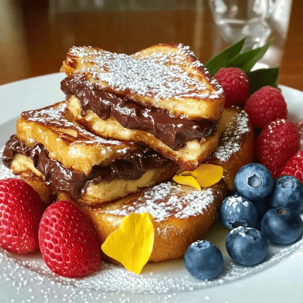 - Thick bread options (Brioche, Challah) - Nutella - Eggs and Milk - Flavor enhancers (Vanilla extract, Ground cinnamon) - Frying essentials (Butter) - Garnishes (Powdered sugar, Fresh berries) For this Nutella stuffed French toast, you need some key ingredients. First, choose thick bread like brioche or challah. These breads soak up the egg mixture well and give a nice texture. Next, grab a half cup of Nutella. This sweet chocolate spread is the star of the dish. You will also need two large eggs and half a cup of milk. These mix together to create a rich coating for the bread. Add one teaspoon of vanilla extract and half a teaspoon of ground cinnamon for extra flavor. These enhance the taste and aroma of the French toast. You'll need butter for frying. It helps create a golden, crispy outside. Finally, have powdered sugar and fresh berries ready for garnish. The powdered sugar adds sweetness, and the berries provide a fresh burst of flavor. With these ingredients, you can create a delightful breakfast treat that is sure to impress! Start by taking two slices of thick bread. I like using brioche or challah. Next, grab a generous amount of Nutella. Spread it evenly on each slice of bread. Make sure to cover the whole slice for a rich taste. After that, place the remaining slices on top. Press down gently to form two sandwiches. Now, let’s make the egg mixture. In a shallow bowl, crack two large eggs. Add half a cup of milk for creaminess. Then, pour in one teaspoon of vanilla extract. This adds a nice flavor. Finally, sprinkle in half a teaspoon of ground cinnamon. Whisk all these ingredients together until well combined. The mixture should be smooth and creamy. Next, it’s time to cook! Heat a skillet or griddle over medium heat. Add a pat of butter and let it melt. The butter will help the toast get crisp. Dip each Nutella sandwich into the egg mixture. Make sure to coat both sides well. Place the sandwiches on the hot skillet. Cook each side for about 3 to 4 minutes. Look for a golden brown color. Once cooked, transfer the French toast to a plate. Dust with powdered sugar for a sweet touch. Enjoy your delightful breakfast treat topped with fresh berries! To get the best Nutella stuffed French toast, coat the bread evenly in the egg mixture. Dip each sandwich in the egg mix, making sure to cover both sides well. This helps create a nice crust. Cook the toast on medium heat. This helps it brown evenly without burning. If the heat is too high, the outside cooks fast while the inside stays soft. You can add a splash of almond or hazelnut extract for extra flavor. A pinch of nutmeg also works well. These small tweaks can make a big difference. When it comes to toppings, think colorful. Fresh berries like strawberries, blueberries, or raspberries add both taste and a pop of color. A dusting of powdered sugar gives a sweet finish. Serve the French toast in a stack for a beautiful look. Drizzle chocolate sauce on top for added flair. You can also arrange the fresh berries around the plate for a vibrant touch. Don't forget to sprinkle some powdered sugar on top for a charming finish! {{image_2}} You can switch up the filling to keep things fun. Try peanut butter or almond butter instead of Nutella. These spreads add a unique flavor and still taste great. You can also add fruits like bananas or strawberries. They bring a fresh taste and extra sweetness. Cream cheese is another option. It adds a creamy texture and pairs well with fruit. If you need gluten-free options, use gluten-free bread. Many brands offer soft and tasty choices. For a dairy-free version, substitute milk with almond or oat milk. You can also make this dish vegan. Use flax eggs instead of regular eggs. Mix one tablespoon of ground flaxseed with three tablespoons of water. Let it sit until it thickens. This gives you a great egg alternative. This dish tastes amazing on its own, but you can add sides for more flavor. Crispy bacon or savory sausages work well with it. You can also serve it with a side of yogurt. This adds creaminess and balances the sweetness. Fresh fruit salad is another great choice. It adds color and extra nutrients to your meal. To keep your Nutella stuffed French toast fresh, store it in the fridge. Place the slices in an airtight container. This helps prevent them from drying out. You can keep them for up to three days. When reheating, use a skillet or griddle. Heat it on low to medium heat. Add a little butter to the pan. This keeps the outside crispy while warming the inside. Cook each side for about 2-3 minutes. Avoid microwaving, as it makes the toast soggy. You can freeze cooked French toast for later. Allow it to cool completely first. Then, wrap each slice in plastic wrap. Place them in a freezer-safe bag. They can last up to two months in the freezer. To thaw, take the slices out the night before. Place them in the fridge to defrost. When ready to eat, reheat in a skillet. This keeps the texture nice and crisp. You can also use a toaster oven for a quick option. Thick bread works best for French toast. I love using brioche or challah. They have a soft texture and sweet flavor. This helps the toast soak up the egg mixture. You get a rich taste and a nice bite. Other breads, like sourdough or whole wheat, can work too. Just make sure they are thick and sturdy. This helps hold the filling well while cooking. Yes, you can prep it before. Make the sandwiches and keep them in the fridge. Just cover them with plastic wrap or foil. This keeps them fresh for a few hours. You can also mix the egg mixture ahead of time. Store it in a bowl and whisk it before using. This way, busy mornings become easier. Just cook the sandwiches when you are ready to eat. Preventing leaks is key for perfect French toast. First, spread the Nutella thickly but not too close to the edges. When you press the sandwiches together, seal the edges well. You can use your fingers to pinch them. Also, dip the sandwiches in the egg mixture gently. Let them soak for a second but not too long. This keeps the filling inside during cooking. This blog post explored how to make delicious Nutella Stuffed French Toast. We covered essential ingredients, detailed instructions, and helpful tips for perfecting the dish. You now know about variations and the best ways to store leftovers. Enjoying this sweet treat is easy with the right techniques. Don't hesitate to experiment with flavors and toppings. Your breakfast will impress everyone! Happy cooking, and enjoy your delicious creation!