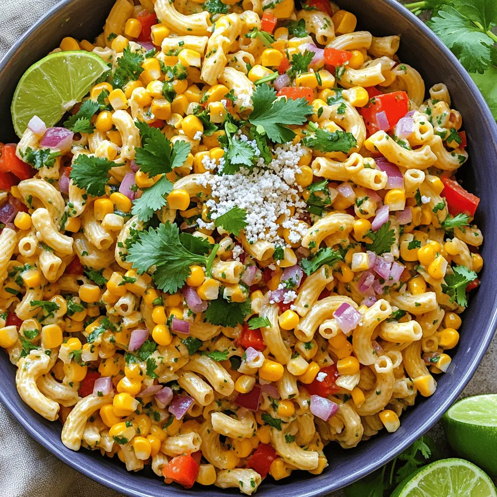 - 2 cups of elbow pasta - 1 cup of corn kernels (fresh or frozen) - 1 red bell pepper, diced - ½ cup of red onion, finely chopped - 1 jalapeño, deseeded and minced - ½ cup of Cotija cheese, crumbled - ½ cup of fresh cilantro, chopped - 3 tablespoons of mayonnaise - 2 tablespoons of sour cream - 2 tablespoons of lime juice - 1 teaspoon of chili powder - Salt and pepper to taste When making this pasta salad, I focus on fresh, tasty ingredients. The pasta gives a great base. I love using elbow pasta because it holds the dressing well. Corn adds sweetness and crunch. If fresh corn is not in season, frozen works too. The red bell pepper brings color and a nice bite. Red onion adds a sharp flavor that balances the salad. I like to add jalapeño for a bit of heat. You can adjust this to your taste. Cotija cheese adds a creamy, salty touch. Fresh cilantro brightens each bite. The dressing, made with mayonnaise and sour cream, ties everything together. Lime juice adds a zesty kick. You can swap the elbow pasta for any pasta you like. Penne or fusilli work well too. If you can't find Cotija cheese, feta is a great choice. For a dairy-free option, try using avocado or a nut-based cheese. For the dressing, if you want a lighter option, you can skip the mayonnaise and use more sour cream. You can also use Greek yogurt for a creamy texture. Using fresh corn gives a sweet, crisp taste that is hard to beat. Fresh herbs, like cilantro, add bright flavors that frozen herbs cannot match. They bring life to your dish. While frozen ingredients are handy, I always recommend fresh when you can. They add a depth of flavor that makes your salad stand out. Fresh ingredients make cooking more fun and tasty! Start by boiling salted water in a large pot. Add 2 cups of elbow pasta. Cook it according to the package instructions. Aim for al dente, which means the pasta is firm but cooked. This usually takes about 8-10 minutes. After cooking, drain the pasta. Rinse it under cold water to stop the cooking process and cool the pasta down. If you choose fresh corn, grilling adds a great flavor. Simply husk the corn and place it on high heat. Grill for about 5-7 minutes until the kernels are slightly charred. If you use frozen corn, heat it in a skillet for 3-4 minutes until warm. Let both types of corn cool before adding them to the salad. In a large bowl, combine the cooled pasta, corn, diced red bell pepper, chopped red onion, and minced jalapeño. Add the crumbled Cotija cheese to the mix. Stir gently to blend the ingredients well. This step helps build a rich flavor profile that connects each bite. In a separate small bowl, whisk together 3 tablespoons of mayonnaise, 2 tablespoons of sour cream, 2 tablespoons of lime juice, and 1 teaspoon of chili powder. Add a pinch of salt and pepper. Whisk until the mixture is smooth. Proper seasoning is key for a tasty dressing, so don’t skip this step! Now it’s time to add fresh cilantro to the salad. Reserve a bit for garnishing later. Gently fold the chopped cilantro into the pasta mix. Be careful not to break the pasta or corn. Taste and adjust seasoning with more salt or pepper if needed. Cover the salad and refrigerate for at least 30 minutes. Chilling allows the flavors to meld. Before serving, garnish with extra Cotija cheese and fresh cilantro. This step adds color and makes your dish look as vibrant as it tastes! To make your Mexican Street Corn Pasta Salad even better, try adding more spices. A pinch of cayenne or a sprinkle of hot sauce can bring the heat. If you like bold flavors, don't hold back! You can also mix in other vegetables. Chopped zucchini or diced avocado work well. They add fresh taste and color. Consider using cherry tomatoes for a sweet pop. These enhancements will make your salad more vibrant and filling. This pasta salad pairs well with grilled chicken or shrimp. The protein adds heartiness and makes it a complete meal. You can also serve it with tortilla chips for a fun crunch. For the best taste, serve the salad chilled. It allows the flavors to blend nicely. If you want to serve it warm, let it cool slightly before enjoying. To save time, prepare your ingredients ahead of time. Cook the pasta and chop the veggies early in the day. You can also make the dressing in advance. This way, it all comes together quickly when you’re ready to eat. After cooking, clean up fast. Soak pots and pans in hot water right away. This makes scrubbing much easier later. Keeping your kitchen tidy lets you enjoy your meal without stress. {{image_2}} You can change the taste of this salad easily. - Southwestern twist with black beans: Add one can of black beans, drained and rinsed. This adds protein and a creamy texture. - Mediterranean version with olives: Toss in half a cup of sliced olives for a briny kick. This change gives the dish a fresh twist. If you have special diets, you can still enjoy this salad. - Gluten-free pasta suggestions: Use gluten-free elbow pasta or any gluten-free pasta you like. This keeps the dish tasty for all. - Vegan adaptations of the recipe: Replace mayonnaise and sour cream with vegan versions. Use a dairy-free cheese to make it vegan-friendly. You can adapt the salad based on what’s fresh. - Using seasonal veggies: In summer, add diced tomatoes or cucumbers. In winter, try roasted sweet potatoes or squash. These changes keep the dish exciting. - Adjusting for summer vs. winter flavors: In summer, use fresh herbs like basil or parsley. In winter, add spices like cumin or smoked paprika for warmth. To keep your Mexican street corn pasta salad fresh, use airtight containers. Glass or plastic containers with tight lids work best. Ensure the salad is cooled before sealing it. This helps prevent moisture buildup and keeps the flavors intact. In the fridge, your pasta salad lasts about three to four days. Look for signs of spoilage, like a sour smell or mold. If the salad looks slimy or has changed color, it’s best to throw it away. You can reheat pasta salad, but it's not the best idea. The pasta may become mushy. Instead, serve it cold or at room temperature. If you prefer warmth, heat gently in a skillet. Add a splash of lime juice or olive oil for extra flavor when serving leftovers. Yes, you can make this salad ahead of time. I recommend chilling it for at least 30 minutes. This time helps the flavors mix well. You can also prepare it a day in advance. Just keep it covered in the fridge. I find elbow pasta works best for this salad. Its shape holds the dressing well. You can also try fusilli or rotini. These shapes add texture and fun to the dish. To add heat, use more jalapeño. You can also sprinkle in cayenne pepper. For a smoky flavor, try smoked paprika. Each option brings a unique kick to your salad. Absolutely! This salad is great for meal prep. It keeps well in the fridge for several days. You can pack it for lunches or quick dinners. It’s healthy, tasty, and easy to make ahead. Yes, you can swap Cotija cheese for feta or queso fresco. These cheeses will change the flavor a bit. Both options still work great in this salad. Feel free to experiment and find your favorite. You can make the dressing your own easily. Try adding fresh herbs like dill or parsley. For a tangy twist, mix in some Greek yogurt. You can also add a dash of hot sauce for extra flavor. This blog post guided you through creating a delicious Mexican Street Corn Pasta Salad. We covered ingredients, including types of pasta and cheese. I shared tips for preparing, storing, and serving the salad. Remember to choose fresh ingredients for the best taste. Don't hesitate to try variations that match your diet. This salad is not just tasty; it’s also great for meal prep. Enjoy your cooking, and make it your own!