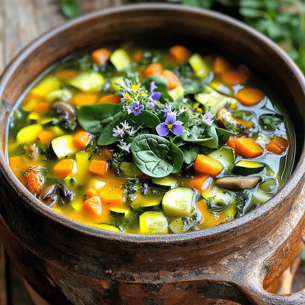 - 1 tablespoon olive oil - 1 onion, diced - 3 cloves garlic, minced - 2 carrots, diced - 2 stalks celery, diced - 1 medium zucchini, diced - 1 cup mushrooms, sliced - 4 cups vegetable broth - 1 can (15 oz) black beans, drained and rinsed - 1 teaspoon dried thyme - 1 teaspoon smoked paprika - 1/2 teaspoon cayenne pepper (adjust to taste) - Salt and pepper to taste - 2 cups fresh spinach - 1 tablespoon lemon juice - Edible flowers for garnish (like nasturtiums or violets) When I create Mystical Witch Soup, I focus on fresh, vibrant ingredients. Each item brings a unique flavor. The olive oil adds a rich base. Onions and garlic give depth and warmth. Carrots and celery add sweetness and crunch. Zucchini and mushrooms create a nice texture. Vegetable broth forms the soup's heart, making it warm and comforting. Black beans contribute protein and earthiness. Thyme and smoked paprika enhance the flavor, while cayenne pepper adds a kick. Spinach adds a pop of color and nutrition. Lemon juice brightens the dish, making it refreshing. Finally, edible flowers bring a touch of magic, turning the soup into a feast for the eyes. - Large pot - Cutting board - Knife - Measuring spoons - Ladle To make this soup, you need a few kitchen tools. A large pot is key for cooking all the ingredients together. A cutting board and knife help you chop the veggies easily. Measuring spoons ensure you get the right amounts of spices. Finally, a ladle makes serving the soup a breeze. With the right tools, cooking becomes fun and easy. You’ll enjoy making this delightful recipe! - Gather and prepare all ingredients. - Preheat the pot over medium heat. - Sauté onions and garlic in olive oil. They need about 5 minutes until soft. - Add carrots and celery next. Cook these for another 5 minutes, stirring often. - Now, stir in zucchini and mushrooms. Cook for 4 to 5 minutes until they soften. - Pour in the vegetable broth and bring the soup to a boil. - Once boiling, lower the heat. Add black beans, thyme, smoked paprika, cayenne, salt, and pepper. Let this simmer for 15 minutes to blend flavors. - Remove from heat and mix in fresh spinach and lemon juice. Stir until the spinach wilts. - Taste the soup and adjust seasoning as needed. - Garnish with edible flowers like nasturtiums or violets for a magical touch. - Serve with warm bread or a fresh salad for a complete meal. - Adjusting spice levels: Start with a small amount of cayenne pepper. You can add more later if you like it spicy. Always taste as you go. Everyone's heat level is different. - Enhancing with herbs: Fresh herbs can brighten the soup's taste. Try adding parsley or basil at the end of cooking. These herbs add a fresh kick. You can also swap thyme for rosemary for a new flavor. - Meal prep for quicker cooking: Chop your veggies ahead of time. Store them in the fridge for easy access. This helps speed up your cooking process. You can also make a big batch and freeze some for later. - Using canned versus dried beans: Canned black beans save time. They are already cooked, so you can add them straight to the pot. If you use dried beans, soak them overnight. Cook them first before adding to the soup. - Creative plating ideas: Serve the soup in a deep bowl to show off the colors. Swirl in a bit of olive oil for a nice touch. You can even add a dash of smoked paprika on top for flair. - Choosing the right bowls for serving: Use bowls that are wide and shallow. This makes it easy to scoop and enjoy the soup. You can also use clear glass bowls to show off the beautiful colors of the soup. {{image_2}} You can easily make Mystical Witch Soup fit your needs. For a vegetarian or vegan version, simply skip the chicken broth and use vegetable broth. This keeps the soup rich and tasty without any meat. If you're gluten-free, check the broth label to ensure it's safe. Most vegetable broths are gluten-free, making this soup a great choice. Feel free to swap out beans and veggies based on what you have. You can use chickpeas or kidney beans instead of black beans. If zucchini is out of season, try using bell peppers or green beans. For a flavor twist, add spices like cumin or curry powder. These spices can change the soup's taste without losing its charm. Seasonal veggies can add freshness to your soup. In spring, toss in peas or asparagus. In fall, add sweet potatoes or pumpkin for a cozy feel. Adjust the soup for warm weather by using lighter vegetables. You might want to serve it chilled, making it refreshing. In winter, keep it warm and hearty with root vegetables. This way, you can enjoy your soup no matter the season! To keep your Mystical Witch Soup fresh, follow these tips: - Refrigeration: Place leftovers in an airtight container. Store them in the fridge for up to 3 days. This keeps the flavors bright and tasty. - Freezing: For long-term storage, pour the soup into freezer-safe containers. Leave space at the top for expansion. It will last up to 3 months in the freezer. Reheating soup well is key to keeping its taste. Here are the best methods: - Stovetop: Pour soup into a pot. Heat it on medium-low, stirring often. This keeps the texture smooth. - Microwave: Use a microwave-safe bowl. Heat the soup in short bursts, stirring in between. This helps it warm evenly. Knowing how long your soup lasts is important: - In the fridge, the soup stays good for about 3 days. - In the freezer, it can last for up to 3 months. Watch for signs of spoilage, like a sour smell or mold. If you see these, it’s best to toss the soup. Mystical Witch Soup is a warm, hearty dish. It draws inspiration from nature and magic. This soup features bright colors and rich flavors. You will find a mix of veggies, beans, and spices. Each spoonful feels like a hug in a bowl. The dish is perfect for chilly days or cozy nights. I love how it brings comfort and joy. The edible flowers on top add a fun touch. They make the soup look enchanting and magical. Yes, you can make this soup ahead of time! It keeps well in the fridge for a few days. To prepare, cook the soup and let it cool. Store it in an airtight container. When you’re ready to eat, just reheat it on the stove. You can also freeze the soup for later use. Just make sure to leave out the spinach and flowers if you do. Add them when you reheat the soup for the best taste. Mystical Witch Soup has many healthy ingredients. Here are some highlights: - Olive oil: Good for heart health and full of healthy fats. - Onion and garlic: Boost your immune system and add flavor. - Carrots: High in vitamins and good for your eyes. - Celery: Hydrating and low in calories, great for snacking! - Zucchini: Low in carbs and high in fiber, helps digestion. - Mushrooms: Offer important nutrients and add a meaty texture. - Black beans: Packed with protein and help keep you full. - Spinach: Full of iron and vitamins, helps keep you strong. - Lemon juice: Refreshing and adds a nice tang, plus vitamin C! These ingredients make the soup not only tasty but also nutritious. Each bowl is a blend of comfort and health! You now have a complete guide for making Mystical Witch Soup. We've covered ingredients, tools, and step-by-step instructions. You learned tips for flavor and meal prep, plus creative ways to adapt the soup for your diet. Remember, this soup is versatile. Adjust the spices or add seasonal veggies for a unique taste. Make it your own, and enjoy the beauty of cooking. This soup is not just a meal; it's a magical experience you can savor. Trust the process, and have fun with it!