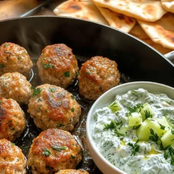 - 1 lb ground turkey - 1/2 cup breadcrumbs (preferably whole wheat) - 1/4 cup grated Parmesan cheese - 1/4 cup fresh parsley, chopped - 1 clove garlic, minced To make tasty Greek turkey meatballs, you need a mix of fresh and hearty ingredients. Ground turkey is lean and makes a great base. Breadcrumbs help bind the mix. Parmesan cheese adds a nice cheesy flavor. Fresh parsley brings brightness, and garlic adds savory depth. - 1 cup Greek yogurt - 1/2 cucumber, grated and excess moisture squeezed out - 2 cloves garlic, minced - 1 tbsp fresh dill, chopped - 1 tbsp lemon juice - Salt to taste Tzatziki is a cool and refreshing sauce. Greek yogurt provides creaminess. Grated cucumber adds crunch, while squeezing out moisture keeps it from getting watery. Garlic and dill give the sauce a fresh taste. Lemon juice brightens the flavors, and a pinch of salt makes it perfect. - Additional spices - Other herbs Feel free to get creative! You can add spices like cumin or paprika for warmth. Try other herbs such as mint or basil for a twist. These add-ins can make your meal even more special. In a large bowl, mix the ground turkey, breadcrumbs, Parmesan cheese, chopped parsley, minced garlic, oregano, salt, black pepper, and beaten egg. Use your hands for a good mix, but stop before it gets too sticky. Overmixing makes the meatballs tough. Scoop out 1-2 tablespoons of the mixture. Roll this into a ball with your hands. Place the meatballs on a tray lined with parchment paper. This keeps them from sticking. In a large skillet, heat olive oil over medium heat. Once hot, add the meatballs in batches. Cook them for 4-5 minutes on each side. They should be golden brown and have an internal temperature of 165°F. In a bowl, combine Greek yogurt, grated cucumber, minced garlic, chopped dill, lemon juice, and salt. Stir everything together well. Taste the sauce and adjust the salt or lemon juice if needed. This sauce adds a fresh kick to the meatballs. To avoid dryness in your turkey meatballs, use ground turkey with some fat. This keeps them juicy. Adding breadcrumbs helps too. They soak up moisture and add texture. When mixing, don’t overmix the meat. This keeps them tender. For a golden finish, cook the meatballs in batches. Heat olive oil in a skillet on medium heat. When hot, add a few meatballs. Let them brown for about 4-5 minutes on each side. This gives them a nice crust. To get the right tzatziki texture, squeeze excess moisture from the grated cucumber. Use a clean kitchen towel or your hands. This step is key for thick sauce. If you want a thicker tzatziki, add more Greek yogurt. For a thinner sauce, add a little water or lemon juice. Adjust to your taste. Don’t forget to taste as you go! Garnish your meatballs with chopped parsley for color. You can also add a sprinkle of paprika for a pop of flavor. Serve with warm pita bread or a fresh salad. This makes a great meal! For side dishes, try roasted vegetables or a Greek salad. They pair well and add freshness to your plate. You can also serve tzatziki as a dip for veggies or chips. Enjoy your Greek Turkey Meatballs with Tzatziki! {{image_2}} You can change the meat in these meatballs. Ground beef works well for a richer taste. Ground chicken is another great option. It gives a lighter flavor. For a vegetarian choice, try chickpeas. A blend of beans and spices can make tasty meatballs too. Spices can change the taste a lot. Add cumin for warmth or chili flakes for heat. You can also play with herbs. Fresh mint or basil can give a fresh twist. Thyme or rosemary can add depth. Use what you love! You can serve these meatballs in many ways. Wrap them in pita with fresh veggies for a quick meal. They also taste great on a salad. For dipping sauces, try hummus or a spicy salsa. Each way offers a new experience! To keep your Greek turkey meatballs fresh, store them in an airtight container. Place a piece of parchment paper between layers to avoid sticking. This helps maintain their shape and texture. They can last in the fridge for up to three days. For the tzatziki, store it in a separate container. It will stay fresh for up to five days. Check for any signs of spoilage before use. When reheating, use the oven or a skillet. Preheat the oven to 350°F (175°C). Place meatballs on a baking sheet and heat for about 10-15 minutes. This keeps them moist. If using a skillet, add a splash of water or broth. Cover it with a lid. This helps maintain moisture and flavor. Avoid the microwave if possible, as it can make them rubbery. To freeze cooked meatballs, let them cool completely first. Arrange them in a single layer on a baking sheet. Freeze until solid, then transfer to a freezer-safe bag. Remove as much air as possible. This method keeps them from sticking together. For thawing, place the meatballs in the fridge overnight. Reheat them as mentioned above to enjoy their full flavor and texture. You can lower the fat content by using lean ground turkey. Choose turkey that has less than 10% fat. You can also swap out the breadcrumbs for oats or ground flaxseed. This change adds fiber and keeps the meatballs moist. Yes, you can make the meatballs in advance. Shape them and store them in the fridge for up to 24 hours. You can also freeze them for later. They last in the freezer for about three months. Just thaw them in the fridge before cooking. Serve these meatballs with a fresh salad or warm pita bread. A side of roasted vegetables pairs well, too. For drinks, try a light white wine or sparkling water with lemon. These flavors enhance the meal nicely. Greek turkey meatballs are easy to make and packed with flavor. You learned about the key ingredients, from ground turkey to tzatziki sauce. Follow the steps for perfect meatballs and tasty sauce, while using the tips to avoid dryness. Don’t forget the variations to keep things exciting! Store and reheat leftovers with care to enjoy your dish later. With these insights, you can create a delicious meal that satisfies your cravings and impresses your friends. Dive in and enjoy your cooking adventure!