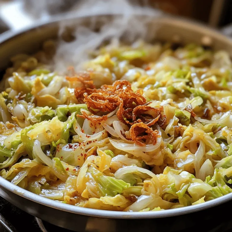 - 1 medium head of green cabbage, chopped - 1 large onion, sliced - 3 cloves garlic, minced Cabbage is the star of this dish. It brings a mild taste and nice crunch. I love using a medium-sized head. It cooks well and serves about four people. The onion adds sweetness, while garlic gives a bold kick. Together, they make a great base for flavor. - 2 tablespoons olive oil - 1 tablespoon butter - 1 cup chicken or vegetable broth I use olive oil and butter for cooking. They create a rich, tasty base. The oil helps the cabbage to brown nicely. The broth adds moisture and depth to the dish. You can use chicken broth for more flavor or vegetable broth for a lighter touch. Both work well. - 1 teaspoon smoked paprika - 1/2 teaspoon red pepper flakes (adjust to taste) - Salt and pepper to taste Seasoning is key to great taste. Smoked paprika gives a warm, smoky flavor. Red pepper flakes add a bit of heat, which you can adjust. Salt and pepper enhance all the flavors. Don’t skip these! Together, they make the cabbage sing with flavor. - Chopping cabbage: Start with a medium head of green cabbage. Cut it in half, remove the core, and chop it into bite-sized pieces. You want the pieces to be even for cooking. - Slicing onion: Take a large onion and slice it thinly. This helps the onion cook faster and blend well with the cabbage. - Minced garlic: Grab three cloves of garlic. Peel them and mince finely. The garlic adds a great flavor to the dish. - Heating oil and butter: In a large skillet, heat two tablespoons of olive oil and one tablespoon of butter over medium heat. Wait until the butter melts and the mixture is hot. - Sautéing onion and garlic: Add the sliced onion to the skillet. Sauté it for about five minutes. You want it to turn translucent and smell good. Next, add the minced garlic, smoked paprika, and red pepper flakes. Cook for one to two more minutes, stirring often. - Adding cabbage and spices: Now, add the chopped cabbage to the skillet. Stir it well to mix with the onion and spices. Cook for about five minutes, stirring frequently until it starts to soften. - Pouring in broth and vinegar: Pour in one cup of chicken or vegetable broth. This will help steam the cabbage. Add one tablespoon of apple cider vinegar for a tangy kick. - Covering and cooking: Lower the heat to medium-low. Cover the skillet and let it simmer for 15 to 20 minutes. Stir occasionally so the cabbage cooks evenly. It should be tender but still have some crunch. - Adjusting seasoning: Taste your cabbage and add salt and pepper as needed. This step makes sure the flavors are just right. To make Southern fried cabbage burst with flavor, use the right spices. I recommend smoked paprika for a rich, smoky taste. Red pepper flakes add heat, but feel free to adjust them to your liking. Acidity is key, so add a tablespoon of apple cider vinegar. This balances the richness and brightens every bite. To deepen the flavor, use chicken or vegetable broth. It adds a savory base that enhances the dish. For the best results, use a large, heavy skillet. This helps to cook the cabbage evenly. When cooking, stir often to avoid burning. The goal is a tender cabbage that still has a little crunch. To prevent mushy cabbage, don’t overcook it. Simmer for about 15 to 20 minutes only. You want it soft but not falling apart. Southern fried cabbage pairs well with proteins like fried chicken or pork chops. You can also top it with crispy fried onions for a delightful crunch. For sides, consider cornbread or mashed potatoes. They complement the cabbage and complete your meal. Enjoy your flavorful dish with family and friends! {{image_2}} You can add proteins to make this dish heartier. Bacon or sausage brings a rich flavor. Just cook the meat first, then set it aside. Use the fat to sauté the onions and garlic. This adds depth to the dish. If you prefer vegan options, try adding tofu or tempeh. Both soak up flavors well and add protein. You can also use chickpeas for an extra hearty bite. Incorporating other vegetables can brighten up your dish. Bell peppers add sweetness and color. Chop them up and add them with the onions. Carrots bring a nice crunch. Slice them thin and add them early in the cooking. Tomatoes can also be a great addition. They add moisture and a tangy flavor. Add them in the last few minutes of cooking for the best results. Experimenting with spices can elevate your Southern fried cabbage. You can try cumin or curry powder for a unique twist. Different vinegars change the flavor profile too. Balsamic vinegar adds sweetness, while rice vinegar offers a lighter taste. Adding a touch of sweetness, like a teaspoon of sugar or honey, can balance the flavors. This makes the dish more complex and delicious. To keep your Southern Fried Cabbage fresh, cool it down quickly. Spread it out in a shallow dish. This helps it cool faster. Once cool, transfer it to an airtight container. Glass or plastic containers work well. Be sure to cover it tightly. This keeps the cabbage from drying out. Reheat your cabbage on the stove for the best taste. Use a non-stick skillet over medium heat. Add a splash of broth or water. This keeps the cabbage moist. Stir it often to heat evenly. You can also microwave it, but be careful. Heat it in short bursts to avoid sogginess. If you want to freeze your cabbage, let it cool first. Portion it into freezer-safe bags. Remove as much air as possible. This helps prevent freezer burn. Your Southern Fried Cabbage can last up to three months in the freezer. When you’re ready, thaw it in the fridge overnight before reheating. To make Southern Fried Cabbage gluten-free, you need to choose the right broth. Use vegetable broth instead of chicken broth. Make sure any added toppings, like crispy fried onions, are gluten-free too. Always check the labels. This way, you enjoy a tasty meal without gluten. Southern Fried Cabbage pairs well with many main dishes. Try serving it with: - Grilled chicken - Fried catfish - BBQ pork - Baked ham These dishes add flavor and texture, making a great meal. Leftover Southern Fried Cabbage lasts about 3-5 days in the fridge. Store it in an airtight container to keep it fresh. If you notice any off smells or colors, it’s best to throw it away. Yes, you can easily make Southern Fried Cabbage vegetarian. Just replace chicken broth with vegetable broth. You can also skip the butter and use olive oil instead for a lighter dish. This way, everyone can enjoy it! This blog post covered how to make Southern Fried Cabbage. We explored the main ingredients like cabbage, onion, and garlic. Then we looked at cooking essentials, seasonings, and step-by-step instructions. I shared tips to enhance the flavor and cooking techniques to avoid mushy cabbage. We also discussed variations and how to store leftovers properly. Now you can confidently prepare this dish. Enjoy the flavors and make it your own!
