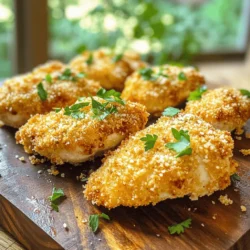 - 4 boneless, skinless chicken breasts - 1 cup grated Parmesan cheese - 1 cup breadcrumbs (preferably panko) - 2 large eggs - 2 teaspoons Italian seasoning - 1 teaspoon garlic powder - 1 teaspoon onion powder - Salt and pepper to taste - 2 tablespoons olive oil - Fresh parsley, chopped Gather these simple ingredients to make an amazing Air Fryer Parmesan Crusted Chicken. You will love how easy this dish is. The chicken stays juicy inside while the outside gets crispy. The Parmesan cheese gives it a rich flavor. Using panko breadcrumbs makes it extra crunchy. I like to use fresh parsley as a garnish. It adds a nice touch of color and flavor. You can get creative with your seasonings too. Try adding your favorite herbs or spices to make it your own. First, I start by patting the chicken dry with paper towels. This step helps the coating stick better. Next, I season both sides of each chicken breast with salt and pepper. This adds flavor from the start. I set up my breading station next. In one bowl, I whisk two large eggs until they blend nicely. In another bowl, I mix one cup of grated Parmesan cheese, one cup of breadcrumbs, two teaspoons of Italian seasoning, one teaspoon of garlic powder, and one teaspoon of onion powder. I also add a pinch of salt and pepper to this mix. This creates a tasty coating for the chicken. Now comes the fun part: coating the chicken! I dip each chicken breast into the egg mixture. I let any excess egg drip off. After that, I coat the chicken in the Parmesan breadcrumb mixture. I press down gently to make sure it sticks well. Next, I preheat the air fryer to 400°F (200°C) for about five minutes. This step is very important for crispy chicken. After preheating, I lightly brush or spray the air fryer basket with olive oil. Then, I place the coated chicken breasts in the basket in a single layer. I make sure not to overcrowd them. I brush the tops of the chicken lightly with olive oil to add extra crisp. I air fry the chicken for 12-15 minutes. I flip them halfway through the cooking time. I check for an internal temperature of 165°F (74°C). The coating should be crispy and golden brown. After cooking, I let the chicken rest for a few minutes. This helps keep it juicy. Finally, I garnish the chicken with freshly chopped parsley before serving. This adds a pop of color and freshness. Using panko breadcrumbs is key for that crispy bite. Panko has a light, airy texture. This makes your chicken crunchier than regular breadcrumbs. When you coat the chicken, make sure to press down gently. This helps the coating stick better. For oiling, light is best. Brush or spray the air fryer basket with olive oil. This ensures the chicken won’t stick and helps the coating crisp up nicely. You can adjust the seasoning to fit your taste. Adding more garlic powder or even some smoked paprika can give your chicken a kick. You might also try different cheeses. Parmesan works great, but mozzarella or cheddar can add a fun twist. Feel free to swap out breadcrumbs too. Try using crushed cornflakes or even ground nuts for a unique crunch. One big mistake is overcrowding the air fryer. If you add too much chicken, it won’t cook evenly. Always place the pieces in a single layer. Another mistake is not preheating the air fryer. Preheating is crucial. It helps the chicken cook right away, sealing in juices and creating that golden crust. {{image_2}} You can make this dish even better by adding vegetables. Some great options are: - Broccoli florets - Bell peppers, sliced - Zucchini, cut into rounds - Carrots, sliced thin These veggies cook well in the air fryer. You can place them in the basket with the chicken. Just adjust the cooking times. Most vegetables will cook in about 10-12 minutes. Check them halfway through. If needed, give them a quick shake for even cooking. Want to jazz up the flavor? You can add herbs and spices to the coating. Here are some ideas: - Fresh basil or oregano for a garden touch - A sprinkle of cayenne for heat - Lemon zest for a bright taste Marinating the chicken before breading is also a great idea. Try soaking it in: - Olive oil and lemon juice - A mix of soy sauce and honey Let it marinate for at least 30 minutes. This adds flavor deep into the chicken. Now, let's talk about how to serve your chicken. It pairs well with many sides. Here are a few: - A fresh garden salad - Creamy pasta with garlic sauce - Roasted potatoes for a hearty option For dipping, consider these fun sauces: - Classic ranch dressing - Spicy marinara sauce - A tangy honey mustard blend These sides and sauces will make your meal more exciting! To store leftovers, place the chicken in an airtight container. This keeps it fresh. You can store it in the fridge for up to three days. After that, the taste and texture may change. To freeze the cooked chicken, wrap each piece tightly in plastic wrap. Then place them in a freezer bag. Make sure to remove as much air as possible. You can freeze the chicken for up to three months. When ready to eat, thaw it in the fridge overnight. The best way to reheat the chicken is in the air fryer. Set it to 350°F (175°C). Heat for about 5-7 minutes. This helps keep it crispy. Avoid using the microwave, as it can make the chicken soggy. Enjoy your delicious chicken! I recommend cooking your chicken for 12-15 minutes at 400°F (200°C). This time gives you a crispy outside and juicy inside. Flip the chicken halfway through cooking. Check the internal temperature. It should reach 165°F (74°C) for safe eating. You can use skin-on chicken. The skin adds flavor and crunch. However, it can also add extra fat and calories. If you prefer a lighter dish, stick with boneless, skinless chicken. It will still be tasty and crisp! Some great sides include: - Fresh salad - Steamed broccoli - Garlic mashed potatoes - Roasted veggies These pair nicely with the chicken. They add color and balance your meal! Yes, this recipe is perfect for meal prep. Cook the chicken ahead and store it in the fridge. It stays fresh for about 3-4 days. To reheat, air fry it again for about 5 minutes. This keeps it crispy and delicious! This blog post covered how to make delicious Air Fryer Parmesan Crusted Chicken. We looked at key ingredients, seasonings, and steps for preparation. You learned tips for the best texture and how to avoid common mistakes. In the end, this tasty chicken can fit into many meals. Feel free to customize it to your liking! Enjoy trying out new flavors and sides as you make this easy recipe.