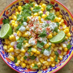 - 4 ears of corn, husked - 1/2 cup crumbled queso fresco - 1/4 cup mayonnaise - 2 tablespoons sour cream - 1 tablespoon lime juice - 1 teaspoon chili powder - 1/2 teaspoon garlic powder - Salt and pepper to taste - 1/4 cup diced red onion - Optional: Sliced jalapeños for added heat - 1/4 cup fresh cilantro, chopped The main ingredients for this dish start with fresh corn. You can use four ears of corn. Husk them and get ready to cook. Queso fresco adds a creamy and salty touch. You will need half a cup of this cheese. Mayonnaise and sour cream bring richness to the salad. Use a quarter cup of mayonnaise and two tablespoons of sour cream. Now, let’s talk about seasonings. Lime juice gives a bright flavor. One tablespoon of lime juice is perfect. Add one teaspoon of chili powder for a kick. You will also need half a teaspoon of garlic powder. Finally, season with salt and pepper to taste. If you want to add more flavor, consider optional ingredients. Diced red onion gives crunch and sweetness. You can add a quarter cup of diced onion. For those who like heat, sliced jalapeños are great. Lastly, a quarter cup of fresh cilantro adds a nice herbal note. Enjoy mixing these ingredients for a fresh and tasty salad! - Bring a large pot of water to a boil. - Cook the corn for about 5-7 minutes until tender. Start by boiling water in a big pot. Once it bubbles, add the corn. Let it cook for about five to seven minutes. You want it tender but not mushy. After cooking, take the corn out and let it cool. This makes it easier to handle. - Slice the kernels off the cob. - Combine corn kernels, crumbled queso fresco, diced red onion, and chopped cilantro in a bowl. When the corn cools, grab a sharp knife. Carefully slice the kernels off each cob. Make sure to get all the good stuff! In a large bowl, mix the corn with crumbled queso fresco, diced red onion, and fresh chopped cilantro. Each bite will burst with flavor. - Mix mayonnaise, sour cream, lime juice, chili powder, and garlic powder in a separate bowl. - Pour the dressing over the corn mixture and toss to coat. In another bowl, combine mayonnaise, sour cream, lime juice, chili powder, and garlic powder. Stir until it's smooth. This dressing adds creaminess and zest. Pour it over your corn mixture. Toss gently to coat everything evenly. - Season with salt and pepper. - Optionally add sliced jalapeños for extra heat. Now, it's time for seasoning. Sprinkle some salt and pepper to taste. If you like a little spice, toss in sliced jalapeños. They add a nice kick. Mix everything well, and let it sit for a bit. This helps the flavors blend. Enjoy your fresh and zesty Mexican street corn salad! Grilling or boiling corn both work. Grilling adds a smoky flavor, while boiling keeps it sweet. If you grill, soak the corn in water first. This keeps the kernels juicy and prevents burning. To cut corn off the cob cleanly, stand the cob upright in a bowl. Use a sharp knife to slice down the sides. The bowl catches the kernels, reducing mess. If you want to skip mayonnaise, try Greek yogurt or avocado. These add creaminess without extra fat. For sour cream, use plain yogurt or even silken tofu. To adjust spice levels, start with a small amount of chili powder. You can always add more to suit your taste. Remember, you can swap out chili powder for smoked paprika for a different kick. Serve this salad chilled. It tastes best when flavors meld. For presentation, use a large bowl. Top with more crumbled queso fresco and fresh cilantro. Pair it with grilled meats or tacos for a full meal. This salad also works great as a side dish at picnics or barbecues. You can even serve it with tortilla chips for a fun twist! {{image_2}} If you want to make this dish vegetarian, there are easy swaps. You can use feta cheese or cotija cheese in place of queso fresco. They offer a similar taste and texture. If you need more protein, try adding black beans or chickpeas. Both options work great and add a nice crunch. This salad shines in different seasons. In summer, fresh tomatoes or ripe avocados can brighten the dish. Their flavors meld well with the corn. For fall, try roasted butternut squash. It adds a sweet touch that balances the spices nicely. To amp up the flavor, consider adding smoked paprika. It gives a warm, smoky note. Lime zest is another fun addition for a fresh twist. You can also try different herbs, like dill or green onions. They add a unique taste and freshness to the salad. To store leftovers, place the salad in an airtight container. This keeps it fresh and prevents odors. You can store the salad in the fridge for up to three days. After three days, the flavors may fade, and the texture can change. I do not recommend freezing this salad. The creamy dressing and fresh ingredients do not hold up well in the freezer. If you freeze it, the texture may turn mushy when thawed. If you must freeze it, put it in a freezer-safe container. To thaw, leave it in the fridge overnight. To refresh the salad, mix it gently before serving. If it seems dry, add a bit more lime juice or sour cream. This helps revive the flavors. Avoid reheating; it tastes best fresh and cool. To make this salad fast, focus on prepping your ingredients first. - Husk the corn and chop the onion and cilantro. - Use a large pot and bring water to boil quickly. - Cook the corn for 5-7 minutes while you mix the dressing. - Toss everything together as soon as the corn cools. This method saves time and keeps flavors fresh. Yes, you can use canned corn, but there are pros and cons. - Pros: Canned corn is quick and ready to use. No cooking is needed. - Cons: Fresh corn has better flavor and texture. Canned corn may be softer. If you choose canned, rinse it well to remove excess salt. Adding protein makes the salad heartier. Here are my top picks: - Grilled Chicken: Dice it and mix it in for a tasty boost. - Shrimp: Cook shrimp quickly and toss them in. They add great flavor. - Beans: Black beans or chickpeas provide protein and fiber. Each option adds its own flavors, so choose what you love! The salad lasts about 3-5 days in the fridge. - Store it in an airtight container. - Check for spoilage signs like off smell or slimy texture. Enjoy it cold or at room temperature for the best taste! This blog covers how to make a tasty Mexican street corn salad. We discussed the main ingredients, step-by-step instructions, and helpful tips. You can customize the salad with various options for flavor and texture. Proper storage and serving ideas ensure you enjoy it fresh. Remember, you can keep it simple or get creative. This salad is versatile and fun, perfect for many meals. Enjoy making it your way!