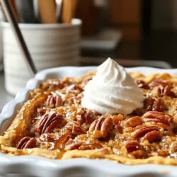 - 1 cup chopped pecans - 1 (15.25 oz) box yellow cake mix - 1 cup light brown sugar, packed - 1/2 cup unsalted butter, melted - 1 cup corn syrup (light or dark) - 4 large eggs - 1 teaspoon vanilla extract - 1/4 teaspoon salt I love using simple ingredients for this gooey pecan pie dump cake. Each one adds rich flavor and texture. The chopped pecans give a nice crunch, while the yellow cake mix makes it easy to prepare. Light brown sugar adds sweetness, and melted butter makes everything extra rich. Corn syrup brings that gooey texture that we all crave. You will need four large eggs for binding. Vanilla extract adds warmth and depth. A pinch of salt enhances all the sweet flavors. Together, these ingredients create a delicious dessert that is hard to resist. - Whipped cream - Vanilla ice cream - Additional chopped pecans Garnishes make this dessert even better! Whipped cream adds a light touch. Vanilla ice cream melts into the warm cake, creating a dreamy mix. More chopped pecans on top give extra crunch and look great. You can pick your favorite toppings to make it your own. - Preheat your oven to 350°F (175°C). - Grease a 9x13 inch baking dish. Start by setting the oven to the right temperature. This step is key for even baking. Greasing the dish helps your cake come out smoothly. Use butter or cooking spray for best results. - Combine chopped pecans and brown sugar. - Layer dry yellow cake mix. In a bowl, mix the chopped pecans with the brown sugar. This mix adds a sweet, nutty flavor. Next, spread the dry yellow cake mix evenly in the dish. This forms the base layer for your gooey cake. - Pour pecan mixture over cake mix. - Whisk together liquid ingredients and pour evenly. Now, sprinkle the pecan and brown sugar mix over the cake mix. In another bowl, whisk the melted butter, corn syrup, eggs, vanilla extract, and salt. Once mixed, pour this syrup evenly over the cake. Make sure every part is covered for a gooey texture. - Press down edges of the mixture. - Bake for 45-50 minutes. Gently press down the edges of the mixture. This helps the cake absorb the syrup well. Place the dish in the oven and bake. Look for a golden brown top and bubbling around the edges. This takes about 45-50 minutes. - Use fresh ingredients for the best flavor. Fresh pecans and eggs make a big difference. - Adjust baking time for different ovens. Some ovens run hotter, so check often. - Serve warm with toppings like whipped cream or ice cream. A scoop on top makes it special. - Pair with coffee or dessert wines. The rich flavors blend well together. - Not greasing the baking dish properly can lead to sticking. Always grease well before adding ingredients. - Overmixing the batter can make the cake tough. Mix just until combined for a tender texture. {{image_2}} You can take your Gooey Pecan Pie Dump Cake to the next level. Adding chocolate chips gives it a richer taste. Just sprinkle a cup of chocolate chips on top of the cake mix layer. For a warm, cozy flavor, try adding spices. Cinnamon or nutmeg can give your cake a nice twist. Just a teaspoon of either spice will do. If you need a gluten-free option, switch to gluten-free yellow cake mix. It works just as well and tastes great. For a vegan version, you can replace the eggs. Use flaxseed meal instead. Mix three tablespoons of flaxseed meal with nine tablespoons of water, and let it sit for a few minutes. This mix will act like eggs in your cake. Don’t feel limited by pecans! You can try different nuts too. Walnuts or almonds can add a unique crunch. You can also experiment with flavored syrups. Maple syrup or caramel syrup can bring a different taste. Pour it over the cake mix and pecan layer for a fun twist. To keep your gooey pecan pie dump cake fresh, store it in an airtight container. This helps lock in moisture and flavor. You can refrigerate it for up to 5 days. Always let it cool before sealing to avoid condensation. If you want to save some for later, you can freeze the cake. Slice it into portions for easy serving. Wrap each slice tightly in plastic wrap. Place them in a freezer-safe bag or container. When you're ready to enjoy, thaw the slices in the refrigerator. This keeps the texture nice. For the best taste and texture, reheat the cake in the oven. Preheat to 350°F (175°C) and warm for about 10-15 minutes. This helps restore the gooeyness. If you're in a hurry, you can use the microwave. Heat for 20-30 seconds, checking often to avoid overheating. A dump cake is a simple dessert. You mix ingredients in one bowl and dump them into a baking dish. It has layers of cake mix, fruit, or nuts. The top gets crispy while the bottom stays gooey. This cake is fun to make and tasty to eat. Yes, you can prepare this cake ahead. Mix the dry ingredients and store them in a bowl. You can also whisk the wet ingredients and keep them in the fridge. When you are ready, combine the two and bake. This method saves time and keeps things simple. To make this cake gluten-free, use a gluten-free yellow cake mix. Check the label to ensure it is certified gluten-free. You can also use almond flour or coconut flour for a different texture. This way, everyone can enjoy this sweet treat. The cake is done when the top is golden brown and bubbly. You can gently press on the top with your finger. If it springs back, it is ready. Let it cool for about 10 minutes before serving. Enjoy the warm, gooey goodness! This dump cake is simple and fun, using just a few tasty ingredients. You have learned how to prepare, bake, and serve it perfectly. Remember to adjust the recipe to fit your tastes and needs. Whether you want to add flavors or use gluten-free options, there’s a version for you. Store leftovers properly to keep them fresh. Enjoying this cake, warm and topped with whipped cream or ice cream, will surely please everyone. Make your delicious Gooey Pecan Pie Dump Cake today!