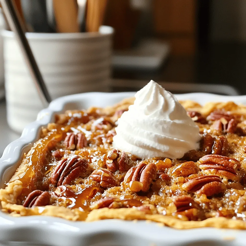 - 1 cup chopped pecans - 1 (15.25 oz) box yellow cake mix - 1 cup light brown sugar, packed - 1/2 cup unsalted butter, melted - 1 cup corn syrup (light or dark) - 4 large eggs - 1 teaspoon vanilla extract - 1/4 teaspoon salt I love using simple ingredients for this gooey pecan pie dump cake. Each one adds rich flavor and texture. The chopped pecans give a nice crunch, while the yellow cake mix makes it easy to prepare. Light brown sugar adds sweetness, and melted butter makes everything extra rich. Corn syrup brings that gooey texture that we all crave. You will need four large eggs for binding. Vanilla extract adds warmth and depth. A pinch of salt enhances all the sweet flavors. Together, these ingredients create a delicious dessert that is hard to resist. - Whipped cream - Vanilla ice cream - Additional chopped pecans Garnishes make this dessert even better! Whipped cream adds a light touch. Vanilla ice cream melts into the warm cake, creating a dreamy mix. More chopped pecans on top give extra crunch and look great. You can pick your favorite toppings to make it your own. - Preheat your oven to 350°F (175°C). - Grease a 9x13 inch baking dish. Start by setting the oven to the right temperature. This step is key for even baking. Greasing the dish helps your cake come out smoothly. Use butter or cooking spray for best results. - Combine chopped pecans and brown sugar. - Layer dry yellow cake mix. In a bowl, mix the chopped pecans with the brown sugar. This mix adds a sweet, nutty flavor. Next, spread the dry yellow cake mix evenly in the dish. This forms the base layer for your gooey cake. - Pour pecan mixture over cake mix. - Whisk together liquid ingredients and pour evenly. Now, sprinkle the pecan and brown sugar mix over the cake mix. In another bowl, whisk the melted butter, corn syrup, eggs, vanilla extract, and salt. Once mixed, pour this syrup evenly over the cake. Make sure every part is covered for a gooey texture. - Press down edges of the mixture. - Bake for 45-50 minutes. Gently press down the edges of the mixture. This helps the cake absorb the syrup well. Place the dish in the oven and bake. Look for a golden brown top and bubbling around the edges. This takes about 45-50 minutes. - Use fresh ingredients for the best flavor. Fresh pecans and eggs make a big difference. - Adjust baking time for different ovens. Some ovens run hotter, so check often. - Serve warm with toppings like whipped cream or ice cream. A scoop on top makes it special. - Pair with coffee or dessert wines. The rich flavors blend well together. - Not greasing the baking dish properly can lead to sticking. Always grease well before adding ingredients. - Overmixing the batter can make the cake tough. Mix just until combined for a tender texture. {{image_2}} You can take your Gooey Pecan Pie Dump Cake to the next level. Adding chocolate chips gives it a richer taste. Just sprinkle a cup of chocolate chips on top of the cake mix layer. For a warm, cozy flavor, try adding spices. Cinnamon or nutmeg can give your cake a nice twist. Just a teaspoon of either spice will do. If you need a gluten-free option, switch to gluten-free yellow cake mix. It works just as well and tastes great. For a vegan version, you can replace the eggs. Use flaxseed meal instead. Mix three tablespoons of flaxseed meal with nine tablespoons of water, and let it sit for a few minutes. This mix will act like eggs in your cake. Don’t feel limited by pecans! You can try different nuts too. Walnuts or almonds can add a unique crunch. You can also experiment with flavored syrups. Maple syrup or caramel syrup can bring a different taste. Pour it over the cake mix and pecan layer for a fun twist. To keep your gooey pecan pie dump cake fresh, store it in an airtight container. This helps lock in moisture and flavor. You can refrigerate it for up to 5 days. Always let it cool before sealing to avoid condensation. If you want to save some for later, you can freeze the cake. Slice it into portions for easy serving. Wrap each slice tightly in plastic wrap. Place them in a freezer-safe bag or container. When you're ready to enjoy, thaw the slices in the refrigerator. This keeps the texture nice. For the best taste and texture, reheat the cake in the oven. Preheat to 350°F (175°C) and warm for about 10-15 minutes. This helps restore the gooeyness. If you're in a hurry, you can use the microwave. Heat for 20-30 seconds, checking often to avoid overheating. A dump cake is a simple dessert. You mix ingredients in one bowl and dump them into a baking dish. It has layers of cake mix, fruit, or nuts. The top gets crispy while the bottom stays gooey. This cake is fun to make and tasty to eat. Yes, you can prepare this cake ahead. Mix the dry ingredients and store them in a bowl. You can also whisk the wet ingredients and keep them in the fridge. When you are ready, combine the two and bake. This method saves time and keeps things simple. To make this cake gluten-free, use a gluten-free yellow cake mix. Check the label to ensure it is certified gluten-free. You can also use almond flour or coconut flour for a different texture. This way, everyone can enjoy this sweet treat. The cake is done when the top is golden brown and bubbly. You can gently press on the top with your finger. If it springs back, it is ready. Let it cool for about 10 minutes before serving. Enjoy the warm, gooey goodness! This dump cake is simple and fun, using just a few tasty ingredients. You have learned how to prepare, bake, and serve it perfectly. Remember to adjust the recipe to fit your tastes and needs. Whether you want to add flavors or use gluten-free options, there’s a version for you. Store leftovers properly to keep them fresh. Enjoying this cake, warm and topped with whipped cream or ice cream, will surely please everyone. Make your delicious Gooey Pecan Pie Dump Cake today!
