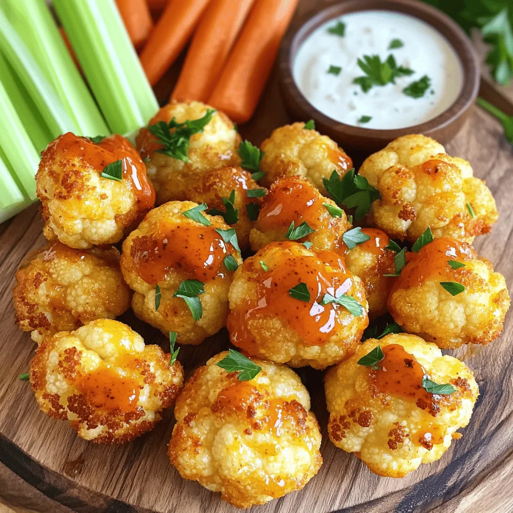 - 1 medium head of cauliflower - 1 cup all-purpose flour (or gluten-free flour) - 1 cup almond milk (or any non-dairy milk) - 1 teaspoon garlic powder - 1 teaspoon onion powder - 1 teaspoon smoked paprika - 1 teaspoon salt - 1/2 teaspoon black pepper - 1 cup buffalo sauce - 2 tablespoons olive oil - Optional: Fresh parsley for garnish The main ingredient in this recipe is the head of cauliflower. I love using fresh cauliflower because it has a great crunch. You can use any size head, but a medium one works best. Cut it into bite-sized florets for even cooking and easy eating. Next, we have the batter. The flour gives the bites a crispy coating. You can swap all-purpose flour for gluten-free flour if needed. The almond milk adds moisture and binds everything together. Feel free to use any non-dairy milk you prefer. Now, let’s talk about seasoning. Garlic powder and onion powder add flavor without overpowering the dish. Smoked paprika gives a nice warmth and depth. Salt and black pepper enhance all the tastes, making each bite pop. For the sauce, buffalo sauce brings the heat. You can use store-bought or make your own. The olive oil helps the sauce stick. If you want to add a fresh touch, sprinkle some chopped parsley on top when serving. Each ingredient plays a key role in making these bites a tasty treat. They pack flavor and crunch, perfect for sharing with friends or enjoying on your own. - Wash and cut the cauliflower into florets. - Pat dry to remove excess moisture. Start by washing your cauliflower well under cold water. This helps remove dirt and any lingering pesticides. Cut it into bite-sized florets. Smaller pieces cook better and get crispy. After cutting, pat the florets dry with a paper towel. Removing moisture is key. This step ensures the batter sticks well and the bites get crispy. - Combine dry ingredients in a mixing bowl. - Slowly whisk in almond milk to form a smooth batter. In a mixing bowl, gather your dry ingredients. You will need all-purpose flour, garlic powder, onion powder, smoked paprika, salt, and black pepper. Mix them together until well combined. Next, slowly add almond milk. Whisk it in until you achieve a smooth batter. The batter should be thick enough to coat the cauliflower but not too runny. - Dip cauliflower florets in the batter. - Preheat the air fryer to 400°F (200°C). - Air fry the coated florets and add buffalo sauce. Now, take each cauliflower floret and dip it into the batter. Make sure each piece is fully coated. Allow the excess batter to drip back into the bowl. Next, preheat your air fryer to 400°F (200°C). This usually takes about five minutes. Once preheated, lightly spray the air fryer basket with cooking spray. Place the battered florets in a single layer. You may need to work in batches. Air fry for about 10 minutes. Afterward, remove the cauliflower and drizzle olive oil over them. Toss them in buffalo sauce until fully coated. Return them to the air fryer for an extra 5 to 7 minutes. This final step makes them crispy and adds flavor. Shake the basket halfway through cooking for even crispiness. Preheating the air fryer is key. Set it to 400°F (200°C) for about 5 minutes. This step helps the cauliflower bites get that golden brown outside. If you overcrowd the basket, they won’t crisp up well. Fry in batches to give each piece room to breathe. You can spice things up by adding extra herbs. Try cayenne pepper for heat or dried oregano for a twist. If you want to make your own buffalo sauce, mix melted butter with hot sauce. This gives you control over the flavor and heat level. Pair your buffalo cauliflower bites with cool dips. Ranch and blue cheese dressing work great to balance the heat. For sides, serve fresh celery and carrot sticks. They add crunch and freshness to your meal. {{image_2}} You can make this dish fit many diets. If you need gluten-free options, simply swap the all-purpose flour for gluten-free flour. This change keeps the texture crisp and delicious. You can also make it vegan by using plant-based ranch or blue cheese dressing. Many brands offer tasty vegan versions, or you can make your own at home. Do you want to mix things up? Try different sauces! Honey garlic or BBQ sauce can give a sweet twist. You can also add cheese or vegan cheese to make your bites creamy and rich. Just sprinkle some on top before the last few minutes of air frying. This will melt and add more flavor. No air fryer? No problem! You can bake these bites in the oven. Preheat your oven to 425°F (220°C). Place the coated cauliflower on a baking sheet and bake for 20-25 minutes, flipping halfway through. You can also fry them on the stovetop. Heat oil in a pan and fry the cauliflower until golden brown. This method takes a bit more attention but gives a great crunch. After enjoying your Air Fryer Buffalo Cauliflower Bites, let them cool first. Place them in airtight containers. This keeps them fresh and tasty. You can use glass or plastic containers with tight lids. Make sure they are fully cooled to prevent moisture buildup. To keep your bites crispy, the air fryer is best for reheating. Set it to 400°F (200°C) and heat them for about 5 minutes. This method revives their crunch. You can also use the stovetop. Heat a skillet over medium heat and add a small amount of oil. Toss the cauliflower bites until warm. Avoid the microwave if you want to keep them crispy. It can make them soggy. Always check for even heating before serving. Air Fryer Buffalo Cauliflower Bites can last about 3 to 5 days in the fridge. To keep them fresh, store them in an airtight container. Make sure they cool down completely before sealing. This helps to prevent moisture build-up and sogginess. If you want the best taste, eat them within the first few days. Yes, you can make Air Fryer Buffalo Cauliflower Bites ahead of time. To prep in advance, you can coat the cauliflower and store it in the fridge. Just wait to air fry them until you are ready to eat. If you want even more convenience, you can fully cook them and then reheat later. Just remember to keep them in a proper container. The best dipping sauces for buffalo cauliflower include ranch and blue cheese dressing. Both add a creamy contrast to the spicy buffalo flavor. You can also try honey mustard for a sweet twist or a garlic aioli for a different taste. For a spicy kick, sriracha or a spicy yogurt dip works great too. In this blog post, I shared how to create delicious Air Fryer Buffalo Cauliflower Bites. You learned about the key ingredients, step-by-step cooking instructions, and tips to achieve perfect crispiness. I also covered storage methods and answered common questions. These bites are a tasty, healthy snack. They are easy to customize with your favorite flavors. Enjoy them with your choice of dip. You won't regret trying this recipe!