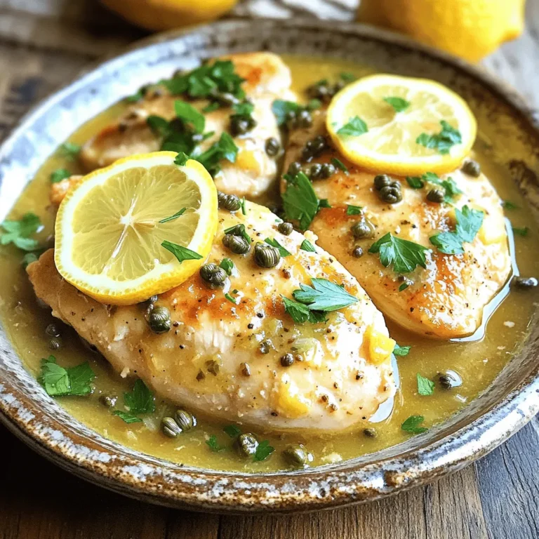For this dish, you need simple yet tasty items. Here is the main list: - 4 boneless, skinless chicken breasts - 1 cup low-sodium chicken broth - 1/4 cup fresh lemon juice - 2 tablespoons capers, rinsed and drained These ingredients create a bright and zesty flavor. The chicken absorbs the lemon juice well. The capers add a nice salty bite that balances the dish. Seasonings make a big difference in taste. Here are the key ones to use: - 1 teaspoon garlic powder - 1 teaspoon dried oregano - Salt and pepper to taste - 2 tablespoons olive oil Garlic powder gives a savory kick. Oregano adds earthiness. Salt and pepper help bring all the flavors together. Olive oil not only helps with cooking but also adds richness. Garnishes add the final touch. Here are some great options: - 2 tablespoons fresh parsley, chopped (for garnish) - Lemon slices (for garnish) Fresh parsley brings brightness and color to the plate. Lemon slices look pretty and add extra zing. Serve this dish with a side of rice or a green salad for a complete meal. Start by seasoning the chicken breasts. Use garlic powder, oregano, salt, and pepper. Rub these spices on both sides of the chicken. This step adds tasty flavor to your dish. If you have time, sear the chicken. Heat olive oil in a skillet over medium-high heat. Cook the chicken for about 3-4 minutes on each side. You want it golden brown. If you’re in a hurry, you can skip this step. Next, place the chicken in the slow cooker. Pour in the chicken broth and fresh lemon juice. These liquids will keep the chicken moist. Then, sprinkle the rinsed capers on top. Cover the slow cooker and set it to low for 4-5 hours. If you're short on time, use the high setting for 2-3 hours. The chicken will be tender and cooked through when it's ready. Check it with a meat thermometer; it should reach 165°F. Once the chicken is cooked, carefully take it out of the slow cooker. Place it on a serving platter. If you want a thicker sauce, pour it into a saucepan. Simmer it on medium heat until it reduces to your liking. Spoon the sauce over the chicken. For a bright finish, garnish with chopped parsley and lemon slices. This adds color and flavor to your dish. Enjoy your flavorful Lemon Chicken Piccata! To boost flavors, use fresh lemon juice. It adds brightness. Capers bring a salty, briny taste that pairs well with chicken. Searing the chicken first gives it a nice crust. This step adds depth to the dish. If you skip it, don’t worry; the slow cooker will still make it tasty. The key to perfect chicken is cooking time. For tender chicken, cook on low for 4-5 hours. If you’re in a hurry, the high setting takes just 2-3 hours. Always check the internal temperature. It should reach 165°F. Overcooking can make the chicken dry, so watch it closely. If you need to save time, use a store-bought rotisserie chicken. Just add it to the slow cooker for the last hour. This way, you still get all the flavor. Another tip is to prep your ingredients the night before. This makes it easy to toss everything in the slow cooker in the morning. {{image_2}} You can swap chicken breasts for chicken thighs. Thighs add a richer taste and stay moist. If you want a lighter dish, try using fish like tilapia or cod. For a vegetarian option, replace chicken with firm tofu. You can also add veggies like spinach or artichokes for extra flavor and nutrients. Not everyone loves a strong lemon flavor. If that's you, cut the lemon juice in half. You can also add a splash of white wine for depth. If you want a creamier sauce, stir in some heavy cream or Greek yogurt at the end. For a spicy kick, add red pepper flakes to the sauce. For a low-carb meal, serve the chicken over zucchini noodles or cauliflower rice. If you're on a gluten-free diet, make sure your chicken broth is gluten-free. Pair it with whole grain rice or quinoa for a heartier meal. For a vegan option, serve the sauce over roasted vegetables or a grain salad. To store leftovers, let the chicken cool first. Place it in an airtight container. Make sure to add the sauce too, as it keeps the chicken moist. Store it in the fridge for up to three days. If you want to keep it longer, consider freezing. When you’re ready to eat, take the chicken out of the fridge. You can reheat it in the microwave. Heat it in 30-second intervals until warm. You can also reheat it on the stove. Add a bit of chicken broth to keep it juicy. If you freeze the chicken, it can last for about three months. Wrap it well in plastic wrap and then in foil. This helps prevent freezer burn. When you want to eat it, defrost it in the fridge overnight. Then, reheat it as mentioned before. Yes, you can use frozen chicken breasts. Just add an extra hour to the cooking time. This ensures the chicken cooks through and stays tender. If you thaw the chicken first, the dish cooks faster. But frozen works well when you are short on time. Lemon Chicken Piccata pairs well with many sides. Here are some ideas: - Steamed rice - Mashed potatoes - Fresh salad - Roasted vegetables - Pasta These sides soak up the lemony sauce. They balance the flavors nicely. You know the chicken is done when it reaches 165°F. Use a meat thermometer to check. The chicken should be tender and easily pull apart with a fork. If it’s dry or tough, it may be overcooked. Keep an eye on the cooking time to ensure the best results. Slow Cooker Lemon Chicken Piccata is easy and delicious. You learned about the key ingredients, tips for cooking, and fun variations. I shared storage tips, so your leftovers stay fresh. Use this recipe to impress your family and friends with your skills. Keep experimenting with flavors to find your favorite. Enjoy making this tasty dish today!
