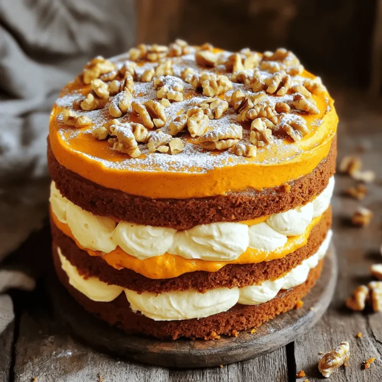 Flour and Sugar - 2 cups all-purpose flour - 1 cup granulated sugar Spices and Leaveners - 1 teaspoon baking powder - 1 teaspoon baking soda - 1 teaspoon ground cinnamon - 1/2 teaspoon ground nutmeg - 1/2 teaspoon salt Pumpkin and Cream Cheese Components - 1/2 cup unsalted butter, softened - 1 cup canned pumpkin puree - 2 large eggs - 1 teaspoon vanilla extract - 8 oz cream cheese, softened - 1/4 cup powdered sugar - 1 tablespoon milk - 1/2 cup chopped walnuts or pecans (optional) I love using these simple ingredients. The flour and sugar form the base of our cake. The baking powder and baking soda help it rise. The spices add warmth and flavor. Cinnamon and nutmeg bring a cozy fall touch. The pumpkin gives moisture and a lovely orange hue. The cream cheese makes a rich filling. It balances the sweetness and adds creaminess. You can also add nuts for crunch. This mix of flavors creates a perfect fall treat. Each bite is a sweet hug that warms you up. Preheating and Greasing the Pan Start by preheating your oven to 350°F (175°C). Grease a 9x13 inch baking pan with butter or line it with parchment paper. This helps the cake come out easily later. Mixing Dry Ingredients In a large bowl, whisk together the dry ingredients. Combine 2 cups of all-purpose flour, 1 cup of granulated sugar, 1 teaspoon of baking powder, 1 teaspoon of baking soda, 1 teaspoon of ground cinnamon, 1/2 teaspoon of ground nutmeg, and 1/2 teaspoon of salt. Make sure there are no clumps. Combining Wet Ingredients In another bowl, cream 1/2 cup of softened unsalted butter until it's light and fluffy. Add 1 cup of canned pumpkin puree, 2 large eggs, and 1 teaspoon of vanilla extract. Mix this until it is smooth and creamy. Layering and Swirling Gradually mix the dry ingredients into the wet mixture. Stir gently until just combined; some lumps are okay. In a separate bowl, beat 8 oz of softened cream cheese with 1/4 cup of powdered sugar and 1 tablespoon of milk until smooth. Pour half of the pumpkin batter into the baking pan. Spread it evenly, then drizzle half of the cream cheese mixture over it. Add the rest of the pumpkin batter, and swirl in the remaining cream cheese mixture with a knife. If you like, sprinkle 1/2 cup of chopped walnuts or pecans on top for extra crunch. Baking Time and Temperature Place the pan in the preheated oven. Bake for 30-35 minutes. The cake should rise and get a lovely golden color. Checking for Doneness To check if it’s done, insert a toothpick into the center. If it comes out clean, the cake is ready. Once baked, take it out and let it cool in the pan for 10-15 minutes before moving it to a wire rack to cool completely. Avoiding Common Mistakes To get your cake just right, pay attention to mixing. Do not overmix the batter. This can make your cake tough. Mix until the dry and wet ingredients are just combined. Another tip is to check your oven temperature. An oven that is too hot can burn the cake. Use an oven thermometer if you are unsure. Ensuring Moisture and Flavor To keep your cake moist, use fresh pumpkin puree. Canned pumpkin is good too, but make sure it’s pure pumpkin, not pie filling. Adding a little extra cream cheese to the batter can also help with moisture. If you like nuts, add them for a crunch. Chopped walnuts or pecans work well. Serving Suggestions Slice the cake into squares and place them on pretty plates. Dust each slice with powdered sugar for a sweet touch. Serve with a hot cup of coffee or tea. This makes for a cozy treat. Garnishes for Extra Appeal For added flair, top each slice with whipped cream. A scoop of vanilla ice cream also pairs nicely. You can even sprinkle some cinnamon on top for an extra punch of flavor. These small details make your cake look and taste gourmet. {{image_2}} Gluten-Free Options You can make this cake gluten-free. Use a 1:1 gluten-free flour blend. Brands like Bob’s Red Mill work well. This swap keeps the texture soft and moist. Dairy-Free Adaptations To make it dairy-free, switch the butter with coconut oil or vegan butter. For the cream cheese, use a dairy-free cream cheese alternative. This change still gives you that creamy flavor. Adding Chocolate or Fruits You can make this cake even more special. Add chocolate chips to the batter for a sweet twist. You can also mix in fruits like cranberries or apples. They add a nice tartness to the cake. Seasonal Spices for Depth To boost the flavor, add extra spices. Try allspice or ginger for a warm taste. A pinch of cloves can elevate the flavor too. These spices bring out the best in pumpkin! - Best Practices for Refrigeration: Once your pumpkin cream cheese coffee cake has cooled, wrap it tightly in plastic wrap. Place it in an airtight container. This will keep it fresh for up to 5 days in the fridge. Make sure to store it away from strong odors, as it can absorb them. - Freezing Guidelines: To freeze, slice the cake into individual pieces. Wrap each slice in plastic wrap, then place them in a freezer-safe bag. This method helps keep the cake moist. You can freeze it for up to 3 months. When you're ready to enjoy it, simply thaw in the fridge overnight. - How to Restore Moisture: To reheat, place a slice on a microwave-safe plate. Cover it with a damp paper towel. Heat it in the microwave for about 15-20 seconds. This helps keep the cake moist. If you prefer the oven, wrap the slice in foil and heat at 350°F (175°C) for about 10 minutes. Enjoy your warm piece of cake! Can I make this cake vegan? Yes, you can make this cake vegan. Use plant-based butter and substitute eggs with flax eggs. Flax eggs are made by mixing one tablespoon of ground flaxseed with three tablespoons of water. Let the mix sit for a few minutes until it thickens. Use a dairy-free cream cheese for the filling too. Is this recipe suitable for those with nut allergies? This recipe can be made nut-free. Simply leave out the walnuts or pecans. The cake will still taste great without the nuts. Always check labels of other ingredients for hidden nuts. How to fix a cake that is too dense? If your cake is dense, it might be overmixed. When combining wet and dry ingredients, stir gently. Overmixing can make the cake tough. Another reason could be too much flour. Measure flour correctly by spooning it into the cup and leveling it off. Can I use fresh pumpkin instead of canned? Yes, you can use fresh pumpkin. Cook and puree the pumpkin until smooth. Make sure to drain extra moisture to avoid a soggy cake. Canned pumpkin is often more consistent in texture, which helps in achieving the right cake density. This recipe covers all the key steps. We explored ingredients, preparation, and baking. You learned tips to improve moisture and flavor. There are fun variations to try and ways to store leftovers. Remember, baking is about creativity and enjoyment. Don’t be afraid to adapt the recipe to your tastes. Happy baking!