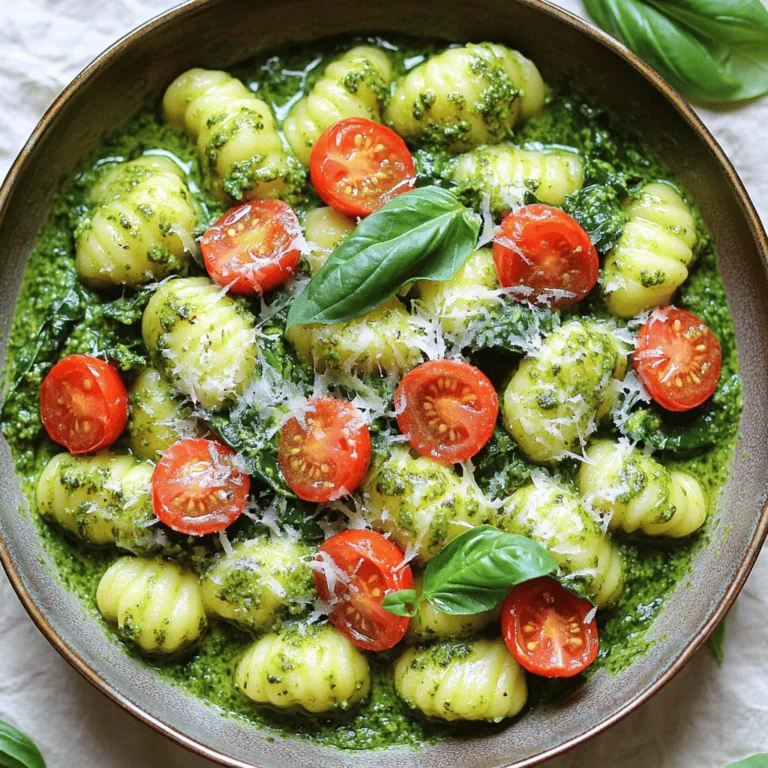 To make a tasty creamy pesto gnocchi skillet, you need these key items: - 1 lb store-bought gnocchi - 1 cup heavy cream - 1/2 cup pesto (store-bought or homemade) - 1 cup cherry tomatoes, halved - 1 cup fresh spinach - 1/2 cup grated Parmesan cheese - 2 tablespoons olive oil - 2 cloves garlic, minced - Salt and pepper to taste - Fresh basil leaves for garnish You can add extra flavor with these ingredients: - Red pepper flakes for heat - Lemon zest for brightness - Sun-dried tomatoes for a deeper taste If you have dietary needs, here are some swaps: - For gluten-free, use gluten-free gnocchi. - To make it vegan, replace heavy cream with coconut cream and use nutritional yeast instead of Parmesan. - Use a nut-free pesto for nut allergies; make it with just herbs and olive oil. Start by heating 2 tablespoons of olive oil in a large skillet over medium heat. Once the oil is hot, add 2 cloves of minced garlic. Sauté the garlic for about 1 minute. You want it to smell good, but not brown. Next, toss in 1 cup of halved cherry tomatoes. Cook these for around 3-4 minutes until they soften up. This step gives a nice base to your dish and adds great flavor. While your tomatoes are cooking, grab a pot and fill it with salted water. Bring this water to a boil. Once boiling, add 1 pound of store-bought gnocchi. Cook the gnocchi according to the package instructions. They usually float to the top within 2-3 minutes. This means they are done! Drain the gnocchi and set it aside for later. After the tomatoes have softened, turn the heat down to low. Pour in 1 cup of heavy cream and stir it together with the tomatoes. Then, add in 1/2 cup of pesto, mixing it well. You want a creamy and smooth sauce. Now, add the cooked gnocchi into the skillet. Gently stir to coat the gnocchi in the creamy pesto sauce. Next, toss in 1 cup of fresh spinach. Cook for an additional 2-3 minutes until the spinach wilts. It adds color and nutrients. Stir in 1/2 cup of grated Parmesan cheese. Season with salt and pepper to taste, cooking for another minute to heat everything through. Remove the skillet from the heat. To make it look pretty, garnish with fresh basil leaves before serving. Enjoy your delicious dish! To cook gnocchi, always start with boiling water. Use a pot big enough to hold them without crowding. Add salt to the water for flavor. Once the gnocchi float, they are ready. This usually takes 2-3 minutes. Drain them well and set aside. Avoid overcooking, as they can turn mushy. A quick sauté in your skillet can add a nice texture. Making pesto from scratch is easy and fun. You will need fresh basil, garlic, pine nuts, Parmesan cheese, and olive oil. Blend these ingredients together until smooth. You can adjust the flavors by adding more garlic or cheese. If you prefer, you can use a food processor for quick mixing. Homemade pesto tastes fresher and elevates your dish. Presentation is key to making your dish pop. Serve the creamy pesto gnocchi in a large, shallow bowl. This allows for a nice view of the colors. Drizzle extra pesto on top for a vibrant look. Sprinkle additional Parmesan cheese for a savory touch. Fresh basil leaves add a lovely green contrast. Using colorful plates can enhance the appeal even more. {{image_2}} You can easily add protein to your creamy pesto gnocchi skillet. Chicken or shrimp works great. For chicken, use boneless, skinless pieces. Cook them in the skillet before adding the garlic. For shrimp, toss them in after the tomatoes soften. Cook until they turn pink. This makes your dish heartier and adds more flavor. If you want a vegetarian twist, skip the meat. You can add more veggies like bell peppers or zucchini. These vegetables will add color and texture. Another option is to use chickpeas for protein. They blend well with the creamy sauce and make the dish filling. While pesto is classic, you can try other sauces. Alfredo sauce adds a rich, creamy taste. A sun-dried tomato sauce gives a tangy flavor. You can also mix sauces, like adding a bit of marinara to the pesto. Experiment with herbs like thyme or oregano to change the taste. This keeps your meals fresh and fun. To keep your creamy pesto gnocchi skillet fresh, place it in an airtight container. Make sure to let it cool first. Store it in the fridge for up to three days. This way, the flavors stay vibrant and tasty. When you reheat your dish, do it slowly. Use a skillet over low heat. Add a splash of water or cream to keep it creamy. Stir often to avoid sticking. This method keeps the gnocchi soft and the sauce smooth. You can freeze this dish if you want to save it for later. Pack it tightly in a freezer-safe container. It will last for about two months. When you are ready to eat, let it thaw in the fridge overnight. Reheat on the stove for the best taste. It takes about 20 minutes to make creamy pesto gnocchi skillet. You can prep in 10 minutes and cook the dish in 10 minutes. This quick cooking time makes it perfect for busy nights. Yes, you can make this dish ahead of time. You can prepare the creamy pesto sauce and cook the gnocchi earlier in the day. Just mix them together when you're ready to eat. You can use half-and-half or whole milk as a substitute for heavy cream. For a lighter option, try coconut milk or cashew cream. These alternatives will change the flavor slightly but will still taste good. Most traditional gnocchi is not gluten-free. It is usually made from wheat flour. However, you can find gluten-free gnocchi made from rice flour or potato flour in stores. Always check the label to be sure. To make your gnocchi skillet creamy without heavy cream, use a mixture of milk and cornstarch. You can also blend silken tofu with a little vegetable broth for a creamy texture. Both options work well in this dish. In this blog post, we covered the main ingredients for creamy pesto gnocchi and their substitutes. I shared step-by-step instructions to guide you through the cooking process, along with tips for the best results. We discussed variations, including proteins and sauces, to suit your taste. Lastly, I provided storage info to keep leftovers fresh. Experiment with different flavors and techniques. Enjoy making this creamy pesto gnocchi skillet that is easy and fun!
