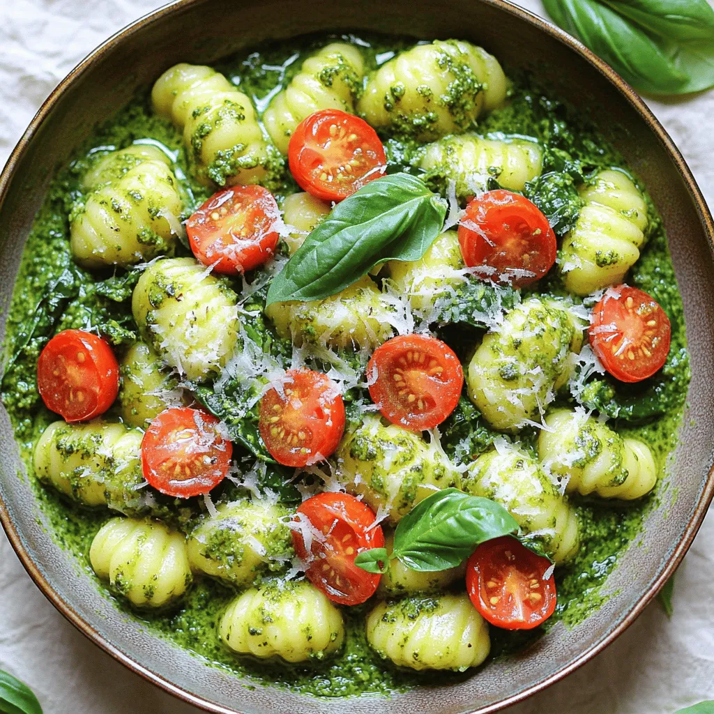To make a tasty creamy pesto gnocchi skillet, you need these key items: - 1 lb store-bought gnocchi - 1 cup heavy cream - 1/2 cup pesto (store-bought or homemade) - 1 cup cherry tomatoes, halved - 1 cup fresh spinach - 1/2 cup grated Parmesan cheese - 2 tablespoons olive oil - 2 cloves garlic, minced - Salt and pepper to taste - Fresh basil leaves for garnish You can add extra flavor with these ingredients: - Red pepper flakes for heat - Lemon zest for brightness - Sun-dried tomatoes for a deeper taste If you have dietary needs, here are some swaps: - For gluten-free, use gluten-free gnocchi. - To make it vegan, replace heavy cream with coconut cream and use nutritional yeast instead of Parmesan. - Use a nut-free pesto for nut allergies; make it with just herbs and olive oil. Start by heating 2 tablespoons of olive oil in a large skillet over medium heat. Once the oil is hot, add 2 cloves of minced garlic. Sauté the garlic for about 1 minute. You want it to smell good, but not brown. Next, toss in 1 cup of halved cherry tomatoes. Cook these for around 3-4 minutes until they soften up. This step gives a nice base to your dish and adds great flavor. While your tomatoes are cooking, grab a pot and fill it with salted water. Bring this water to a boil. Once boiling, add 1 pound of store-bought gnocchi. Cook the gnocchi according to the package instructions. They usually float to the top within 2-3 minutes. This means they are done! Drain the gnocchi and set it aside for later. After the tomatoes have softened, turn the heat down to low. Pour in 1 cup of heavy cream and stir it together with the tomatoes. Then, add in 1/2 cup of pesto, mixing it well. You want a creamy and smooth sauce. Now, add the cooked gnocchi into the skillet. Gently stir to coat the gnocchi in the creamy pesto sauce. Next, toss in 1 cup of fresh spinach. Cook for an additional 2-3 minutes until the spinach wilts. It adds color and nutrients. Stir in 1/2 cup of grated Parmesan cheese. Season with salt and pepper to taste, cooking for another minute to heat everything through. Remove the skillet from the heat. To make it look pretty, garnish with fresh basil leaves before serving. Enjoy your delicious dish! To cook gnocchi, always start with boiling water. Use a pot big enough to hold them without crowding. Add salt to the water for flavor. Once the gnocchi float, they are ready. This usually takes 2-3 minutes. Drain them well and set aside. Avoid overcooking, as they can turn mushy. A quick sauté in your skillet can add a nice texture. Making pesto from scratch is easy and fun. You will need fresh basil, garlic, pine nuts, Parmesan cheese, and olive oil. Blend these ingredients together until smooth. You can adjust the flavors by adding more garlic or cheese. If you prefer, you can use a food processor for quick mixing. Homemade pesto tastes fresher and elevates your dish. Presentation is key to making your dish pop. Serve the creamy pesto gnocchi in a large, shallow bowl. This allows for a nice view of the colors. Drizzle extra pesto on top for a vibrant look. Sprinkle additional Parmesan cheese for a savory touch. Fresh basil leaves add a lovely green contrast. Using colorful plates can enhance the appeal even more. {{image_2}} You can easily add protein to your creamy pesto gnocchi skillet. Chicken or shrimp works great. For chicken, use boneless, skinless pieces. Cook them in the skillet before adding the garlic. For shrimp, toss them in after the tomatoes soften. Cook until they turn pink. This makes your dish heartier and adds more flavor. If you want a vegetarian twist, skip the meat. You can add more veggies like bell peppers or zucchini. These vegetables will add color and texture. Another option is to use chickpeas for protein. They blend well with the creamy sauce and make the dish filling. While pesto is classic, you can try other sauces. Alfredo sauce adds a rich, creamy taste. A sun-dried tomato sauce gives a tangy flavor. You can also mix sauces, like adding a bit of marinara to the pesto. Experiment with herbs like thyme or oregano to change the taste. This keeps your meals fresh and fun. To keep your creamy pesto gnocchi skillet fresh, place it in an airtight container. Make sure to let it cool first. Store it in the fridge for up to three days. This way, the flavors stay vibrant and tasty. When you reheat your dish, do it slowly. Use a skillet over low heat. Add a splash of water or cream to keep it creamy. Stir often to avoid sticking. This method keeps the gnocchi soft and the sauce smooth. You can freeze this dish if you want to save it for later. Pack it tightly in a freezer-safe container. It will last for about two months. When you are ready to eat, let it thaw in the fridge overnight. Reheat on the stove for the best taste. It takes about 20 minutes to make creamy pesto gnocchi skillet. You can prep in 10 minutes and cook the dish in 10 minutes. This quick cooking time makes it perfect for busy nights. Yes, you can make this dish ahead of time. You can prepare the creamy pesto sauce and cook the gnocchi earlier in the day. Just mix them together when you're ready to eat. You can use half-and-half or whole milk as a substitute for heavy cream. For a lighter option, try coconut milk or cashew cream. These alternatives will change the flavor slightly but will still taste good. Most traditional gnocchi is not gluten-free. It is usually made from wheat flour. However, you can find gluten-free gnocchi made from rice flour or potato flour in stores. Always check the label to be sure. To make your gnocchi skillet creamy without heavy cream, use a mixture of milk and cornstarch. You can also blend silken tofu with a little vegetable broth for a creamy texture. Both options work well in this dish. In this blog post, we covered the main ingredients for creamy pesto gnocchi and their substitutes. I shared step-by-step instructions to guide you through the cooking process, along with tips for the best results. We discussed variations, including proteins and sauces, to suit your taste. Lastly, I provided storage info to keep leftovers fresh. Experiment with different flavors and techniques. Enjoy making this creamy pesto gnocchi skillet that is easy and fun!
