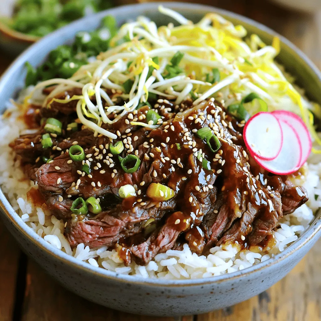 - 1 lb thinly sliced beef (sirloin or ribeye) - ¼ cup soy sauce - 2 tablespoons brown sugar - 1 tablespoon sesame oil - 3 cloves garlic, minced - 1 teaspoon ginger, grated - 1 tablespoon rice vinegar - 2 cups cooked jasmine rice - 1 cup bean sprouts - ½ cup scallions, chopped - 1 tablespoon sesame seeds - 1 teaspoon gochujang (Korean chili paste) – optional for spice - Salt and pepper to taste - Sliced radishes, for garnish When making Korean BBQ beef bowls, focus on fresh and quality ingredients. You need thinly sliced beef. I recommend sirloin or ribeye for their flavor and tenderness. The marinade is key. Combine soy sauce, brown sugar, sesame oil, minced garlic, grated ginger, rice vinegar, and gochujang if you want some heat. Don't forget the toppings! Bean sprouts add crunch and freshness. Scallions give a nice bite, while sesame seeds offer nutty flavor. Sliced radishes are perfect as a garnish, adding color and a crisp texture. Gather these ingredients, and you are set to create a delicious meal that is sure to impress! First, get a medium bowl. In the bowl, whisk together these ingredients: - ¼ cup soy sauce - 2 tablespoons brown sugar - 1 tablespoon sesame oil - 3 cloves garlic, minced - 1 teaspoon ginger, grated - 1 tablespoon rice vinegar - 1 teaspoon gochujang (optional) This mixture is your marinade. It gives the beef a rich, savory taste. The gochujang adds a nice kick if you like spice. Next, take 1 lb of thinly sliced beef. You can use sirloin or ribeye. Place the beef into the marinade. Make sure each slice is coated well. Let it sit for at least 30 minutes. If you have time, let it marinate in the fridge for up to 2 hours. This step brings out the flavors in the beef. While the beef marinates, prepare your jasmine rice. You will need about 2 cups of cooked rice. After marinating, heat a large skillet over medium-high heat. Add a little oil to the skillet. Sauté the marinated beef for about 3-4 minutes. Stir often until it is browned and tender. Avoid overcooking the beef. Now, layer the bowl. Start with a scoop of jasmine rice. Then, add the sautéed beef on top. Scatter blanched bean sprouts and chopped scallions over the beef. For garnish, sprinkle sesame seeds and add sliced radishes. You can drizzle a bit of extra sesame oil for flavor. Season with salt and pepper to taste. Enjoy your Korean BBQ beef bowl! To get the best flavor, marinade your beef for at least 30 minutes. If you have time, let it sit for 2 hours in the fridge. This helps the meat soak up all the tasty sauce. The longer it marinates, the richer the flavor will be! You can cook the beef in a skillet or on a grill. A skillet works well if you want an easy cleanup. Heat it to medium-high and add a little oil. Sauté the beef for about 3-4 minutes. If you use a grill, the beef will get nice grill marks and a smoky taste. Just cook it for a similar time. To make your bowl look great, start with jasmine rice as the base. Then, add the sautéed beef on top. Next, scatter the blanched bean sprouts and chopped scallions. Finish with a sprinkle of sesame seeds and sliced radishes. This layering makes each bowl eye-catching and fun to eat! {{image_2}} You can swap beef for other proteins. Chicken is a great choice. Use boneless chicken thighs for juicy bites. Tofu is a fantastic option for a plant-based meal. Just press it to remove excess water, then marinate. Pork also works well, especially pork tenderloin. Each protein brings its own flavor to the bowl. Want some heat? Add more gochujang to the marinade. This Korean chili paste gives a nice kick. You can also try adding fresh chili slices or chili flakes. If you love spice, a sprinkle of red pepper flakes works wonders. Adjust the heat to your taste for the perfect spicy kick. Think about adding more veggies for crunch and color. Bell peppers and carrots can brighten up your dish. You might toss in some bok choy or zucchini for variety. Try adding sliced cucumbers for a fresh touch. Don't forget to top your bowl with fresh herbs like cilantro for added flavor. To store your Korean BBQ beef bowls, let them cool down first. Use airtight containers to keep the beef and toppings fresh. If you have leftover rice, store it in a separate container. This helps prevent sogginess. You can also keep the sauce in a small jar. This way, you can add it back when reheating. When it's time to enjoy your leftovers, you want to keep them tasty. You can use a microwave or a skillet. If using a microwave, heat in short bursts of 30 seconds. Stir between bursts. This helps heat evenly. If using a skillet, add a splash of water to keep your beef moist. Heat it over low heat until warmed through. Your Korean BBQ beef bowls last in the fridge for about three days. Make sure to check for any signs of spoilage before eating. If you notice any odd smells or colors, it’s best to toss it. For longer storage, consider freezing the beef. It can last up to three months in the freezer. Just remember to thaw it in the fridge before reheating. You can enjoy many tasty side dishes with your beef bowls. Here are some great options: - Kimchi: This spicy fermented cabbage adds zing to your meal. - Pickled radishes: Their crunch balances the savory beef. - Steamed broccoli or bok choy: These veggies add color and nutrition. - Cucumber salad: A refreshing side that cools the palate. - Fried egg: A runny yolk over the beef is rich and delicious. Yes, you can prep your beef bowls in advance! Here’s how: - Marinate the beef up to two hours before cooking. - Cook the beef just before serving for the best taste. - You can cook and store the beef in the fridge for up to three days. - Reheat gently on the stove or microwave before serving. - Rice can be made ahead and stored in the fridge. Just reheat before serving. This recipe can be made gluten-free! Here’s what to do: - Use tamari instead of soy sauce for a gluten-free option. - Check that your rice vinegar is gluten-free. Most brands are, but it’s good to check. - Ensure your sesame oil and other ingredients are gluten-free. - You can swap gochujang for a gluten-free chili paste if needed. In this blog post, we explored the delicious Korean BBQ Beef Bowls. I shared key ingredients like beef, marinade, and tasty toppings. We also covered simple steps to prepare, cook, and serve the dish. Remember to let the beef marinate for great flavor and try different proteins or veggies for variety. With proper storage, you can keep leftovers fresh. I hope you feel inspired to make your own bowls and enjoy the mix of flavors!