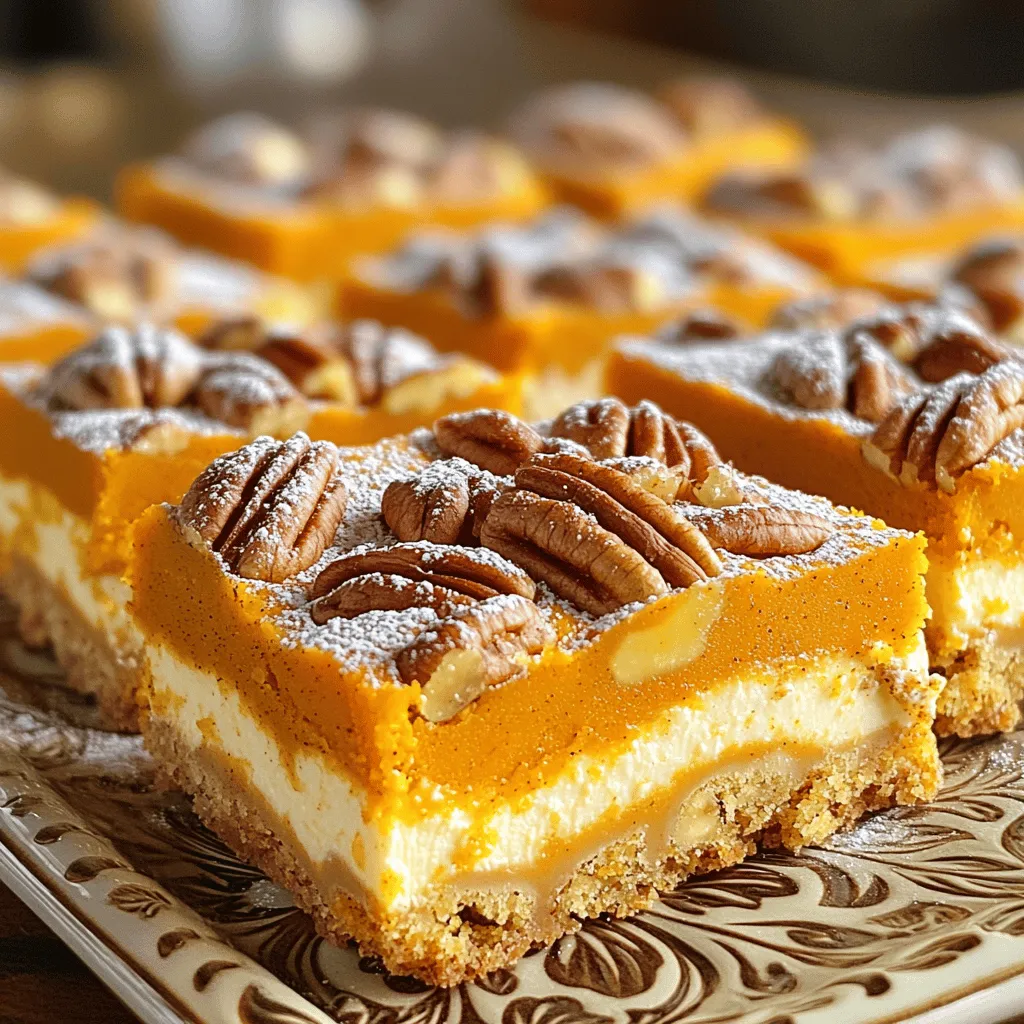 - 2 cups pumpkin puree - 1 cup granulated sugar - 1 teaspoon vanilla extract - 2 large eggs - 1 teaspoon ground cinnamon - 1/2 teaspoon ground nutmeg - 1/2 teaspoon ground ginger - 1/2 teaspoon salt - 1 1/2 cups all-purpose flour - 1 teaspoon baking powder - 1/2 teaspoon baking soda - 1 cup chopped pecans (optional) - 1 cup cream cheese, softened - 3 cups powdered sugar - 1 teaspoon milk I love using pumpkin puree from a can. It’s smooth and easy to mix. You can also use fresh pumpkin. Just cook it until soft and blend. Granulated sugar adds sweetness, while brown sugar gives a deeper flavor. Vanilla extract lifts the taste. I use large eggs for the best rise and texture. Ground spices add warmth. Cinnamon, nutmeg, and ginger create that cozy fall smell. Salt brings out all the flavors. All-purpose flour works best here. It gives the right structure. Baking powder and baking soda help the bars rise and stay soft. Chopped pecans add crunch. If you don’t like nuts, you can leave them out. Cream cheese makes the filling rich and creamy. Powdered sugar is sweet and gives the cream cheese its smooth texture. A little milk thins it out for easy spreading. Chopped pecans are optional. They add a nice crunch but are not needed. You can replace them with walnuts or leave them out for a nut-free treat. Start by gathering all your ingredients. You will need: - 2 cups pumpkin puree - 1 cup granulated sugar - 1 teaspoon vanilla extract - 2 large eggs - 1 teaspoon ground cinnamon - 1/2 teaspoon ground nutmeg - 1/2 teaspoon ground ginger - 1/2 teaspoon salt - 1 1/2 cups all-purpose flour - 1 teaspoon baking powder - 1/2 teaspoon baking soda - 1 cup chopped pecans (optional) - 1 cup cream cheese, softened - 3 cups powdered sugar - 1 teaspoon milk Make sure everything is at room temperature. This helps the batter mix well. In a large mixing bowl, add the pumpkin puree, sugar, vanilla, and eggs. Whisk it all together until smooth. In another bowl, mix the dry ingredients: cinnamon, nutmeg, ginger, salt, flour, baking powder, and baking soda. Gradually add these dry ingredients to the pumpkin mix. Stir gently until just combined. If you like nuts, fold in the chopped pecans. Pour this batter into a greased 9x13 inch baking pan and spread it evenly. Preheat your oven to 350°F (175°C) while you prepare the batter. Once mixed, bake the pan for 35-40 minutes. Check if it's done by inserting a toothpick in the center. It should come out clean. After baking, let the bars cool completely in the pan on a wire rack. This step is key to getting perfect slices. To get the best texture and flavor in your pumpkin crunch cake bars, follow these tips: - Use fresh ingredients: Fresh eggs and pumpkin puree make a big difference. They enhance taste and texture. - Mix gently: When combining wet and dry ingredients, mix until just combined. Overmixing can make the bars tough. - Cool before slicing: Let the bars cool completely in the pan. This helps them set and makes slicing easier. Here are some common mistakes to watch out for: - Skipping the spices: Spices like cinnamon, nutmeg, and ginger are key. They add warmth and depth to flavor. - Not measuring correctly: Use measuring cups and spoons for accuracy. This ensures the right balance of flavors. - Not greasing the pan: Always grease your baking pan. This prevents sticking and helps with easy removal. Serving your pumpkin crunch cake bars can be fun: - Presentation: Place the bars on a decorative platter. Dust with powdered sugar for a lovely finish. - Add toppings: A sprinkle of cinnamon or chopped pecans gives extra flair. You can also serve with whipped cream. - Pair with drinks: These bars go well with hot cider or coffee. They make a delightful treat for fall gatherings. {{image_2}} You can make these pumpkin crunch cake bars gluten-free. Use a gluten-free all-purpose flour blend instead of regular flour. Check that the blend has a good structure for baking. This change keeps the flavor rich while allowing everyone to enjoy the bars. Feel free to mix up the flavors. Instead of just pumpkin, try adding mashed banana or applesauce for a twist. You can also swap in different spices like cardamom or allspice. Each choice gives the bars a new taste and fun twist. Toppings can change the whole vibe of these bars. Try adding a layer of chopped walnuts or pecans on top before baking. Drizzle caramel sauce over the finished bars for extra sweetness. You can also sprinkle some chocolate chips for a delicious surprise in every bite. To keep your pumpkin crunch cake bars fresh, store them in an airtight container. Layer parchment paper between the bars to prevent sticking. These treats stay tasty for up to four days at room temperature. If you want them to last longer, consider refrigerating them. Cold bars can stay fresh for up to a week. Remember to let them cool completely before storing. You can freeze these bars for later enjoyment. First, cut them into squares. Wrap each piece in plastic wrap, then place them in a freezer bag. Be sure to remove any air from the bag. You can freeze them for up to three months. When you're ready to eat, just take out how many you need. Let them thaw in the fridge overnight or at room temperature for a few hours. If you want to enjoy warm pumpkin crunch cake bars, reheating is easy! Preheat your oven to 350°F (175°C). Place the bars on a baking sheet and cover them with aluminum foil. Heat for about 10-15 minutes. This will warm them without drying them out. You can also use the microwave. Heat each bar for about 15-20 seconds. Enjoy the warm, cozy flavors of fall! Yes, you can use fresh pumpkin. Start by roasting a pumpkin. Remove the seeds and skin, then puree the flesh until smooth. Use about 2 cups of your fresh puree. It gives a nice taste and more texture. These bars stay fresh for about 3 to 4 days. Store them in an airtight container at room temperature. If you want them to last longer, put them in the fridge. They will keep well for up to a week when chilled. If you need a substitute for cream cheese, try using Greek yogurt. It has a similar texture and tangy flavor. You can also use mascarpone or a dairy-free cream cheese. These options work well in the recipe. This blog post covered everything you need for pumpkin crunch cake bars. We explored the key ingredients, step-by-step instructions, and helpful tips. Variations allow you to make it your own, from gluten-free options to exciting toppings. Proper storage keeps these bars fresh for longer, and I answered common questions to ease your mind. Pumpkin crunch cake bars are simple and fun to make. Enjoy sharing them with friends and family!