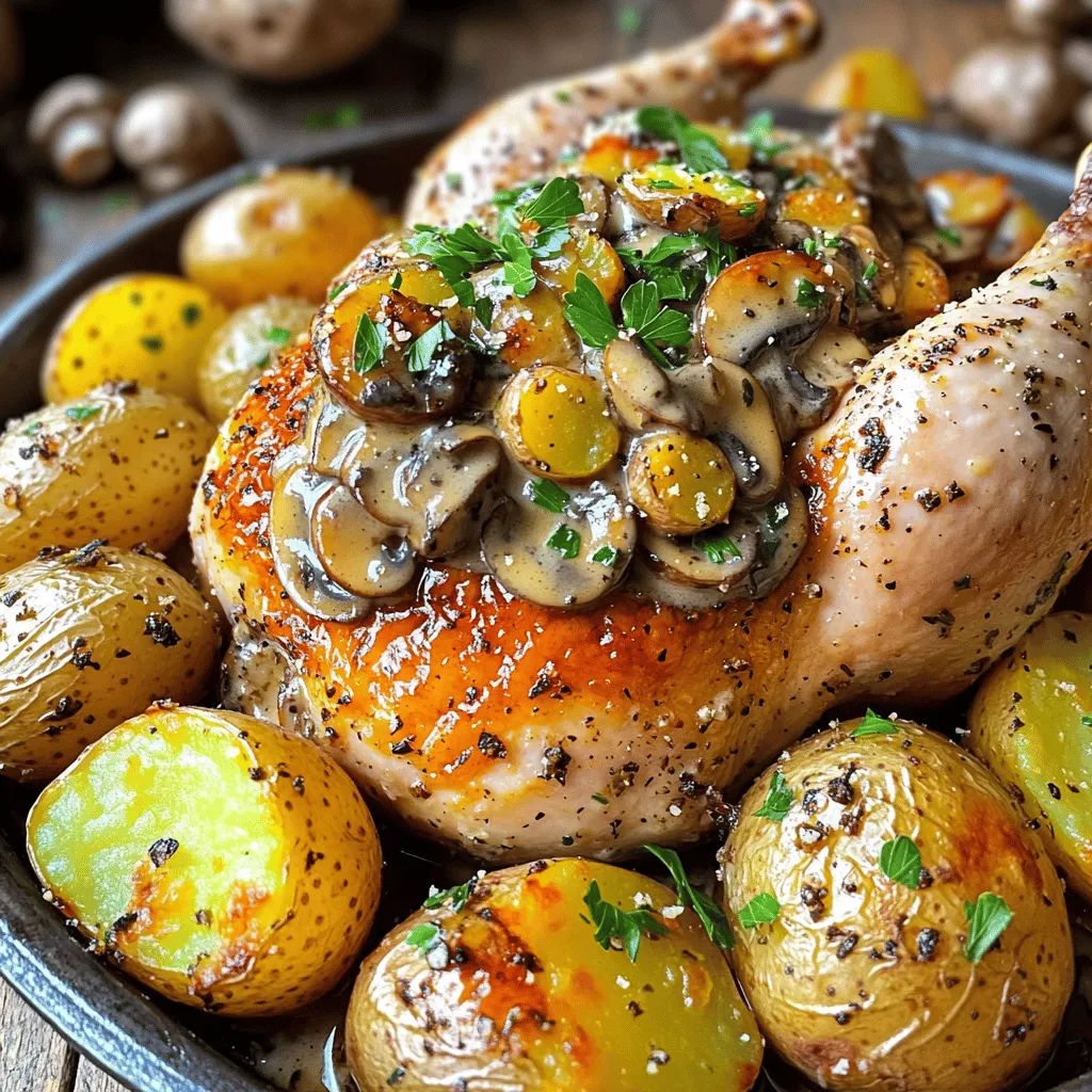- 1 whole chicken (4-5 pounds) - 2 pounds baby potatoes - 1 cup mushrooms - 2 tablespoons olive oil - 2 teaspoons garlic powder - 2 teaspoons onion powder - 1 tablespoon fresh rosemary, chopped - 1 tablespoon fresh thyme, chopped - Salt and pepper to taste - 1 lemon - 1 cup heavy cream - 1/2 cup grated Parmesan cheese - Fresh parsley for garnish When you gather these ingredients, you ensure a tasty meal. The whole chicken works as the star of this dish. The baby potatoes and mushrooms round out the meal with great flavors. The herbs and spices add depth and warmth. Olive oil helps the chicken roast evenly and keeps it juicy. Garlic and onion powders deliver a robust taste. Fresh rosemary and thyme provide a fragrant aroma that fills your kitchen. Don’t forget the lemon! It brightens the chicken and adds a zesty twist. The heavy cream and Parmesan cheese create a rich sauce that coats the potatoes. Finally, fresh parsley adds a splash of color and freshness to your plate. With this list, you are ready to create a delightful dish that impresses everyone at your table. - Preheat the oven to 425°F (220°C). - Pat the chicken dry with paper towels. - In a bowl, mix olive oil, garlic powder, onion powder, chopped rosemary, chopped thyme, salt, and pepper. This is your herb paste. - Squeeze half of the lemon in the chicken cavity. - Place the lemon halves inside the cavity for extra flavor. - Toss halved baby potatoes in a bowl with olive oil, salt, and pepper. - Arrange the potatoes around the chicken in a roasting pan. - Roast the chicken for about 1 hour, until it reaches 165°F (75°C) and the skin is golden brown. - Heat a skillet over medium heat. Add a splash of olive oil. - Add sliced mushrooms to the skillet. Sauté until golden brown and tender, about 5-7 minutes. - Pour in the heavy cream and bring it to a gentle simmer. - Stir in grated Parmesan cheese. Season with salt and pepper to taste. Let it simmer until the sauce thickens a bit. How to ensure the chicken is juicy and tender To keep the chicken juicy, start with a dry bird. Pat it dry with paper towels. Use a mix of olive oil and spices to rub the chicken. This adds flavor and helps keep moisture in. Roasting at a high temperature, like 425°F, crisps the skin and locks in juices. Let the chicken rest for 10-15 minutes before carving. This lets the juices settle. Best practices for seasoning Seasoning is key for great flavor. Use a mix of garlic powder, onion powder, rosemary, and thyme for a tasty herb paste. Rub this mix under the skin and all over the chicken. Add salt and pepper to taste. Don’t forget to squeeze lemon inside the cavity. This adds a fresh, zesty flavor. Adding herbs or spices to the creamy sauce To make the sauce pop, try adding fresh herbs like parsley or basil. A pinch of nutmeg can also give it warmth. If you want heat, add a dash of red pepper flakes. Stir these in after adding the cream for the best flavor. Thickening the sauce options If the sauce is too thin, you have options! Let it simmer longer to reduce it. You can also mix a bit of cornstarch with water to thicken it quickly. Just stir it in and let it cook for a few minutes. Ideal side dishes that complement the meal This meal shines with simple sides. Roasted vegetables like carrots or green beans work well. A fresh salad with a light vinaigrette balances the richness. You can also serve crusty bread to soak up the sauce. Garnishing ideas for visual appeal Garnish your dish with fresh parsley for a pop of color. A few lemon slices on the side add brightness. You can also sprinkle extra Parmesan cheese over the creamy sauce for added flair. This makes the dish look even more inviting. {{image_2}} You can easily switch up the veggies in this dish. Instead of baby potatoes, try using sweet potatoes or carrots. They add a nice twist and extra sweetness. If you want more greens, consider adding Brussels sprouts or green beans. For herbs, mix it up! Instead of rosemary and thyme, try tarragon or oregano. Each herb brings its own flavor. Experiment to find your favorite blend. If you need gluten-free options, this recipe is already safe. Just make sure any added sauces or spices are also gluten-free. For a dairy-free creamy sauce, use coconut cream instead of heavy cream. You can also try nutritional yeast to add a cheesy taste without dairy. Want to make it easy? Use a slow cooker! Just season the chicken and place it in the cooker with the potatoes. Cook on low for about 6 hours. For a smoky flavor, try grilling the chicken. Marinate it with the same herbs and spices. Grill it over medium heat until fully cooked. This can add a fun, charred taste to your meal. To keep your leftover roasted chicken fresh, store it in the fridge. Use airtight containers to keep moisture in. Place chicken pieces in one container and potatoes in another. This way, each retains its taste. Let cool before sealing. Keep leftovers for up to four days. To reheat the chicken without drying it out, add a splash of broth or water. Wrap it in foil to keep it moist. Heat in the oven at 350°F for about 20 minutes. For the creamy sauce, gently warm it in a pan over low heat. Stir often to prevent burning. You can freeze cooked chicken and potatoes. Make sure they cool completely before freezing. Use freezer-safe bags or containers. Label them with the date. For reheating, thaw in the fridge overnight. Reheat in the oven or stovetop to avoid sogginess. Enjoy your delicious meal even days later! Roasting a chicken takes about 20 minutes per pound. For a 4-5 pound chicken, this means 1 hour to 1 hour and 15 minutes. Always check the chicken after an hour. If it looks golden, it might be close to done. Yes, you can marinate the chicken overnight. Marinating adds flavor and makes the chicken tender. Use olive oil, garlic, and herbs for the best taste. You can add lemon juice for a nice zing. Check the internal temperature with a meat thermometer. The chicken should reach 165°F (75°C) in the thickest part. If you don't have a thermometer, cut into the thigh. The juices should run clear, not pink. This article guides you through making a delicious roasted chicken meal with creamy mushroom sauce. We covered the main ingredients, cooking steps, and tips to ensure success. Remember, using fresh herbs adds great flavor. You can customize this dish to fit your taste or dietary needs. Don’t forget about storage and reheating tips for any leftovers. Enjoy your cooking journey, and I hope you savor this delightful dish!