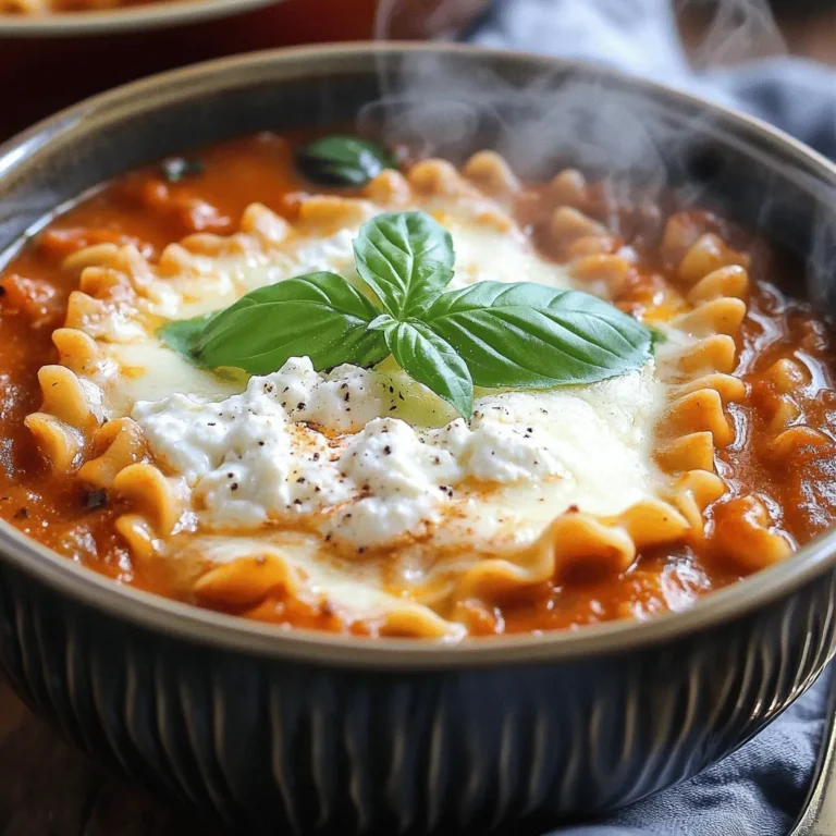 To make a delicious Crockpot Lasagna Soup, gather these ingredients: - 1 pound ground beef or turkey - 1 onion, diced - 3 cloves garlic, minced - 1 can (28 ounces) crushed tomatoes - 1 can (15 ounces) tomato sauce - 4 cups beef or vegetable broth - 2 teaspoons dried oregano - 1 teaspoon dried basil - 1 teaspoon red pepper flakes (optional) - 8 ounces broken lasagna noodles - 1 cup ricotta cheese - 2 cups shredded mozzarella cheese - 1/2 cup grated Parmesan cheese - Salt and pepper to taste - Fresh basil or parsley for garnish You can swap ingredients to fit your taste or needs. Use ground turkey instead of beef for a lighter option. If you want to keep it vegetarian, skip the meat and add more veggies like bell peppers or zucchini. You can also use vegetable broth instead of beef broth. For a dairy-free version, try cashew cheese in place of ricotta and skip the mozzarella. When picking fresh ingredients, focus on quality. Choose ground meat that looks bright and fresh. For the onion, look for firm ones without soft spots. Select garlic that is tight and has no sprouts. For tomatoes, choose cans that are free from dents or rust. Fresh herbs like basil or parsley should be vibrant and fragrant. Always read the labels on canned goods for the best quality. To start, gather all your ingredients. You will need ground beef or turkey, diced onion, garlic, crushed tomatoes, tomato sauce, broth, dried herbs, lasagna noodles, and cheeses. 1. Heat a skillet on medium. Brown the ground beef or turkey with the diced onion. This takes about 5-7 minutes. 2. When the meat is no longer pink, drain any fat. Add minced garlic to the skillet. Cook for one more minute until you smell the garlic. 3. Move the meat mixture to your crockpot. Add crushed tomatoes, tomato sauce, and broth to the pot. 4. Mix in the dried oregano, basil, and red pepper flakes if you like heat. Season with salt and pepper to taste. Now it's time to cook! Cover your crockpot and set it to low for 6-8 hours or high for 3-4 hours. - About 30 minutes before you plan to eat, break the lasagna noodles into smaller pieces. Stir them into the soup. - Cover the pot again and let it cook until the noodles are tender. When your soup is ready, stir in ricotta cheese and half of the mozzarella cheese. This makes it creamy and delicious. Serve the soup hot in bowls. Top each serving with the rest of the mozzarella cheese and a sprinkle of grated Parmesan. For a fresh touch, add some chopped basil or parsley on top. Enjoy! One mistake is not browning the meat enough. This adds rich flavor. Always drain the fat after browning. If you skip this step, the soup can be greasy. Also, don’t add the noodles too early. They can turn mushy if cooked too long. Remember to stir the soup well before serving. This helps mix all the flavors. Use fresh herbs whenever you can. Fresh basil or parsley can brighten the soup. You can also add a splash of balsamic vinegar for depth. If you want heat, increase the red pepper flakes. Cheeses can boost flavor too. Try mixing in different cheeses like provolone or gouda. They can add unique tastes to your dish. A good crockpot is key for this recipe. Look for one with a timer. This helps you cook without worry. Use a heavy skillet for browning the meat. A sharp knife makes chopping veggies easier. I recommend a large spoon for stirring. A ladle is handy for serving. These tools can make your cooking experience smooth and fun. {{image_2}} You can easily make this soup vegetarian by skipping the meat. Use extra veggies instead. Try adding mushrooms, zucchini, or bell peppers. For a vegan version, swap ricotta for tofu or cashew cheese. Use vegetable broth to keep it plant-based. If you need a gluten-free option, use gluten-free lasagna noodles. There are many types available in stores. You can also use rice or quinoa for a fun twist. Just be sure to adjust cooking times for these alternatives. To boost flavor, consider adding more herbs. Thyme and parsley work great in this dish. You can also add spinach or kale for extra nutrients. For a kick, toss in more red pepper flakes. For creaminess, stir in heavy cream before serving. To store leftover Crockpot Lasagna Soup, let it cool first. Use airtight containers. Keep the soup in the fridge for up to four days. Make sure to label the containers with the date. This way, you can enjoy it later without worry. When ready to reheat, pour the soup into a pot. Heat it over medium heat until hot. You can also use the microwave. Place the soup in a microwave-safe bowl and cover it. Heat in short bursts, stirring in between, until it reaches the right temperature. If you want to freeze the soup, do it before adding the noodles. Let it cool to room temperature. Use freezer-safe bags or containers. Remove as much air as possible. Label with the date and freeze for up to three months. When ready to eat, thaw in the fridge overnight before reheating. To make this soup vegetarian, swap the ground beef or turkey for lentils or mushrooms. You can also add more veggies like zucchini or spinach. Use vegetable broth instead of beef broth. This keeps the soup hearty and full of flavor. Yes, you can use fresh lasagna noodles. Break them into smaller pieces to fit in the soup. Add them to the crockpot about 30 minutes before serving. This helps them cook well and stay tender. Crockpot Lasagna Soup lasts about 3 to 4 days in the fridge. Store it in an airtight container to keep it fresh. Reheat only what you need to avoid waste. Serve the soup with garlic bread or a fresh salad. You can also pair it with some crusty bread for dipping. These sides enhance the meal and add more flavor. This blog post covers all you need to know about making Crockpot Lasagna Soup. We started with a complete ingredient list and substitutions. You learned tips on how to pick fresh ingredients. The step-by-step instructions made cooking easy and fun. We shared some common mistakes to avoid and ways to enhance the flavor. In the end, remember that this dish has many variations. You can make it vegetarian or gluten-free. Don’t forget about the storage tips for leftovers. Enjoy your cooking and share this comforting meal with friends and family.