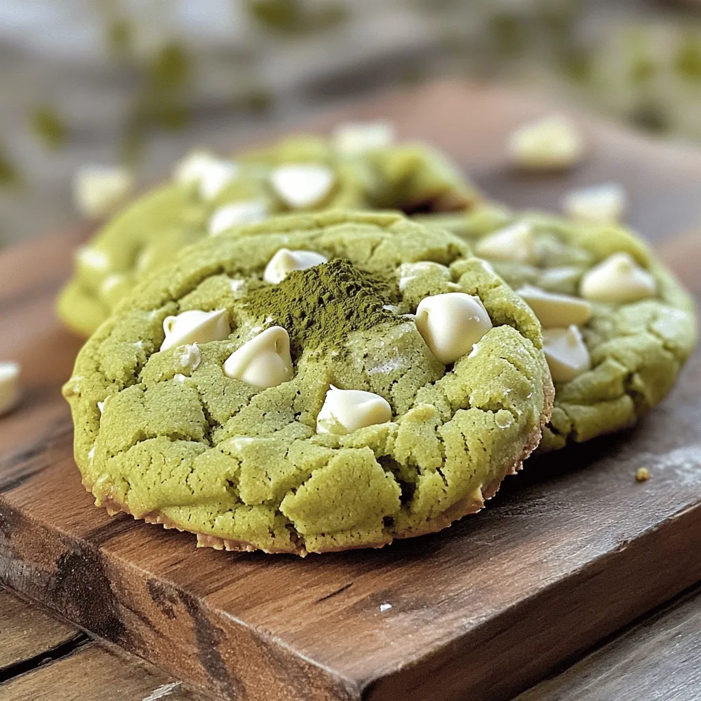 To make Matcha White Chocolate Cookies, you need the following ingredients: - 1 cup all-purpose flour - 1 tablespoon matcha green tea powder - 1/2 teaspoon baking soda - 1/4 teaspoon salt - 1/2 cup unsalted butter, softened - 1/2 cup granulated sugar - 1/2 cup brown sugar, packed - 1 large egg - 1 teaspoon vanilla extract - 1 cup white chocolate chips - Optional garnish: a pinch of matcha powder These ingredients come together to create a soft and chewy cookie. The matcha adds a lovely green color and a unique flavor. White chocolate chips bring sweetness and creaminess. Using good quality matcha is key because it enhances the taste and color. Make sure your butter is softened to help create a fluffy dough. You will mix the dry and wet ingredients separately before combining them. This helps the cookies rise and stay soft. Enjoy gathering these items; the baking process will be rewarding! - Preheat your oven to 350°F (175°C). - Line a baking sheet with parchment paper. - In a medium bowl, mix together: - 1 cup all-purpose flour - 1 tablespoon matcha green tea powder - 1/2 teaspoon baking soda - 1/4 teaspoon salt - Set this bowl aside. - In a large bowl, cream together: - 1/2 cup unsalted butter, softened - 1/2 cup granulated sugar - 1/2 cup brown sugar, packed - Beat the mixture until it is light and fluffy, about 2-3 minutes. - Add 1 large egg and 1 teaspoon vanilla extract to the butter mix. - Beat until fully combined. - Gradually add the dry mix to the wet mix. - Stir until just combined; do not over-mix. - Gently fold in 1 cup of white chocolate chips. - Using a spoon or cookie scoop, drop rounded tablespoons of dough onto the baking sheet. - Space them about 2 inches apart. - If you want, sprinkle a tiny pinch of matcha powder on top of each cookie for a nice look. - Bake in the oven for 10-12 minutes. - Look for lightly golden edges and soft centers. - After baking, let the cookies cool on the sheet for 5 minutes. - Then, transfer them to a wire rack to cool completely. - Avoiding over-mixing: Mix your dough just until combined. Over-mixing can make cookies tough. This is key for soft and chewy cookies. - Achieving the right consistency: Your dough should be slightly sticky but not wet. If it feels too dry, add a bit of milk. If too wet, add a touch more flour. - Best baking tips: Use parchment paper to prevent sticking. Bake until the edges are golden, but the centers stay soft. This gives the cookies a nice texture. - Choosing quality matcha: Use culinary-grade matcha for baking. It has the right balance of flavor and color. Look for vibrant green matcha, as it indicates freshness. - Adjusting sweetness levels: If you prefer less sweet cookies, reduce the sugar slightly. The white chocolate adds sweetness, so adjust to your taste. - Serving suggestions: Enjoy these cookies warm with a cup of tea or milk. They also pair well with vanilla ice cream for a delightful dessert. {{image_2}} - Using dark chocolate chips: If you prefer a richer taste, swap white chocolate for dark chocolate chips. The bold flavor of dark chocolate pairs well with matcha. It balances the sweetness and enhances the overall taste. - Gluten-free options: For a gluten-free treat, use almond flour or a gluten-free flour blend. These options still yield a chewy cookie. Just make sure to check the flour blend for added ingredients. - Vegan substitutions: To make these cookies vegan, replace the egg with a flaxseed meal or applesauce. Use vegan butter instead of regular butter. This keeps the texture while making it plant-based. - Adding nuts or dried fruit: You can elevate the cookies by adding nuts like macadamia or walnuts. Dried fruits like cranberries or apricots can also add a sweet chewiness to your cookies. - Pairing with different teas: Matcha cookies pair well with various teas. Try serving them with jasmine tea or chai for a unique flavor experience. The warmth of the tea enhances the cookie's taste. - Modifying matcha ratio: Adjust the amount of matcha in the recipe for a stronger or milder flavor. If you want a more intense green tea taste, add an extra half tablespoon of matcha. This change will make the color and flavor pop even more! - Room temperature storage: Keep your cookies in an airtight container. This helps them stay soft. They will last for about three days on the counter. - Refrigeration tips: If you want them to last longer, put them in the fridge. Use an airtight container to avoid drying. They will stay fresh for about one week. - Freezing for later: You can also freeze your cookies. Wrap them in plastic wrap and then place them in a freezer bag. They can stay good for up to three months. Just thaw them at room temperature before enjoying. - Expected freshness timeline: These cookies taste best fresh but can last. At room temperature, they stay fresh for about three days. In the fridge, they last around one week. If frozen, they keep for three months. - Signs of spoilage: Look for changes in smell or texture. If they smell off or feel hard, it's time to toss them. Mold is a clear sign that they are no longer good. Enjoy your cookies while they are fresh! What is matcha and why use it in cookies? Matcha is finely ground green tea. It gives cookies a bright green color and a unique taste. Using matcha adds a rich, earthy flavor. It also brings some health benefits, like antioxidants. Can I make these cookies ahead of time? Yes, you can make the dough and chill it. Wrap it in plastic wrap. This keeps the dough fresh for up to three days. When you’re ready, bake the cookies straight from the fridge. How do I know when the cookies are done? Look for lightly golden edges. The centers should still look soft. They will firm up as they cool. If you wait too long, they may become hard. Can I substitute ingredients for allergies? Yes! You can use gluten-free flour for a gluten-free option. If you have a dairy allergy, try vegan butter instead of regular butter. You can also swap white chocolate with dark chocolate. Where can I find pre-made Matcha White Chocolate Cookies? You can find them at specialty bakeries or online shops. Many tea shops also sell matcha cookies. Always check local grocery stores in the baked goods section. What pairings go best with Matcha White Chocolate Cookies? These cookies taste great with a cup of green tea. They also pair well with milk or almond milk. If you want to try something different, serve them with a light fruit salad. These Matcha White Chocolate Cookies combine unique flavors with simple steps. You learned about key ingredients, how to mix and bake, and tips for the best results. Try different variations to make them your own. Always store them properly to keep them fresh. Your journey to perfect cookies starts now. Enjoy every bite and share them with friends!
