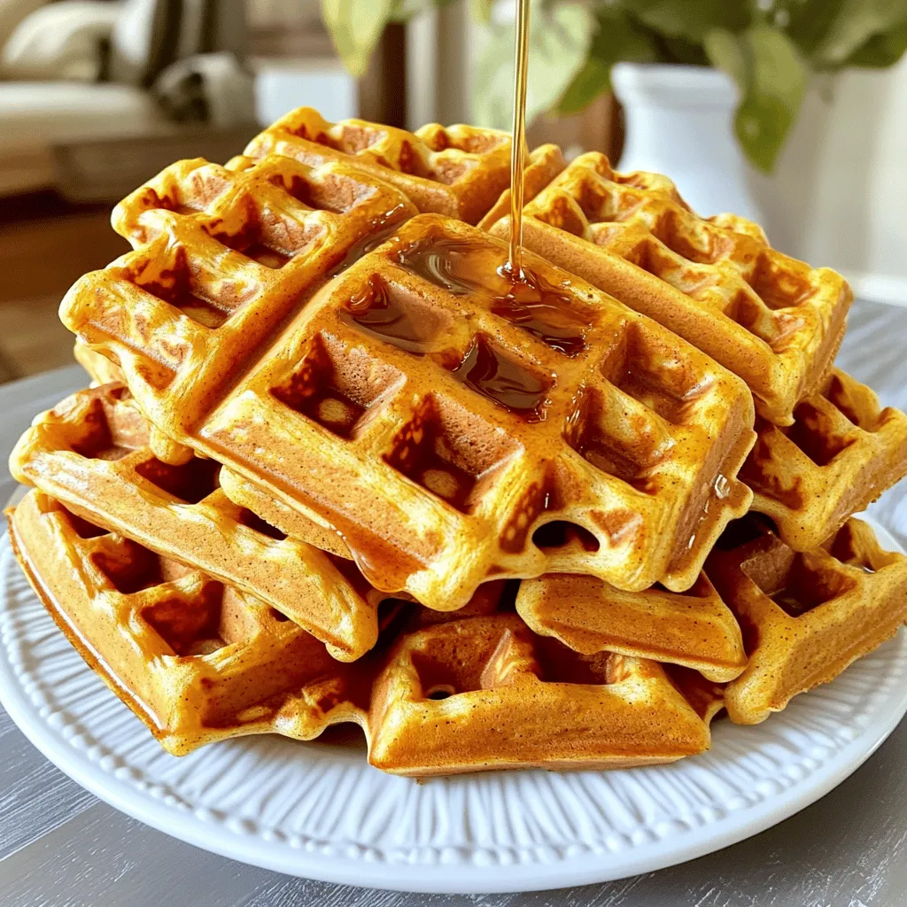 - 1 cup all-purpose flour - 1 tablespoon baking powder - 1/2 teaspoon baking soda - 1 teaspoon ground cinnamon - 1/2 teaspoon ground nutmeg - 1/2 teaspoon ground ginger - 1/4 teaspoon salt - 1 cup canned pumpkin puree - 2 large eggs - 1/4 cup brown sugar - 1/2 cup milk (dairy or non-dairy) - 1/2 teaspoon vanilla extract - 1/4 cup melted butter You need these items to make tasty spiced pumpkin waffles. The flour gives the waffles structure. Baking powder and baking soda help them rise. The spices add warmth and flavor. Pumpkin puree makes the waffles moist and adds nutrition. Eggs help bind everything together. Brown sugar adds sweetness, while milk keeps the batter smooth. Finally, melted butter gives a rich taste. - 1/2 cup unsalted butter - 1/2 cup pure maple syrup For the brown butter maple syrup, you’ll need unsalted butter and pure maple syrup. The butter is key. When it browns, it brings out a nutty flavor. Mixing it with maple syrup creates a sweet topping that matches the waffles perfectly. - Dairy-free milk alternatives - Chopped nuts or chocolate chips You can also add dairy-free milk if you want a lighter option. Chopped nuts or chocolate chips can give your waffles extra texture and taste. Feel free to get creative! 1. Preheat the waffle maker. Set it up according to the instructions. It needs to be hot. 2. Combine dry ingredients in a bowl. Mix 1 cup of flour, 1 tablespoon of baking powder, 1/2 teaspoon of baking soda, and spices. Use 1 teaspoon of cinnamon, 1/2 teaspoon of nutmeg, 1/2 teaspoon of ginger, and 1/4 teaspoon of salt. Stir well. 3. Whisk wet ingredients until smooth. In another bowl, mix 1 cup of pumpkin puree, 2 large eggs, 1/4 cup of brown sugar, 1/2 cup of milk, 1/2 teaspoon of vanilla extract, and 1/4 cup of melted butter. Make sure it is well blended. 1. Combine wet and dry ingredients. Pour the wet mix into the dry mix. Stir gently until just combined. The batter will be thick, so do not overmix. 2. Cook waffles according to waffle maker instructions. Lightly grease the waffle maker first. Pour the right amount of batter into the maker. Cook until golden brown, about 4-6 minutes. 1. Melt butter over medium heat until golden. Use 1/2 cup of unsalted butter in a small saucepan. Watch it closely as it foams and turns brown. This takes about 5-7 minutes. 2. Stir in maple syrup and mix well. Once the butter is brown, remove from heat. Add 1/2 cup of pure maple syrup and stir to combine. Keep it warm for serving. These steps will bring you delicious spiced pumpkin waffles topped with rich brown butter maple syrup. Enjoy each bite! To avoid soggy waffles, follow these tips: - Do not overmix the batter. Mix until just combined. - Preheat your waffle maker properly. This helps the waffles cook evenly. - Use less batter than you think. Each maker has its own guidelines. For waffle maker settings, try these: - Set your waffle maker to medium-high heat. - Cook the waffles for about 4-6 minutes. Check for golden brown color. Adjusting spice levels can personalize your waffles. If you love warm flavors, add more cinnamon or nutmeg. For a kick, try a pinch of cayenne. For toppings, get creative! Here are a few ideas: - Whipped cream adds a light sweetness. - Sliced bananas or strawberries give fresh flavor. - Chopped nuts add crunch and texture. Pair your waffles with coffee or tea for a cozy meal. A rich coffee complements the spices well. For side dishes, consider these options: - Bacon or sausage gives a savory contrast. - A side of fresh fruit keeps things light and refreshing. {{image_2}} You can enjoy these waffles gluten-free by using almond flour or a gluten-free flour mix. Almond flour gives a nice nutty flavor. It also makes the waffles tender. If you prefer a mix, look for one that contains xanthan gum. This helps the waffles hold together well. Replace the all-purpose flour with the same amount of your gluten-free option. To make these waffles vegan, swap eggs and dairy milk for plant-based options. Use flaxseed meal mixed with water as an egg substitute. Mix one tablespoon of flaxseed meal with three tablespoons of water for each egg. For milk, choose almond, soy, or oat milk. These changes keep the flavor rich and enjoyable. You can add more fun to your waffles by mixing in chocolate chips or dried fruits. Chocolate chips bring extra sweetness and a rich taste. Dried fruits, like cranberries or raisins, add chewiness and a fruity burst. Stir in about half a cup of your choice before cooking the waffles. This makes each bite exciting and delicious! To store leftover waffles, let them cool completely. Place them in an airtight container. You can also layer parchment paper between the waffles. This keeps them from sticking together. Store the container in the fridge. They will stay fresh for up to three days. Freezing waffles is easy and a great way to save them. First, let the waffles cool down. Then, wrap each waffle in plastic wrap. Place them in a freezer-safe bag or container. This prevents freezer burn. When you are ready to eat them, simply toast them. This reheats and crisps them perfectly. In the fridge, the waffles last for about three days. If you freeze them, they can last for about two months. Just remember to check for any signs of freezer burn before using. Storing them correctly helps maintain their flavor and texture. Yes, you can use fresh pumpkin! Using fresh pumpkin gives a rich taste. Start by selecting a small sugar pumpkin. Cut it in half and scoop out the seeds. Roast the pumpkin halves at 400°F for about 40 minutes. Once soft, scoop the flesh into a bowl and mash it up. This fresh puree works great in the recipe. It can add a nice homemade touch to your waffles. Spiced pumpkin waffles are tasty with many sides. Here are some great options: - Whipped cream for a light touch - Fresh fruits, like berries or bananas - Nuts, such as walnuts or pecans, for crunch - A drizzle of honey for extra sweetness - A sprinkle of powdered sugar for a lovely finish You can make these waffles ahead! Here are some simple tips: - Cook the waffles as usual and let them cool. - Place the waffles in a single layer on a baking sheet. - Freeze them for up to 3 months. - When ready to eat, pop them in a toaster or oven until warm. This way, you can enjoy homemade waffles any day! For the full recipe of spiced pumpkin waffles with brown butter maple syrup, follow this link: [Spiced Pumpkin Waffles Recipe](#). Enjoy making these delicious treats! In this blog post, I shared how to make delicious spiced pumpkin waffles. You learned about the main ingredients, the steps to prepare the batter, and tips to perfect your waffles. Don’t forget to try the brown butter maple syrup for added flavor. You can adjust the recipe easily for vegan or gluten-free needs. With these insights, you can enjoy a warm, cozy meal anytime. Enjoy your cooking and share your tasty waffles with friends!