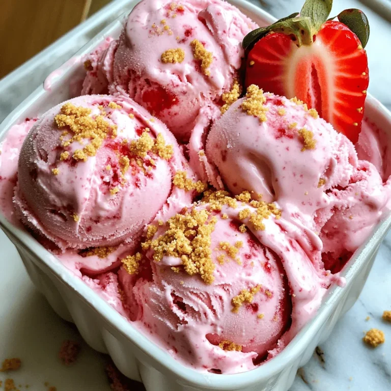 To make this tasty ice cream, gather these ingredients: - 2 cups fresh strawberries, hulled and sliced - 1 cup cream cheese, softened - 1 cup heavy whipping cream - ½ cup sweetened condensed milk - ½ cup granulated sugar - 1 teaspoon vanilla extract - 1 tablespoon lemon juice - ½ cup graham cracker crumbs - A pinch of salt Fresh strawberries are key to this recipe. They add sweet flavor and vibrant color. When choosing strawberries, look for ones that are bright red and firm. Avoid any with white or green spots, as they are not fully ripe. Take a moment to smell them; ripe strawberries have a sweet scent. If you can, buy organic strawberries. They often taste better and are free from harmful sprays. You can swap out sugar for different sweeteners. Maple syrup or honey works well if you want a natural option. If you prefer a low-calorie option, try stevia or erythritol. Adjust sweeteners to taste, especially if your strawberries are very sweet. For a dairy-free version, use coconut cream instead of heavy cream and cream cheese. This keeps the texture creamy while adding a new flavor twist. First, take your fresh strawberries. Slice them and place them in a medium bowl. Add two tablespoons of sugar and one tablespoon of lemon juice. Let the strawberries rest for about 15 minutes. This will help the strawberries release their sweet juices. You want them to become soft and syrupy. In a large bowl, set your softened cream cheese. Use an electric mixer to beat it until creamy. This should only take a few minutes. Next, add the sweetened condensed milk, granulated sugar, and vanilla extract. Mix it all together until smooth and well blended. The cream cheese should be light and fluffy. In another bowl, pour in your heavy whipping cream. Use a mixer to whip it until stiff peaks form. This means the cream should hold its shape when you pull the beaters out. Once whipped, gently fold the cream into your cream cheese mixture. Be careful not to deflate the whipped cream. You want to keep it light and airy. Now, take your macerated strawberries with their juices. Gently fold them into the cream cheese mixture. Be cautious not to overmix; you want to keep those lovely pink swirls. After that, add a pinch of salt and fold in the graham cracker crumbs. Save some crumbs for later to sprinkle on top. Transfer your ice cream mixture to an airtight container. Spread it evenly and smooth the top with a spatula. Sprinkle the reserved graham cracker crumbs on top for extra crunch. Cover it with a lid or plastic wrap. Freeze for at least six hours or until firm. When ready to serve, scoop the ice cream into chilled bowls. You can add fresh strawberry slices or a mint sprig for a nice touch. Enjoy your no-churn strawberry cheesecake ice cream! To get a creamy texture, start with room-temperature cream cheese. Beat it well until smooth. This helps avoid lumps. Whipping the heavy cream is also key. Whip it until stiff peaks form. This adds air and lightness. Gently fold the whipped cream into the cream cheese mix. Use a spatula, so you keep the air in. This makes your ice cream fluffy and creamy. To stop ice crystals, freeze the ice cream in a shallow container. This helps it freeze faster. Stir the mixture once or twice while it freezes. This breaks up any forming ice crystals. You can also add a little alcohol, like vodka, to the mix. Alcohol lowers the freezing point, keeping it creamy. When ready to serve, scoop the ice cream into chilled bowls. This keeps it from melting too fast. For a nice touch, top with fresh strawberry slices. A sprig of mint adds color and freshness. You can also sprinkle extra graham cracker crumbs on top for crunch. Presentation matters, so make it look nice! {{image_2}} You can change up the flavor of your ice cream easily. Try adding different extracts. Almond extract adds a nice twist. A tablespoon of cocoa powder gives a rich chocolate flavor. You can use a spoonful of peanut butter for a nutty taste. These small changes keep the base fresh and fun. You can use many fruits in place of strawberries. Fresh peaches work beautifully in summer. In fall, try ripe pears or apples. Berries like raspberries or blueberries are great too. Just remember to adjust the sugar, as some fruits are sweeter than others. Mix and match to create your favorite flavor! While graham crackers are classic, you have other choices. Try crushed Oreos for a chocolatey base. Vanilla wafer crumbs add a lovely sweetness. If you want a nutty flavor, use crushed almonds or pecans. Each option brings a unique taste and texture to your ice cream. Get creative and find your perfect crust! To keep your no-churn strawberry cheesecake ice cream fresh, store it in an airtight container. Make sure to press a piece of plastic wrap directly on the surface of the ice cream before sealing the lid. This helps stop ice crystals from forming and keeps it creamy. If you have leftover ice cream, always scoop it out with a warm spoon. This makes it easier to serve without melting. No-churn strawberry cheesecake ice cream lasts about two weeks in the freezer. After this time, it may start to lose flavor and texture. To enjoy it at its best, try to eat it within that time frame. If you notice any off-smells or changes in color, it's best to toss it. If you need to re-freeze your ice cream, do it carefully. Let it soften a bit before scooping. Then, put it back into its container and freeze again. Avoid repeated thawing and refreezing, as this can lead to ice crystals and affect the taste. For best results, only take out what you plan to serve. This way, your ice cream stays smooth and tasty. Yes, you can use frozen strawberries. They will work well in this recipe. Just remember to thaw them first. Drain any extra liquid before mixing. This helps keep the texture right. Frozen strawberries may not taste as fresh, but they add great flavor. Yes, you can make a dairy-free version. Use dairy-free cream cheese and coconut cream instead of heavy cream. For sweetness, use coconut condensed milk. This keeps the taste rich and creamy. You won’t miss the dairy at all! To achieve a smooth texture, mix the cream cheese and sweetened condensed milk well. Whip the heavy cream until it forms stiff peaks. Gently fold everything together. This method helps keep air in the mixture. Air creates a light and fluffy ice cream. This article covered the key steps to make No-Churn Strawberry Cheesecake Ice Cream. We explored fresh strawberries, alternative sweeteners, and techniques for creamy, smooth texture. Remember to store your ice cream properly to keep it fresh. You can also try different flavors or crusts to make it your own. Making ice cream at home is fun and rewarding. Enjoy each scoop of your delicious creation!